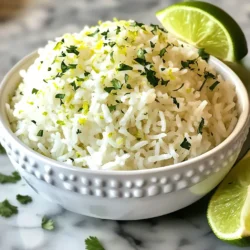 To make Coconut Lime Rice, gather these simple items: - 1 cup jasmine rice - 1 cup coconut milk - 1/2 cup water - 1 tablespoon sugar - Zest and juice of 1 lime - 1/2 teaspoon salt These ingredients work together to create a creamy and zesty dish. Jasmine rice gives a nice aroma and texture. Coconut milk adds richness and a subtle sweetness. Lime gives bright flavor that makes the dish pop. You can make your dish even better with these garnishes: - Fresh cilantro, chopped - Lime wedges for serving Adding cilantro brings a fresh taste. Lime wedges give guests a chance to add more zing. Both make your dish look colorful and fun. Coconut Lime Rice pairs well with many meals. Here are some tasty ideas: - Serve it with grilled chicken or fish. - Add it to a stir-fry for extra flavor. - Use it as a base for a bowl with veggies and proteins. These options make your meal complete and enjoyable. The rice brings a tropical vibe to any plate. {{ingredient_image_2}} Start by rinsing 1 cup of jasmine rice under cold running water. Rinsing helps remove excess starch. This keeps your rice from being too sticky. Keep rinsing until the water runs clear. Once clear, drain the rice well. In a medium saucepan, mix the rinsed rice with 1 cup of coconut milk, 1/2 cup of water, 1 tablespoon of sugar, and 1/2 teaspoon of salt. Stir the mixture gently to blend the ingredients. Set the saucepan over medium heat and bring it to a gentle boil. Watch closely to prevent overflow. Once it boils, lower the heat. Cover the pan with a lid and let it simmer for 15 minutes. During this time, the rice will soak up all the liquid. After 15 minutes, turn off the heat but keep the lid on. Let the rice sit for another 5 minutes. This steaming step makes the rice fluffy and tender. After steaming, use a fork to fluff the rice gently. This helps separate the grains. Add the zest and juice of 1 lime to the rice. Mix lightly to spread the zesty flavor throughout. Serve the coconut lime rice warm. Garnish with freshly chopped cilantro and add lime wedges on the side. This adds extra zest for your guests. Enjoy your tasty dish! To get the best texture, start with jasmine rice. Rinse it well under cold water. This step removes extra starch, which makes the rice sticky. When the water runs clear, you know it&rsquo;s done. The perfect cook time is key. Simmer the rice for 15 minutes on low heat, then cover and let it steam. This extra time makes the rice fluffy and light. Coconut lime rice needs bright flavors. Add lime zest and juice after fluffing the rice. This step gives it a fresh, zesty kick. For more depth, try adding a dash of garlic powder or a pinch of ginger. Fresh cilantro adds a nice herbal note when you sprinkle it on top before serving. If you like heat, a few red pepper flakes can spice things up. Avoid overcooking the rice. If you cook it too long, it can turn mushy. Also, don&rsquo;t skip the rinsing step. This mistake leads to sticky rice. Be careful with the heat. If it boils too fast, the liquid may overflow. Lastly, don&rsquo;t forget to let the rice steam after cooking. This final step is crucial for the best texture. Pro Tips Rinse the Rice: Always rinse your jasmine rice thoroughly until the water runs clear. This step helps remove excess starch, preventing the rice from becoming sticky during cooking. Simmer Gently: Keep an eye on the saucepan when bringing the mixture to a boil. Once boiling, reduce the heat to low to simmer gently, ensuring the rice cooks evenly without burning. Steaming is Key: After removing the rice from heat, let it sit covered for an additional 5 minutes. This allows the rice to steam, enhancing its texture and fluffiness. Garnish for Flavor: Don't skip the fresh cilantro and lime wedges for garnish. They not only add a pop of color but also enhance the flavor profile of the coconut lime rice. {{image_4}} You can easily add veggies to your coconut lime rice. This makes it colorful and healthy. Try adding peas, bell peppers, or carrots for a tasty mix. Start by saut&eacute;ing the veggies in a pan with a bit of oil until they are soft. Then, mix them into the rice just before serving. The veggies add crunch and flavor. Plus, they brighten up the dish! If you love heat, spice up your coconut lime rice! Adding chili flakes or diced jalape&ntilde;os can give it a kick. Add the spice while the rice cooks for a deep flavor. You can also serve it with hot sauce on the side for those who like it extra spicy. This version pairs well with grilled meats or fish. You can play with herbs and spices to change the taste. Try adding fresh basil or mint for a floral twist. A pinch of cumin can add warmth, while a dash of garlic powder can give it depth. Mix and match to find your favorite flavor. Don't be afraid to experiment! Each variation brings a new twist to this simple dish. To store leftover coconut lime rice, let it cool first. Place it in an airtight container. You can keep it in the fridge for up to four days. Make sure to seal the container well. This helps keep the rice fresh. If you have a lot, divide it into smaller portions. This way, you can enjoy it later without waste. Reheating coconut lime rice is simple. You can use a microwave or stovetop. If using a microwave, place the rice in a bowl. Add a splash of water to moisten it. Cover the bowl with a damp paper towel. Heat in short bursts, stirring often, until warm. If using the stovetop, add the rice to a saucepan. Stir in a bit of water. Heat on low, stirring until it&rsquo;s hot. Freezing coconut lime rice is a great option for meal prep. Allow it to cool completely before freezing. Use freezer-safe bags or containers. Remove as much air as possible to avoid freezer burn. Label the bags with the date. You can freeze it for up to three months. To enjoy, thaw it overnight in the fridge. Reheat it as mentioned above for the best results. I recommend using jasmine rice for Coconut Lime Rice. Jasmine rice has a lovely aroma and a slight stickiness that pairs well with coconut. It cooks up fluffy and tender, making it perfect for this recipe. You can also use basmati rice if you prefer a nuttier flavor. Just remember to adjust the liquid ratio based on the rice type. Yes, you can substitute coconut milk. If you want a lighter option, use light coconut milk. For a dairy-free version, almond milk or oat milk works too, but the flavor will change. If you want to keep it rich, use cream. Always adjust the sugar for sweetness, as some alternatives are less sweet than coconut milk. To make Coconut Lime Rice ahead of time, cook it as usual and let it cool. Once cooled, store it in an airtight container in the fridge. It will last for about 3 days. When you&rsquo;re ready to eat, reheat it in a pot with a splash of water or coconut milk. Stir to fluff it up and serve warm. Coconut lime rice is simple and tasty. We covered main ingredients and key steps for cooking. Tips and variations can help you personalize the dish. Remember the storage tips to keep leftovers fresh. In my view, this dish shines on any table. Don't hesitate to experiment with flavors that you love. Enjoy making this delightful side dish!