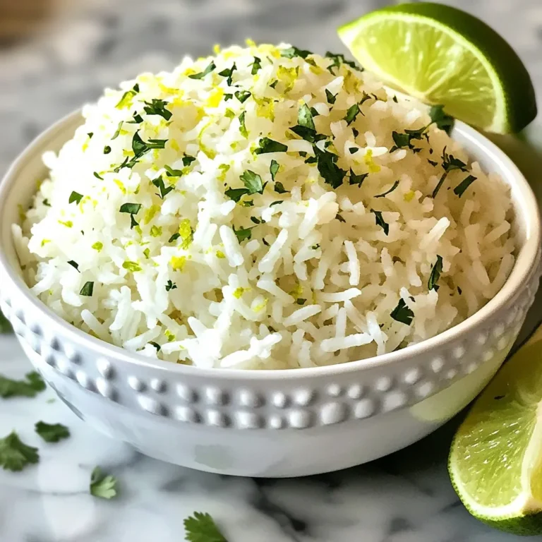 To make Coconut Lime Rice, gather these simple items: - 1 cup jasmine rice - 1 cup coconut milk - 1/2 cup water - 1 tablespoon sugar - Zest and juice of 1 lime - 1/2 teaspoon salt These ingredients work together to create a creamy and zesty dish. Jasmine rice gives a nice aroma and texture. Coconut milk adds richness and a subtle sweetness. Lime gives bright flavor that makes the dish pop. You can make your dish even better with these garnishes: - Fresh cilantro, chopped - Lime wedges for serving Adding cilantro brings a fresh taste. Lime wedges give guests a chance to add more zing. Both make your dish look colorful and fun. Coconut Lime Rice pairs well with many meals. Here are some tasty ideas: - Serve it with grilled chicken or fish. - Add it to a stir-fry for extra flavor. - Use it as a base for a bowl with veggies and proteins. These options make your meal complete and enjoyable. The rice brings a tropical vibe to any plate. {{ingredient_image_2}} Start by rinsing 1 cup of jasmine rice under cold running water. Rinsing helps remove excess starch. This keeps your rice from being too sticky. Keep rinsing until the water runs clear. Once clear, drain the rice well. In a medium saucepan, mix the rinsed rice with 1 cup of coconut milk, 1/2 cup of water, 1 tablespoon of sugar, and 1/2 teaspoon of salt. Stir the mixture gently to blend the ingredients. Set the saucepan over medium heat and bring it to a gentle boil. Watch closely to prevent overflow. Once it boils, lower the heat. Cover the pan with a lid and let it simmer for 15 minutes. During this time, the rice will soak up all the liquid. After 15 minutes, turn off the heat but keep the lid on. Let the rice sit for another 5 minutes. This steaming step makes the rice fluffy and tender. After steaming, use a fork to fluff the rice gently. This helps separate the grains. Add the zest and juice of 1 lime to the rice. Mix lightly to spread the zesty flavor throughout. Serve the coconut lime rice warm. Garnish with freshly chopped cilantro and add lime wedges on the side. This adds extra zest for your guests. Enjoy your tasty dish! To get the best texture, start with jasmine rice. Rinse it well under cold water. This step removes extra starch, which makes the rice sticky. When the water runs clear, you know it’s done. The perfect cook time is key. Simmer the rice for 15 minutes on low heat, then cover and let it steam. This extra time makes the rice fluffy and light. Coconut lime rice needs bright flavors. Add lime zest and juice after fluffing the rice. This step gives it a fresh, zesty kick. For more depth, try adding a dash of garlic powder or a pinch of ginger. Fresh cilantro adds a nice herbal note when you sprinkle it on top before serving. If you like heat, a few red pepper flakes can spice things up. Avoid overcooking the rice. If you cook it too long, it can turn mushy. Also, don’t skip the rinsing step. This mistake leads to sticky rice. Be careful with the heat. If it boils too fast, the liquid may overflow. Lastly, don’t forget to let the rice steam after cooking. This final step is crucial for the best texture. Pro Tips Rinse the Rice: Always rinse your jasmine rice thoroughly until the water runs clear. This step helps remove excess starch, preventing the rice from becoming sticky during cooking. Simmer Gently: Keep an eye on the saucepan when bringing the mixture to a boil. Once boiling, reduce the heat to low to simmer gently, ensuring the rice cooks evenly without burning. Steaming is Key: After removing the rice from heat, let it sit covered for an additional 5 minutes. This allows the rice to steam, enhancing its texture and fluffiness. Garnish for Flavor: Don't skip the fresh cilantro and lime wedges for garnish. They not only add a pop of color but also enhance the flavor profile of the coconut lime rice. {{image_4}} You can easily add veggies to your coconut lime rice. This makes it colorful and healthy. Try adding peas, bell peppers, or carrots for a tasty mix. Start by sautéing the veggies in a pan with a bit of oil until they are soft. Then, mix them into the rice just before serving. The veggies add crunch and flavor. Plus, they brighten up the dish! If you love heat, spice up your coconut lime rice! Adding chili flakes or diced jalapeños can give it a kick. Add the spice while the rice cooks for a deep flavor. You can also serve it with hot sauce on the side for those who like it extra spicy. This version pairs well with grilled meats or fish. You can play with herbs and spices to change the taste. Try adding fresh basil or mint for a floral twist. A pinch of cumin can add warmth, while a dash of garlic powder can give it depth. Mix and match to find your favorite flavor. Don't be afraid to experiment! Each variation brings a new twist to this simple dish. To store leftover coconut lime rice, let it cool first. Place it in an airtight container. You can keep it in the fridge for up to four days. Make sure to seal the container well. This helps keep the rice fresh. If you have a lot, divide it into smaller portions. This way, you can enjoy it later without waste. Reheating coconut lime rice is simple. You can use a microwave or stovetop. If using a microwave, place the rice in a bowl. Add a splash of water to moisten it. Cover the bowl with a damp paper towel. Heat in short bursts, stirring often, until warm. If using the stovetop, add the rice to a saucepan. Stir in a bit of water. Heat on low, stirring until it’s hot. Freezing coconut lime rice is a great option for meal prep. Allow it to cool completely before freezing. Use freezer-safe bags or containers. Remove as much air as possible to avoid freezer burn. Label the bags with the date. You can freeze it for up to three months. To enjoy, thaw it overnight in the fridge. Reheat it as mentioned above for the best results. I recommend using jasmine rice for Coconut Lime Rice. Jasmine rice has a lovely aroma and a slight stickiness that pairs well with coconut. It cooks up fluffy and tender, making it perfect for this recipe. You can also use basmati rice if you prefer a nuttier flavor. Just remember to adjust the liquid ratio based on the rice type. Yes, you can substitute coconut milk. If you want a lighter option, use light coconut milk. For a dairy-free version, almond milk or oat milk works too, but the flavor will change. If you want to keep it rich, use cream. Always adjust the sugar for sweetness, as some alternatives are less sweet than coconut milk. To make Coconut Lime Rice ahead of time, cook it as usual and let it cool. Once cooled, store it in an airtight container in the fridge. It will last for about 3 days. When you’re ready to eat, reheat it in a pot with a splash of water or coconut milk. Stir to fluff it up and serve warm. Coconut lime rice is simple and tasty. We covered main ingredients and key steps for cooking. Tips and variations can help you personalize the dish. Remember the storage tips to keep leftovers fresh. In my view, this dish shines on any table. Don't hesitate to experiment with flavors that you love. Enjoy making this delightful side dish!