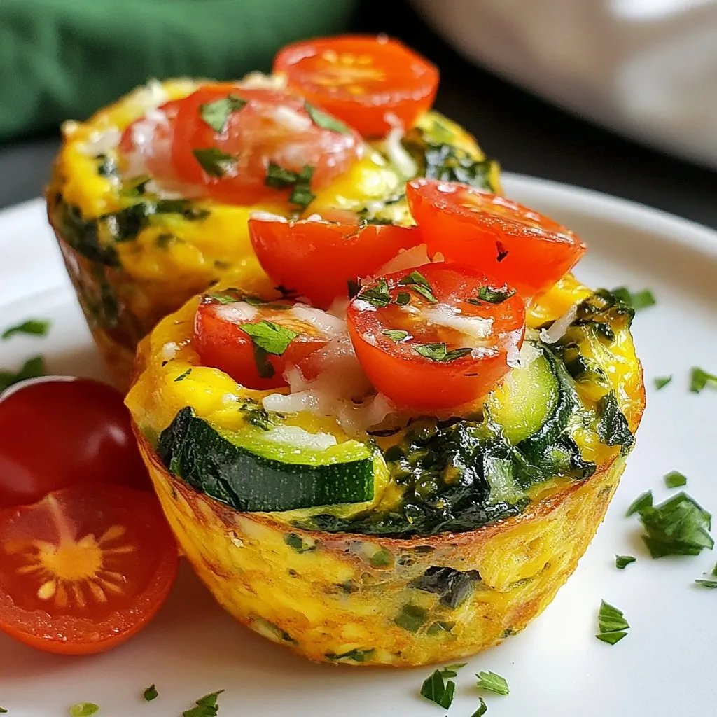 - 6 large eggs - 1 cup fresh spinach, chopped - 1 bell pepper (choose either red or yellow), diced - 1 small zucchini, grated - 1/2 cup cherry tomatoes, halved - 1/4 cup red onion, finely chopped - 1/2 cup shredded cheese (cheddar or feta work beautifully) - 1 teaspoon garlic powder - 1/2 teaspoon salt - 1/4 teaspoon freshly ground black pepper - 1 tablespoon olive oil - Optional: Fresh herbs (such as basil or parsley) for a bright garnish Each muffin packs a punch of nutrients. One muffin has about: - 100 calories - 8 grams of protein - 4 grams of carbohydrates - 7 grams of fat - 1 gram of fiber These muffins are low in carbs and high in protein. They offer a great start to your day! You can switch up the ingredients to fit your taste! Try: - Adding mushrooms for an earthy flavor. - Using kale instead of spinach for added crunch. - Swapping in feta cheese for a tangy twist. - Mixing in cooked bacon bits for extra protein. These changes help keep things exciting and tasty! {{ingredient_image_2}} 1. Preheat your oven to 350°F (175°C). This step is key for even cooking. 2. Lightly grease a muffin tin with cooking spray or olive oil. This helps prevent sticking. 3. In a large bowl, crack 6 large eggs. Whisk them with garlic powder, salt, and black pepper until frothy. 4. Chop 1 cup of fresh spinach and dice 1 bell pepper. Grate 1 small zucchini and halve 1/2 cup of cherry tomatoes. Finely chop 1/4 cup of red onion. 5. Add all these veggies to the egg mixture. Fold gently until everything is well mixed. 6. Stir in 1/2 cup of shredded cheese. Cheddar or feta both taste great in these muffins. 1. Carefully pour the egg and veggie mixture into the greased muffin tin. Fill each cup about three-quarters full. This allows room for rising. 2. Place the muffin tin in the preheated oven. Bake for 18-20 minutes. Watch them puff up! 3. To check if they are done, insert a toothpick in the center. It should come out clean if they’re ready. - Look for a golden top. This shows they are nicely baked. - If you see a little jiggle, give them more time. - Always use a toothpick for the best check. If it’s wet, keep baking. You can make these muffins your own. Try adding different veggies like broccoli or carrots. You can also swap the cheese. Feta adds tang, while cheddar gives a rich taste. Want more protein? Add cooked sausage or diced ham. For a spicy kick, toss in jalapeños or red pepper flakes. Remember to keep the egg mixture balanced. Make sure to fill each cup three-quarters full so they rise well. Using the right tools makes cooking easier. A good muffin tin is key. Non-stick options help the muffins pop out easily. You’ll also need a mixing bowl for blending the eggs and veggies. A whisk is great for mixing the egg mixture until frothy. Don’t forget measuring cups and spoons to get the right amounts. A spatula helps fold in the vegetables gently without smashing them. One mistake is overfilling the muffin cups. This can cause the muffins to spill over while baking. Another error is undercooking them. Always check with a toothpick; it should come out clean. If you skip greasing the muffin tin, the muffins may stick. Lastly, don’t rush the cooling time. Let them cool for a few minutes before you try to take them out. Following these tips will help you make perfect egg muffins every time! Pro Tips Fresh Ingredients Matter: Use the freshest vegetables you can find for the best flavor and texture in your egg muffins. Experiment with Add-Ins: Feel free to customize your muffins by adding ingredients like cooked bacon, sausage, or different types of cheese to suit your taste. Storage Tips: These muffins can be stored in the fridge for up to 5 days or frozen for longer-lasting use; just reheat before serving. Perfect Portioning: Use a measuring cup to pour the egg mixture into the muffin tins for even portioning and consistent baking. {{image_4}} You can keep these muffins plant-based by swapping eggs. Use a mix of chickpea flour and water. This creates a smooth batter. You can also add more veggies like mushrooms or kale. Both will add great texture and flavor to your muffins. To boost protein, add cooked meat. Diced ham or crumbled sausage works well. You can also mix in cooked quinoa or black beans for a hearty touch. Each option adds a unique taste and makes your muffins more filling. Cheese adds creaminess and flavor. You can use cheddar for a sharp taste or feta for a tangy kick. Try mozzarella for a mild flavor that melts well. Each cheese brings its own character, so feel free to mix and match! To store leftover muffins, let them cool first. I recommend keeping them in an airtight container. This keeps them fresh for about 3 to 5 days. You can also wrap each muffin in plastic wrap for extra care. Freezing is a great way to save muffins for later. Once cooled, place them in a freezer-safe bag. Make sure to remove as much air as possible. Label the bag with the date. They can last up to 3 months in the freezer. When you’re ready to eat, just thaw them in the fridge overnight. To reheat, you can use the microwave or oven. For the microwave, heat one muffin for about 30 seconds. If using the oven, preheat it to 350°F (175°C) and heat for about 10 minutes. This keeps them warm and tasty. Enjoy your muffins just like they were fresh out of the oven! Yes, you can use many types of vegetables in your muffins. Broccoli, carrots, or mushrooms are great choices. Just chop them small so they mix well. You can even try kale or asparagus. The key is to use fresh veggies. They add flavor and nutrients. If you need an egg substitute, try using mashed bananas or applesauce. You can also use silken tofu. For each egg, use 1/4 cup of the substitute. These options work well, but the texture may change. Muffins may be denser, but they will still taste good. These muffins stay fresh in the fridge for about 4 days. Store them in an airtight container to keep them moist. If you want to keep them longer, freezing is a good option. They can last up to 3 months in the freezer without losing taste. Absolutely! Making muffins ahead of time is a smart idea. You can bake them one day and enjoy them later. They are perfect for busy mornings. Just reheat them in the oven or microwave. Enjoy your healthy breakfast quickly! In this article, we explored the many delicious ways to make egg muffins. We covered the best ingredients, step-by-step cooking instructions, and helpful tips. You learned how to customize recipes and avoid common mistakes. We also shared storage tips to keep your muffins fresh. Now you have the tools to create your own tasty egg muffins. Enjoy testing your creativity in the kitchen!
