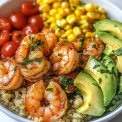 - 1 lb large shrimp, peeled and deveined - 2 cups cooked quinoa or brown rice - 1 cup cherry tomatoes, halved - 1 ripe avocado, sliced - 2 tablespoons extra virgin olive oil - 3 cloves garlic, finely minced - Juice and zest of 2 fresh limes - 1 teaspoon ground cumin - 1 teaspoon smoked paprika - Salt and freshly ground black pepper - Diced red onion - Sliced jalapeño When I create a cilantro lime shrimp bowl, I start with fresh, high-quality shrimp. The shrimp should be large, peeled, and deveined. This ensures they cook evenly and soak up the marinade's flavors. I often choose quinoa or brown rice as a base. Both provide a nice texture and balance the dish. For the marinade, I use extra virgin olive oil, minced garlic, and fresh lime juice. The lime juice adds a bright and zesty flavor. I also add lime zest for an extra punch. Ground cumin and smoked paprika give the shrimp depth and warmth. A sprinkle of salt and fresh black pepper rounds it all out. I love to garnish my bowl with diced red onion and sliced jalapeño. They add color and a little spice, making the dish even more exciting. Each ingredient plays a role in creating a flavorful and fresh delight! {{ingredient_image_2}} To start, grab a large mixing bowl. Whisk together olive oil, minced garlic, lime juice, lime zest, ground cumin, smoked paprika, salt, and freshly ground black pepper. This mix will make a bright and zesty marinade. It will enhance the shrimp's flavor and give your bowl a fresh taste. Next, toss your peeled and deveined shrimp into the marinade. Make sure all the shrimp get coated nicely. Let them rest for 15-20 minutes at room temperature. This step allows the shrimp to soak up all the great flavors. While the shrimp marinates, cook your quinoa or brown rice. Follow the package instructions until it is fluffy and tender. This base will hold all the delicious toppings in your bowl. Now, heat a large non-stick skillet over medium-high heat. Add the marinated shrimp, spreading them out in a single layer. Cook for about 2-3 minutes on each side. The shrimp will turn a vibrant pink and become opaque when done. This shows they are fully cooked and ready to enjoy. Once your shrimp are cooked, take a large serving bowl. Start with a layer of quinoa or brown rice at the bottom. Then, add the cooked shrimp on top. Next, arrange the halved cherry tomatoes, sliced avocado, and corn for a mix of color and taste. Finally, sprinkle chopped fresh cilantro on top. For extra flavor, add diced red onion and sliced jalapeño if you like a spicy kick. Enjoy your beautiful, flavorful bowl! To make the cilantro lime shrimp bowl even better, try adding lime zest. This gives a bright taste. You can also mix in minced garlic. It adds depth and a warm flavor. Adjust the amounts to your liking. Don't be afraid to experiment! Cooking shrimp just right is key. Overcooked shrimp become tough. Cook them for 2-3 minutes per side. They should turn pink and opaque. This shows they are done and tender. Keep a close eye to avoid overcooking. Fresh lime wedges add a fun touch. Squeeze them over the shrimp bowl for extra zing. More cilantro makes everything taste fresh. You can also add diced red onion or sliced jalapeño for more flavor. These small details can really elevate your dish! Pro Tips Marinate for Maximum Flavor: Allowing the shrimp to marinate for at least 15-20 minutes enhances their flavor significantly, so don’t rush this step! Perfectly Cooked Shrimp: Keep an eye on the shrimp while cooking; they only need about 2-3 minutes per side. Overcooking can make them rubbery. Fresh Ingredients Matter: Using fresh lime juice and herbs will elevate this dish, giving it a bright, vibrant taste that dried or bottled alternatives can't match. Customize Your Bowl: Feel free to add other toppings like black beans, diced bell peppers, or even a dollop of sour cream to personalize your shrimp bowl! {{image_4}} You can switch grains in your bowl. Brown rice adds a nutty taste. If you want low carbs, try cauliflower rice. Both options keep the meal light and tasty. Adding veggies makes your dish even better. Bell peppers bring sweetness and crunch. Spinach adds color and nutrition. Black beans offer protein and fiber. Mix and match to create your perfect bowl. If shrimp isn't your thing, swap it out! Chicken is a great choice and cooks fast. Tofu gives a nice texture and absorbs flavors well. Salmon adds richness and is packed with omega-3s. Each protein option gives a new twist to your bowl. To keep your cilantro lime shrimp bowl fresh, store leftovers in the fridge. Place the shrimp and grains in an airtight container. Use them within three days for the best taste. If you leave them longer, they may lose flavor and texture. When you're ready to enjoy leftovers, you can reheat them easily. For the microwave, place the shrimp and grains on a plate. Heat for one minute, check, and heat more if needed. For the skillet, warm a bit of oil over medium heat. Add the shrimp and grains, stirring until heated through. This way, you keep the flavors intact. If you want to save some for later, freezing works well. Freeze the shrimp and grains separately. This keeps each part fresh. When you're ready to eat, thaw them in the fridge overnight. Then, follow the reheating instructions to enjoy your meal again. Shrimp cook quickly. Look for a few signs. First, they change color. Raw shrimp are gray. Fully cooked shrimp turn pink. Second, they become firm. They should feel springy, not mushy. Finally, cooked shrimp curl into a C shape. If they curl tightly, they are overcooked. Aim for a slight curve for the best texture. Yes, you can prepare this dish ahead. Marinate the shrimp up to two hours before cooking. This adds flavor and makes cooking easier later. Cook your grains in advance, too. Store them in the fridge for up to three days. When ready to eat, just heat them in the microwave or on the stove. This bowl pairs well with many sides. Try a fresh garden salad or steamed broccoli for a light touch. You can also serve it with tortilla chips for crunch. For drinks, a cold glass of limeade works great. If you want something stronger, try a crisp white wine. This blog post guides you through a tasty cilantro lime shrimp bowl. You learned about the main ingredients, from shrimp to avocado. The marinade brings vibrant flavors that enhance every bite. Step-by-step instructions help you cook with ease. Tips show you how to elevate taste and texture. Variations provide creative options to suit your needs. Finally, smart storage solutions keep leftovers fresh. Enjoy your cooking, and make this dish your own!