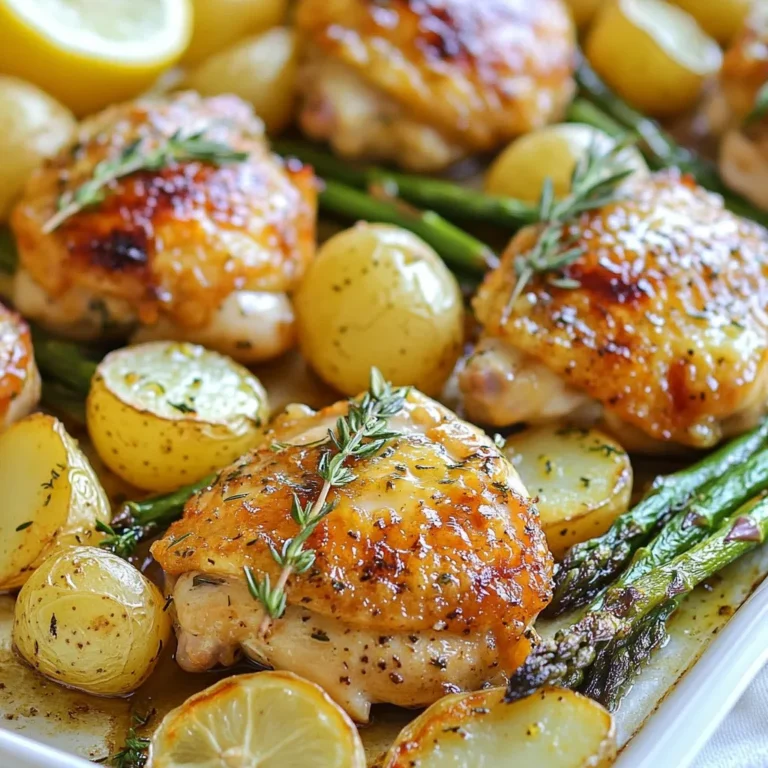 - 4 bone-in, skin-on chicken thighs - 2 cups baby potatoes, halved - 1 bunch asparagus, trimmed - 1 lemon, zested and juiced - 4 cloves garlic, minced - 2 tablespoons olive oil - 1 tablespoon fresh rosemary, finely chopped - 1 tablespoon fresh thyme, finely chopped - Salt and pepper to taste For this dish, I love using bone-in chicken thighs. They stay juicy and have great flavor. The vegetables add color and nutrients. Baby potatoes are perfect; they roast well and have a nice texture. Asparagus brings a fresh crunch. This dish gives about 400 calories per serving. Each serving has around 25 grams of protein and 15 grams of fat. The healthy fats come from olive oil and chicken skin. The lemon adds vitamin C, which boosts your immune system. Garlic has many health benefits, like helping to lower blood pressure. Rosemary and thyme also provide antioxidants. This meal is not just tasty; it is good for you! {{ingredient_image_2}} 1. Preheat the oven and prepare ingredients Start by preheating your oven to 425°F (220°C). This heat will give the chicken crispy skin and the veggies a nice roast. While it heats up, gather your ingredients. You need chicken thighs, baby potatoes, asparagus, lemon, garlic, olive oil, rosemary, thyme, salt, and pepper. 2. Make the marinade In a small bowl, mix the lemon juice, lemon zest, minced garlic, olive oil, chopped rosemary, and thyme. Add salt and pepper to taste. Stir until everything blends well. This marinade will give your chicken a fresh and bright flavor. 1. Initial roasting of potatoes Take a large sheet pan and arrange the halved baby potatoes on it, cut side up. Drizzle them with olive oil and sprinkle with salt and pepper. Roast the potatoes alone in the oven for 10 minutes. This helps them cook well before adding the chicken. 2. Adding the chicken and asparagus to the mix After 10 minutes, take the pan out of the oven. Place the marinated chicken thighs on the pan, skin side up. Drizzle any leftover marinade over the chicken. Now, return the pan to the oven and roast for 20 minutes. This step makes the chicken juicy and golden. Once the time is up, toss the asparagus in the pan drippings. Arrange it around the chicken and potatoes. Roast everything for another 10 to 15 minutes. The chicken should reach 165°F (74°C) inside, and the veggies should be tender. After cooking, let the dish rest for a few minutes. This helps the juices spread evenly for a better flavor. For the best flavor, marinate the chicken for at least 15 minutes. If you can, let it sit for one hour in the fridge. This gives the chicken time to soak up the herbs and lemon juice. If you want to change the taste, try adding more garlic or a dash of hot sauce. To get crispy skin on the chicken, make sure the skin faces up while roasting. The high heat helps achieve that golden color. Check the chicken's internal temperature with a meat thermometer. It should reach 165°F (74°C) to be safe to eat. This ensures the chicken stays juicy and safe. Pro Tips Marinate for Maximum Flavor: Allow the chicken to marinate for at least 1 hour in the refrigerator. This will enhance the flavors and ensure a juicy, flavorful chicken. Use Fresh Herbs: Fresh herbs like rosemary and thyme elevate the dish's flavor profile. If using dried herbs, reduce the amount as they are more concentrated. Check Internal Temperature: Use a meat thermometer to check that the chicken reaches an internal temperature of 165°F (74°C) for safe consumption and optimal juiciness. Rest Before Serving: Allow the dish to rest for 5-10 minutes after removing it from the oven. This helps the juices redistribute, resulting in a more tender and flavorful chicken. {{image_4}} You can switch up your veggies in this dish. Instead of asparagus, try bell peppers or carrots. Both add a nice crunch and color. You can even mix in some zucchini for a summer twist. If you prefer boneless chicken, that works too! Boneless chicken thighs or breasts will cook faster. Just keep an eye on the time. Aim for an internal temp of 165°F (74°C) to ensure safety. To boost the flavor, add some spices. Paprika gives a nice warmth, while cayenne adds heat. Just a pinch can make a big difference. You can also try different herbs. Oregano and basil bring fresh notes to the dish. Experiment to find your favorite flavor combinations. Each change can make your meal feel new and exciting. To store leftovers, first let the dish cool. Then, place it in an airtight container. This keeps the chicken and veggies fresh. You can store it in the fridge for up to three days. Make sure to label the container with the date. This helps you remember when you made it. For reheating, the oven works best. Preheat it to 350°F (175°C). Place your leftovers on a baking sheet. Cover with foil to keep moisture in. Heat for about 15-20 minutes or until warm. If you use a microwave, place your food in a microwave-safe dish. Cover it with a lid or a damp paper towel. Heat in short bursts of 1-2 minutes, stirring in between. This helps keep the chicken juicy and the veggies tender. Can I prepare this dish in advance? Yes, you can. Marinate the chicken and cut the veggies ahead of time. Store them in the fridge. You can roast them when you are ready for a meal. This saves time on busy nights. What can I serve with Lemon Herb Chicken Sheet Pan Dinner? You can serve a fresh salad or some crusty bread. Both add a nice touch to the meal. If you want more veggies, steamed broccoli or a side of rice work well too. How do I know when the chicken is fully cooked? Check the internal temperature. It should reach 165°F (74°C). You can use a meat thermometer. The chicken should also look golden brown and the juices run clear. Can I use frozen chicken for this recipe? Yes, but thaw it first. Frozen chicken needs longer cooking time. Ensure it reaches the right temperature for safety. If you can, marinate it after thawing for better flavor. This blog post covered how to create a tasty Lemon Herb Chicken Sheet Pan Dinner. We explored key ingredients like chicken thighs, vegetables, and the essential marinade. I shared step-by-step instructions for preparation and roasting your dish. You also learned tips for marinating, cooking, and variations to keep meals interesting. Lastly, we discussed storage and reheating to enjoy your leftovers. Now you can make this healthy dish easily and enjoy a tasty meal with minimal effort. Remember, cooking is all about fun and experimenting with flavors. Happy cooking!