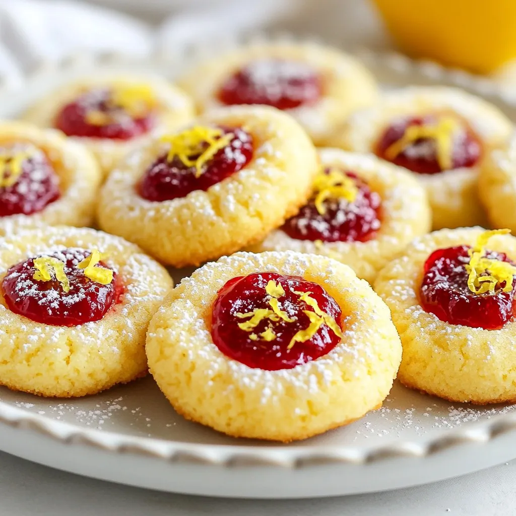 - 1 cup unsalted butter, softened - 1 cup granulated sugar - 1 large egg yolk - 2 tablespoons freshly squeezed lemon juice - Zest of 1 lemon - 2 cups all-purpose flour - 1/2 teaspoon baking powder - 1/4 teaspoon fine salt - 1/2 cup seedless raspberry jam - Optional: Powdered sugar for dusting These ingredients create a perfect balance of sweet and tart. The butter gives the cookies a rich flavor and soft texture. The sugar adds sweetness, while the egg yolk helps bind everything together. Fresh lemon juice and zest bring a bright flavor that pairs well with raspberry jam. Flour provides structure, while baking powder helps the cookies rise. The fine salt enhances all the flavors. Finally, the seedless raspberry jam adds a fruity burst to each cookie. You can dust the cookies with powdered sugar for a nice touch. It gives them a beautiful look and extra sweetness. Each ingredient plays an important role in making these lemon raspberry thumbprint cookies a delightful treat. {{ingredient_image_2}} - Set oven temperature to 350°F (175°C) - Prepare a baking sheet with parchment paper First, you must preheat your oven. This step is key to making cookies that bake evenly. While the oven heats, line a baking sheet with parchment paper. This prevents the cookies from sticking. - Beat together softened butter and granulated sugar Next, take a large mixing bowl. Add the softened butter and granulated sugar. Use an electric mixer on medium speed. Beat them for 3-4 minutes until light and fluffy. This step adds air, making the cookies tender. - Add egg yolk, lemon juice, and zest, and mix until smooth Now, it’s time to add flavor. Add the egg yolk, freshly squeezed lemon juice, and lemon zest to the bowl. Mix on low speed until it is smooth. Scrape down the sides as needed to ensure everything blends well. - Whisk flour, baking powder, and salt; mix with wet ingredients In a separate bowl, whisk together the all-purpose flour, baking powder, and fine salt. Gradually add this dry mix to your wet ingredients. Stir gently until no streaks of flour remain. Be careful not to overmix; this keeps your cookies soft. - Roll dough into 1-inch balls and create indentations Now, take portions of dough and roll them into 1-inch balls. Place them on the prepared baking sheet, spacing them about 2 inches apart. Next, use your thumb to press into the center of each ball. This creates a small indentation for the jam. - Fill each indentation with raspberry jam Using a small spoon, carefully fill each indentation with about 1/2 teaspoon of seedless raspberry jam. Make sure not to overfill, or the jam will spill during baking. - Bake for 12-15 minutes until golden It’s time to bake! Place the baking sheet in your preheated oven. Bake for 12-15 minutes or until the edges are golden. Keep an eye on them to avoid overbaking. - Let cool and optionally dust with powdered sugar Once baked, remove the cookies from the oven. Let them cool on the baking sheet for about 5 minutes. Then, place them on a wire rack to cool completely. If you like, dust the cooled cookies with powdered sugar for a pretty finish. To get the best texture, avoid overmixing your dough. When you mix too much, the cookies become tough. Mix until you no longer see streaks of flour. This keeps the cookies soft and tender. You can prepare the dough in advance. After mixing, wrap it in plastic wrap. Place it in the fridge for up to two days. Chilling the dough helps the flavors blend and makes it easier to shape. These cookies go great with tea or coffee. For a fun touch, serve them on a nice platter. Add some fresh raspberries and lemon wedges for a pop of color. This not only looks great but also enhances the flavor experience. Pro Tips Chill the Dough: For best results, chill the cookie dough for 30 minutes before shaping. This helps the cookies maintain their shape and gives them a better texture. Use Fresh Ingredients: Fresh lemon juice and zest can significantly enhance the flavor of your cookies. Make sure your ingredients are at their best! Experiment with Jams: While raspberry jam is classic, feel free to try other flavors like blueberry or apricot for a unique twist on this recipe. Perfect Indentation: To create a perfect thumbprint, lightly flour your thumb or spoon before pressing into the dough. This prevents sticking and ensures a clean indentation. {{image_4}} You can switch up flavors in your Lemon Raspberry Thumbprint Cookies. Use other jams like peach or apricot for a fun twist. Citrus zest enhances the cookies too. Try orange or lime zest for a bright taste. These small changes bring new life to the same recipe. For a gluten-free option, swap all-purpose flour with gluten-free flour. Many great blends work well in cookies. Just make sure it is a 1-to-1 substitute. This way, you can enjoy the same great taste without gluten. To make these cookies vegan, use vegan butter instead of regular butter. Replace the egg yolk with flaxseed meal. Mix 1 tablespoon of flaxseed meal with 3 tablespoons of water. Let it sit for five minutes before adding it to your mix. This helps to bind the cookies well. You will have a tasty vegan treat everyone can enjoy. To keep your lemon raspberry thumbprint cookies fresh, store them in an airtight container. This container keeps moisture out and helps maintain their soft texture. You can stack the cookies in layers, but place parchment paper between them to avoid sticking. When stored properly, these cookies last about one week at room temperature. If you want them to last longer, you can freeze them. Just place the cookies in a freezer-safe bag or container. They can stay fresh for up to three months in the freezer. If you have leftover cookies that need refreshing, here’s a simple tip. Preheat your oven to 300°F (150°C). Place the cookies on a baking sheet for about 5-7 minutes. This warms them up and brings back their delightful texture. Enjoy them warm for the best taste! Yes, you can use fresh raspberries. They will change the texture and flavor. Fresh raspberries can be tart and juicy. This makes the cookies more vibrant but less sweet. You might need to crush the berries slightly for better filling. The cookies will be less sweet than with jam. To prevent cookies from spreading, chill the dough. After mixing, let it sit in the fridge for at least 30 minutes. This helps the butter firm up. Also, make sure your baking sheet is cool when you place the dough on it. Spacing the cookies well also helps them keep their shape. Yes, icing can add a nice touch. You can make a simple lemon glaze with powdered sugar and lemon juice. This pairs well with the tartness of the raspberry. If you want more color, add some food coloring. Drizzle it over the cookies for a beautiful finish. You now have a clear guide to making delicious lemon raspberry thumbprint cookies. You learned about the key ingredients and the easy steps to follow. Plus, you discovered valuable tips for the perfect texture and fun variations you can try. Whether you want to impress guests or enjoy a sweet treat, these cookies are a great choice. Remember to store them in an airtight container for freshness. Enjoy baking and sharing these tasty cookies!
