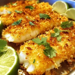 - 4 tilapia fillets - 1 cup unsweetened shredded coconut - 1 cup panko breadcrumbs - 1 teaspoon garlic powder - 1 teaspoon onion powder - &frac12; teaspoon paprika - &frac12; teaspoon salt - &frac14; teaspoon freshly ground black pepper - 2 large eggs, beaten - &frac14; cup all-purpose flour - 3 tablespoons coconut oil, for frying - Fresh lime wedges, for serving - Fresh cilantro leaves, for garnish When I make coconut crusted tilapia, I focus on using fresh, high-quality ingredients. Tilapia is mild and cooks quickly, making it perfect for this dish. The unsweetened shredded coconut adds a sweet and nutty flavor. Panko breadcrumbs give a light and crispy texture that I love. I like to season the coconut and breadcrumbs with garlic powder, onion powder, paprika, salt, and black pepper. These spices add depth and make every bite taste amazing. For coating, I use eggs and flour, which help the coconut stick well. Coconut oil is my choice for frying. It gives a subtle coconut flavor and helps achieve that golden crust. I always serve the tilapia with lime wedges and fresh cilantro. The lime adds a zesty kick that brightens the dish. {{ingredient_image_2}} Set up three shallow dishes for easy coating. In the first dish, mix together the shredded coconut, panko breadcrumbs, garlic powder, onion powder, paprika, salt, and black pepper. This blend gives your tilapia a great flavor. In the second dish, beat the two large eggs until well mixed. In the third dish, place the all-purpose flour for dredging. Take each tilapia fillet and lightly dust it with flour. Make sure all sides are coated but not too thick. Next, dip the fillet into the beaten eggs, letting any extra egg drip off. Finally, press the fillet into the coconut mixture. Ensure it is fully coated on both sides for a crispy finish. Heat three tablespoons of coconut oil in a large skillet over medium heat. Wait until the oil shimmers, which means it's hot enough for frying. Make sure the oil covers the bottom of the skillet. Carefully place the coated tilapia fillets in the skillet. Avoid overcrowding the pan; fry in batches if needed. Cook for 3 to 4 minutes on each side. The fillets should turn golden brown when done. You can check for doneness by testing if the fish flakes easily with a fork. To get that perfect crispiness, the frying temperature matters a lot. Heat the coconut oil until it shimmers. This shows it&rsquo;s hot enough for frying. If the oil isn&rsquo;t hot enough, the fish will soak up the oil and lose its crunch. Avoid overcrowding the skillet. If you add too many fillets at once, the temperature drops. This can lead to soggy fish. Fry in batches to keep the oil hot and the fish crispy. You can add more flavor with extra spices. Try adding cayenne pepper for a kick. A bit of lemon zest can brighten the taste. These small changes can make a big difference. For serving, consider sauces that add zest. A mango salsa pairs well with tilapia. A simple lime vinaigrette can also enhance the dish. These sauces make the meal even more exciting. When cooking multiple tilapia fillets, manage your time well. Cook them in smaller groups. This ensures each fillet gets enough space in the pan. Once cooked, keep the fish warm. Place it on a plate in a low oven. This keeps it hot until you serve. It&rsquo;s a great way to ensure everyone enjoys a warm meal. Pro Tips Ensure Freshness: Always use fresh tilapia fillets for the best flavor and texture. If possible, buy from a trusted fishmonger or opt for frozen fillets that have been properly stored. Customize Your Coating: Feel free to add other spices or herbs to the coconut mixture according to your taste preferences, such as cayenne pepper for heat or dried parsley for an aromatic touch. Control the Temperature: Maintain a steady medium heat while frying to prevent the coconut from burning and ensure the fish cooks evenly throughout. Use a thermometer to monitor the oil temperature if needed. Serve Immediately: For the best texture and taste, serve the coconut crusted tilapia right after frying. This keeps the coating crispy and the fish tender. {{image_4}} You can swap tilapia for other fish if you want. Cod or haddock works well. Both have a mild taste and cook nicely. You can also use shrimp or chicken. Shrimp adds a sweet bite, and chicken gives a hearty feel. Just make sure you adjust the cooking time. Shrimp cooks in just a few minutes, while chicken needs more time. If you need a gluten-free option, use almond flour instead of all-purpose flour. It gives a nice nutty flavor and helps the crust stick. For a vegan take, use plant-based alternatives. Try using chickpea flour for the crust and a plant-based egg substitute. Both options make the dish friendly for different diets. You can add tropical flavors by mixing in pineapple or mango. Add small pieces of these fruits to the coconut mix. This gives a sweet contrast to the fish. For a spicy twist, try adding cayenne pepper or chili powder to the crust. It gives the dish a kick and makes it more exciting. To keep your coconut crusted tilapia fresh, place it in an airtight container. Store it in the fridge. This way, it will stay tasty. It&rsquo;s best to eat it within three days. After that, the flavor may fade. When reheating coconut crusted tilapia, use an oven or skillet. Preheat your oven to 350&deg;F (175&deg;C). Place the fillets on a baking sheet. Heat for about 10 minutes. This method keeps the fish crispy. If you use a skillet, heat it over medium-low heat. Add a touch of oil if needed. Heat each side for about 3 minutes until warm. Yes, you can freeze cooked tilapia. Allow it to cool first. Wrap each piece tightly in plastic wrap. Then place them in a freezer-safe bag. Use them within three months for the best taste. To thaw, move the fish to the fridge overnight. Reheat it gently to restore its crunch. You can pair coconut crusted tilapia with several tasty side dishes. Here are some great options: - Rice: Steamed jasmine or coconut rice complements the dish well. - Salad: A fresh green salad with lime vinaigrette adds a nice crunch. - Veggies: Roasted or saut&eacute;ed vegetables, like asparagus or bell peppers, enhance the meal. - Mango Salsa: This sweet and spicy salsa brings a tropical twist. For sauces, consider these: - Sweet Chili Sauce: This adds a tangy kick. - Tartar Sauce: A classic choice that pairs perfectly with fish. - Coconut Cream Sauce: Drizzle some over the fish for a creamy touch. You can tell if tilapia is cooked by checking for these signs: - Color: The fish should turn from translucent to opaque. - Texture: It should feel firm to the touch. - Flakiness: The fish should flake easily with a fork. To test for flakiness, gently press the fish with a fork. If it flakes apart easily, it is done. Yes, you can bake coconut crusted tilapia for a healthier option. Here&rsquo;s how: - Preheat your oven: Set it to 400&deg;F (200&deg;C). - Prepare the fish: Follow the same breading process. - Place on a baking sheet: Use parchment paper for easy cleanup. - Cooking time: Bake for about 15-20 minutes or until golden brown. Keep an eye on the fish to avoid overcooking. The internal temperature should reach 145&deg;F (63&deg;C). Coconut crusted tilapia is a tasty dish that is easy to make. We discussed the key ingredients and how to prepare them. The cooking steps were simple and clear, helping you create the perfect crispy fish. Remember, you can adapt this recipe with different proteins or flavors. Store and reheat leftovers to keep them fresh. With these tips, you can enjoy this dish any time. Try it out and impress your friends and family. The joy of cooking awaits!