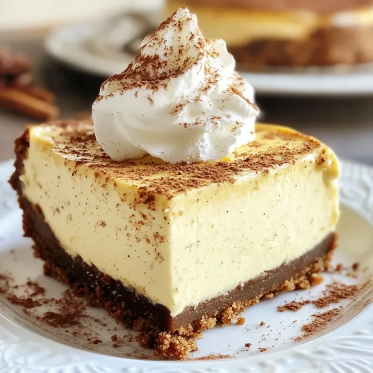 - 2 cups gingerbread cookies, finely crushed - 1/2 cup unsalted butter, melted - 3 packages (8 ounces each) cream cheese, softened to room temperature - 1 cup granulated sugar - 3 large eggs - 1 cup sour cream - 1 tablespoon vanilla extract - 2 teaspoons ground ginger - 1 teaspoon ground cinnamon - 1/4 teaspoon ground nutmeg - 1/4 cup brewed espresso, cooled to room temperature To make this cheesecake, you need a mix of flavors and textures. The gingerbread cookies form a rich crust. This crust works well with the creamy filling. The spices add warmth and depth. - Whipped cream - Mini gingerbread cookies - Ground cinnamon Adding garnishes can make your cheesecake look extra special. A dollop of whipped cream adds creaminess. Mini gingerbread cookies bring a festive touch. Sprinkling ground cinnamon adds flavor and a cozy look. {{ingredient_image_2}} 1. Preheat your oven to 325°F (163°C). This helps the cheesecake bake evenly. 2. In a medium bowl, mix 2 cups of finely crushed gingerbread cookies with 1/2 cup of melted unsalted butter. Stir until the crumbs are coated. 3. Press this mixture firmly into a 9-inch springform pan. Make sure it’s even and compact. Set it aside. 1. In a large bowl, beat 3 packages of softened cream cheese with an electric mixer until smooth. You want it creamy with no lumps. 2. Gradually add 1 cup of granulated sugar to the cream cheese. Mix until well blended. 3. Add 3 large eggs, one at a time, mixing on low speed. This keeps your filling smooth. 4. Stir in 1 cup of sour cream, 1 tablespoon of vanilla extract, 2 teaspoons of ground ginger, 1 teaspoon of ground cinnamon, 1/4 teaspoon of ground nutmeg, and 1/4 cup of cooled brewed espresso. Mix until just combined. 1. Carefully pour the cheesecake batter over the gingerbread crust. Smooth the top with a spatula if needed. 2. Bake the cheesecake for about 50-60 minutes. The center should be set but still jiggle slightly when shaken. 3. Turn off the oven and crack the door open. Let the cheesecake cool in the oven for 1 hour. This helps prevent cracks. 4. After cooling, take the cheesecake out and cover it. Refrigerate for at least 4 hours or overnight for best results. Avoiding cracks: To prevent cracks, cool your cheesecake slowly. After baking, leave the oven door ajar for an hour. This step helps the cheesecake cool gradually, reducing stress on the surface. Cracks often form from sudden temperature changes. Ensuring even cooking: Bake your cheesecake at 325°F (163°C). This low heat cooks it gently. A water bath can also help. Place your springform pan in a larger pan filled with water. This method adds moisture and promotes even baking. Presentation ideas: Serve each slice on a beautiful plate. Top with whipped cream and a sprinkle of cinnamon. Add a mini gingerbread cookie to the side for extra flair. This makes your dessert look festive and inviting. Pairing with beverages: A Gingerbread Latte or warm spiced cider pairs well with the cheesecake. The flavors complement each other perfectly. Consider serving with a cup of rich coffee for a delightful treat. Adjusting sweetness: If your cheesecake tastes too sweet, mix in a bit of sour cream. This will balance out the flavor. You can also reduce the sugar in the filling by a quarter cup next time. Handling overmixing: Mix the filling just until combined. Overmixing can add air, causing the cheesecake to crack. Use a gentle hand, especially when adding eggs. This keeps your cheesecake dense and creamy. Pro Tips Use Room Temperature Ingredients: Ensuring your cream cheese and eggs are at room temperature helps create a smooth and creamy filling without lumps. Don’t Overmix the Batter: Mix just until combined to avoid incorporating too much air, which can cause the cheesecake to crack during baking. Prevent Cracking: Gradually cooling the cheesecake in the oven prevents rapid temperature changes that can lead to cracks on the surface. Garnish Creatively: Enhance the presentation by adding a drizzle of caramel sauce or a sprinkle of crushed gingerbread cookies on top before serving. {{image_4}} You can change the flavor of your cheesecake with ease. If you love pumpkin spice, add 1 teaspoon of pumpkin spice mix to the filling. This gives your cheesecake a warm, cozy taste. Do you enjoy chocolate? Try adding 1/4 cup of cocoa powder to the cream cheese mix. This will give your cheesecake a rich chocolate espresso flavor. You can also swap the espresso for brewed coffee for a milder taste. For a gluten-free version, use gluten-free gingerbread cookies. They work just as well! Crush them the same way and mix with melted butter. If you want to try something different, use chocolate wafer cookies or even graham crackers. These alternatives change the taste but still hold up well. Toppings can make your cheesecake even more delightful. You can drizzle caramel or chocolate sauce on top. This adds sweetness and a lovely look. For a fresh touch, use seasonal fruit like cranberries or pomegranate seeds. They give a pop of color and a hint of tartness that balances the sweetness. Feel free to mix and match these ideas to make your gingerbread latte cheesecake unique! To store leftovers, wrap the cheesecake tightly with plastic wrap. You want to keep air out to prevent drying. Place it in the fridge after it cools. This keeps the cheesecake fresh for days. You can also use an airtight container for added protection. For best freshness, eat the cheesecake within five days. Always check for any signs of spoilage. If it smells off or looks weird, toss it. To freeze the cheesecake, slice it first. Wrap each slice in plastic wrap tightly. Then, place the wrapped slices in a freezer-safe bag. This helps keep the cheesecake tasting fresh. You can also use foil for added protection against freezer burn. For thawing, move a slice to the fridge and let it defrost overnight. You can also leave it at room temperature for about two hours. Just make sure to enjoy it within three months for the best taste. In the fridge, the gingerbread latte cheesecake lasts about five days. If you freeze it, it can stay good for about three months. After that, the taste and texture may change. Always check your cheesecake before eating. If it seems off, it’s best to throw it away. Yes, you can use low-fat cream cheese. It will change the texture a bit. The cheesecake might be less creamy but still tasty. If you want a lighter dessert, this is a good swap. Just make sure to keep an eye on the mixing to avoid lumps. You can tell the cheesecake is done by checking the center. It should be set but still jiggles a little. If it shakes too much, it needs more time. Another sign is the edges should pull slightly away from the pan. This helps ensure it is cooked just right. Yes, you can make this cheesecake ahead of time. It tastes best after chilling for at least four hours. You can even make it the day before. Just cover it well and store it in the fridge. This way, you can save time during busy holiday prep. In this blog post, we explored how to make a delicious gingerbread cheesecake. We covered the required ingredients, step-by-step instructions, and helpful tips. You learned about variations and storage tips to keep your cheesecake fresh. Remember, this recipe is flexible. You can adjust flavors and toppings as you like. Whether you are making it for the holidays or any special occasion, it will impress everyone. Enjoy baking your cheesecake and sharing it with loved ones!