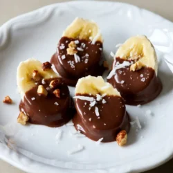 To make chocolate-covered banana bites, you need: - 2 ripe bananas - 1 cup semi-sweet chocolate chips - 1 tablespoon coconut oil (optional) These ingredients create a perfect balance of sweet and creamy. The bananas give a soft bite, while the chocolate adds richness. You can enhance your bites with: - ⅓ cup chopped nuts (walnuts, almonds, or hazelnuts) - ⅓ cup unsweetened shredded coconut - A light sprinkle of sea salt These options add crunch and flavor. The nuts give a nice texture, and the coconut adds a tropical twist. Each chocolate-covered banana bite provides: - Calories: About 90 per piece - Protein: 1g - Carbohydrates: 12g - Fats: 4g These bites are a fun and tasty treat. You enjoy the sweetness of bananas with the richness of chocolate. They make a healthier snack choice compared to many store-bought options. {{ingredient_image_2}} Start by peeling the bananas. Slice them into even 1-inch thick rounds. Uniform slices help the chocolate coat better. This is key for a nice finish. Lay the slices on a plate or cutting board. Grab a microwave-safe bowl. Add the semi-sweet chocolate chips and coconut oil if you want. Microwave the bowl in 30-second bursts. Stir well after each burst. Keep going until the chocolate is smooth and glossy. Now, take a fork or toothpick. Dip each banana slice into the melted chocolate. Make sure each piece is covered well. Let any extra chocolate drip back into the bowl. While the chocolate is still warm, sprinkle nuts and shredded coconut on top. A little sea salt adds a nice touch too. Line a baking tray with parchment paper. Place the chocolate-covered banana bites on it. Put the tray in the refrigerator. Chill for at least 30 minutes. This helps the chocolate harden completely. Your tasty banana bites are ready! Serve them on a nice platter. For a fun touch, drizzle extra melted chocolate over the top. Enjoy these bites as a snack or dessert at any gathering! To get a nice, smooth chocolate coat, use high-quality chocolate chips. When melting, add a little coconut oil. This helps make the chocolate silky and easy to dip. Microwave in short bursts and stir often. This keeps the chocolate from burning. Make sure the chocolate is fully melted before dipping. After dipping the banana slices, place them on parchment paper. It helps prevent sticking. Chill them in the fridge for about 30 minutes. This time lets the chocolate harden perfectly. For best results, don’t rush this step. A well-chilled chocolate coating makes your bites more enjoyable. Presentation can make your treat even better. Arrange the banana bites on a nice platter or tiered stand. For a fun touch, drizzle extra melted chocolate on top. You can also sprinkle some nuts or coconut for a colorful look. Using some fresh mint leaves can add a pop of color too! Pro Tips Use Ripe Bananas: The riper the bananas, the sweeter and creamier your bites will be. Look for bananas with brown spots for optimal flavor. Choose Quality Chocolate: Using high-quality chocolate will enhance the taste of your banana bites. Consider using chocolate with a cocoa content of at least 60% for a richer flavor. Experiment with Toppings: Don’t be afraid to get creative! Try using different nuts, seeds, or even sprinkles for added texture and flavor. Store Properly: Keep any leftovers in an airtight container in the refrigerator. They can last for up to a week, but they are best enjoyed fresh! {{image_4}} You can switch up the chocolate for fun! White chocolate adds a sweet touch. Dark chocolate gives a rich, bold flavor. You can even try milk chocolate if you like it sweeter. Each coating changes the taste, making each bite special. Toppings make your banana bites even better! Add colorful sprinkles for a fun look. Crushed cookies like Oreos or graham crackers add crunch and flavor. Try adding chopped nuts for a nutty crunch. You can mix and match toppings to make your bites unique. Want to add more flavor? Try using flavored oils like peppermint or orange. A drop of vanilla extract can make your chocolate even better. These simple changes can make your banana bites exciting and new. Experiment with different flavors to find your favorite! To keep your chocolate-covered banana bites fresh, store them in an airtight container. Line the container with parchment paper to avoid sticking. Place a piece of parchment between layers if you stack them. Keep the container in the fridge, as this helps the chocolate stay firm. Avoid leaving them out at room temperature for too long. These tasty bites can last about 5 days in the fridge. After that, the bananas might start to brown, and the chocolate may lose its shine. Always check for any signs of spoilage before eating. If you notice any off smells or changes in texture, it's best to toss them. You can freeze chocolate-covered banana bites for longer storage. To freeze, place them on a baking tray in a single layer. Once frozen solid, transfer them to a freezer bag or airtight container. They can last up to 2 months in the freezer. To thaw, simply move them to the fridge for a few hours or leave them at room temperature for about 30 minutes. Enjoy them cold for a refreshing treat! Yes, you can use frozen bananas. They work well in this recipe. Just thaw them first. Sliced frozen bananas can be softer. This can change the texture. Fresh bananas give a firmer bite. I recommend using semi-sweet chocolate chips. They melt easily and taste great. You can also try dark chocolate for a richer flavor. If you like sweetness, use milk chocolate. Each type gives a unique taste. Yes! You can make this recipe allergy-friendly. Use dairy-free chocolate chips for lactose issues. For nut allergies, skip the nuts or use seeds. Sunflower seeds are a great option. Always check labels for allergens. To make these bites healthier, use dark chocolate. It has less sugar and more antioxidants. You can also skip the nuts for fewer calories. Add chia seeds for extra fiber and nutrients. Enjoy them in moderation to keep it healthy! You learned how to make chocolate-covered banana bites. We covered essential ingredients and fun toppings. You also saw step-by-step tips to make this treat perfect. Remember to chill them well for the best texture. Try different chocolates and toppings to find your favorite flavor. Proper storage can help your treats last longer. With this guide, you can enjoy a tasty and healthy snack at home. Make them for yourself or share with friends. Enjoy your sweet creations!