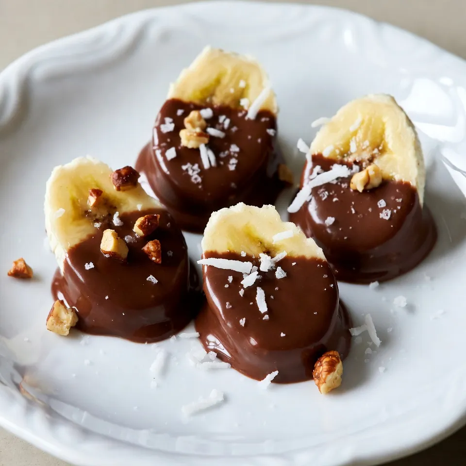 To make chocolate-covered banana bites, you need: - 2 ripe bananas - 1 cup semi-sweet chocolate chips - 1 tablespoon coconut oil (optional) These ingredients create a perfect balance of sweet and creamy. The bananas give a soft bite, while the chocolate adds richness. You can enhance your bites with: - ⅓ cup chopped nuts (walnuts, almonds, or hazelnuts) - ⅓ cup unsweetened shredded coconut - A light sprinkle of sea salt These options add crunch and flavor. The nuts give a nice texture, and the coconut adds a tropical twist. Each chocolate-covered banana bite provides: - Calories: About 90 per piece - Protein: 1g - Carbohydrates: 12g - Fats: 4g These bites are a fun and tasty treat. You enjoy the sweetness of bananas with the richness of chocolate. They make a healthier snack choice compared to many store-bought options. {{ingredient_image_2}} Start by peeling the bananas. Slice them into even 1-inch thick rounds. Uniform slices help the chocolate coat better. This is key for a nice finish. Lay the slices on a plate or cutting board. Grab a microwave-safe bowl. Add the semi-sweet chocolate chips and coconut oil if you want. Microwave the bowl in 30-second bursts. Stir well after each burst. Keep going until the chocolate is smooth and glossy. Now, take a fork or toothpick. Dip each banana slice into the melted chocolate. Make sure each piece is covered well. Let any extra chocolate drip back into the bowl. While the chocolate is still warm, sprinkle nuts and shredded coconut on top. A little sea salt adds a nice touch too. Line a baking tray with parchment paper. Place the chocolate-covered banana bites on it. Put the tray in the refrigerator. Chill for at least 30 minutes. This helps the chocolate harden completely. Your tasty banana bites are ready! Serve them on a nice platter. For a fun touch, drizzle extra melted chocolate over the top. Enjoy these bites as a snack or dessert at any gathering! To get a nice, smooth chocolate coat, use high-quality chocolate chips. When melting, add a little coconut oil. This helps make the chocolate silky and easy to dip. Microwave in short bursts and stir often. This keeps the chocolate from burning. Make sure the chocolate is fully melted before dipping. After dipping the banana slices, place them on parchment paper. It helps prevent sticking. Chill them in the fridge for about 30 minutes. This time lets the chocolate harden perfectly. For best results, don’t rush this step. A well-chilled chocolate coating makes your bites more enjoyable. Presentation can make your treat even better. Arrange the banana bites on a nice platter or tiered stand. For a fun touch, drizzle extra melted chocolate on top. You can also sprinkle some nuts or coconut for a colorful look. Using some fresh mint leaves can add a pop of color too! Pro Tips Use Ripe Bananas: The riper the bananas, the sweeter and creamier your bites will be. Look for bananas with brown spots for optimal flavor. Choose Quality Chocolate: Using high-quality chocolate will enhance the taste of your banana bites. Consider using chocolate with a cocoa content of at least 60% for a richer flavor. Experiment with Toppings: Don’t be afraid to get creative! Try using different nuts, seeds, or even sprinkles for added texture and flavor. Store Properly: Keep any leftovers in an airtight container in the refrigerator. They can last for up to a week, but they are best enjoyed fresh! {{image_4}} You can switch up the chocolate for fun! White chocolate adds a sweet touch. Dark chocolate gives a rich, bold flavor. You can even try milk chocolate if you like it sweeter. Each coating changes the taste, making each bite special. Toppings make your banana bites even better! Add colorful sprinkles for a fun look. Crushed cookies like Oreos or graham crackers add crunch and flavor. Try adding chopped nuts for a nutty crunch. You can mix and match toppings to make your bites unique. Want to add more flavor? Try using flavored oils like peppermint or orange. A drop of vanilla extract can make your chocolate even better. These simple changes can make your banana bites exciting and new. Experiment with different flavors to find your favorite! To keep your chocolate-covered banana bites fresh, store them in an airtight container. Line the container with parchment paper to avoid sticking. Place a piece of parchment between layers if you stack them. Keep the container in the fridge, as this helps the chocolate stay firm. Avoid leaving them out at room temperature for too long. These tasty bites can last about 5 days in the fridge. After that, the bananas might start to brown, and the chocolate may lose its shine. Always check for any signs of spoilage before eating. If you notice any off smells or changes in texture, it's best to toss them. You can freeze chocolate-covered banana bites for longer storage. To freeze, place them on a baking tray in a single layer. Once frozen solid, transfer them to a freezer bag or airtight container. They can last up to 2 months in the freezer. To thaw, simply move them to the fridge for a few hours or leave them at room temperature for about 30 minutes. Enjoy them cold for a refreshing treat! Yes, you can use frozen bananas. They work well in this recipe. Just thaw them first. Sliced frozen bananas can be softer. This can change the texture. Fresh bananas give a firmer bite. I recommend using semi-sweet chocolate chips. They melt easily and taste great. You can also try dark chocolate for a richer flavor. If you like sweetness, use milk chocolate. Each type gives a unique taste. Yes! You can make this recipe allergy-friendly. Use dairy-free chocolate chips for lactose issues. For nut allergies, skip the nuts or use seeds. Sunflower seeds are a great option. Always check labels for allergens. To make these bites healthier, use dark chocolate. It has less sugar and more antioxidants. You can also skip the nuts for fewer calories. Add chia seeds for extra fiber and nutrients. Enjoy them in moderation to keep it healthy! You learned how to make chocolate-covered banana bites. We covered essential ingredients and fun toppings. You also saw step-by-step tips to make this treat perfect. Remember to chill them well for the best texture. Try different chocolates and toppings to find your favorite flavor. Proper storage can help your treats last longer. With this guide, you can enjoy a tasty and healthy snack at home. Make them for yourself or share with friends. Enjoy your sweet creations!