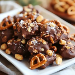 - 2 cups mini pretzels - 1 cup roasted peanuts (salted or unsalted) - 1 cup semi-sweet chocolate chips - 1/2 cup creamy peanut butter - 1 teaspoon sea salt (optional for garnish) - 1 teaspoon vanilla extract Gather these simple ingredients before you start. The mini pretzels bring the crunch, while the roasted peanuts add a nice bite. You can pick salted or unsalted peanuts based on your taste. The semi-sweet chocolate chips and creamy peanut butter blend well to create a smooth coating. If you want a touch of flavor, add sea salt on top. The vanilla extract enhances the taste too. When I make these clusters, I love the balance of sweet and salty. This mix of flavors makes each bite a delight. Plus, the recipe is easy to follow, so you can whip it up in no time. {{ingredient_image_2}} Line a large baking sheet with parchment paper or a silicone mat. This step helps your clusters not stick. Non-stick surfaces make it easy to lift the clusters off once they set. In a microwave-safe bowl, mix the semi-sweet chocolate chips and creamy peanut butter. Heat this mixture in the microwave for 30-second bursts. Stir well between each interval. It should take about 1.5 to 2 minutes to melt completely. A smooth consistency is key, so take your time here. After the chocolate-peanut butter mix is smooth, remove it from the microwave. Stir in the roasted peanuts and mini pretzels. Make sure every piece gets coated in the chocolate mix. Look for a glossy finish to know you&rsquo;re ready to shape the clusters. Use a tablespoon or a cookie scoop to drop spoonfuls onto your prepared baking sheet. Aim to create small clusters, giving each some space. This spacing allows them to spread slightly without merging. For a flavor boost, sprinkle a tiny pinch of sea salt on top of each cluster. This step adds a nice contrast to the sweet chocolate. You can also use different techniques, like drizzling melted chocolate for a fancy touch. Place the baking sheet in the fridge for 30 to 60 minutes. This chilling time helps the clusters set properly. You&rsquo;ll know they are ready when they feel firm to the touch. Once set, remove the baking sheet from the fridge. Carefully peel each cluster off the parchment paper. For a fun presentation, place them on a decorative plate. You can drizzle extra melted chocolate on top for an added flair. Enjoy your tasty Chocolate Pretzel Peanut Clusters! - Choosing the right chocolate: Use semi-sweet chocolate chips for great taste. They melt well and add rich flavor. You can also try dark chocolate for a bolder taste. - Adjusting peanut butter consistency: Use creamy peanut butter for easy mixing. If it&rsquo;s too thick, warm it slightly in the microwave. This helps it blend smoothly with the chocolate. - Overheating chocolate: Heat chocolate slowly in the microwave. Stop every 30 seconds to stir. This prevents burning and keeps it smooth. - Not spacing the clusters: Leave space between each cluster on the baking sheet. This helps them hold their shape and prevents sticking. - Best bowls and utensils for the recipe: Use a medium microwave-safe bowl to melt chocolate. A sturdy spoon or spatula works best for mixing. - Importance of a good baking sheet: A good baking sheet is key. Use one that is flat and sturdy. This ensures even cooling and easy removal of your treats. Pro Tips Choose Your Pretzels Wisely: Opt for mini pretzels for a perfect bite-size treat, but feel free to experiment with different shapes and flavors for added fun! Use Quality Chocolate: The flavor of your clusters relies heavily on the chocolate. Choose high-quality semi-sweet chocolate chips for the best results. Customize Your Nuts: While roasted peanuts are great, feel free to substitute with other nuts like almonds or pecans for a unique twist on flavor and texture. Storage Tips: Keep your clusters in an airtight container in the fridge to maintain their freshness and prevent the chocolate from melting. {{image_4}} You can switch out peanuts for other nuts. Almonds and cashews work well. They add different flavors and crunch. If you have nut allergies, use seeds instead. Sunflower seeds or pumpkin seeds are great options. They make the clusters tasty and safe. Adding spices can give your clusters a fun twist. Try cinnamon for warmth or maple for sweetness. You can also mix in dried fruits. Raisins or cranberries add a fruity burst. If you want more crunch, add candy pieces. Mini M&Ms or crushed toffee bits can make it exciting. For a diabetic-friendly treat, use sugar-free chocolate. It still tastes great and cuts down on sugar. You can also choose alternative sweeteners for your peanut butter. Stevia or erythritol can work well. These swaps keep the clusters sweet without the sugar spike. Store your Chocolate Pretzel Peanut Clusters in airtight containers. This keeps them fresh and tasty. Open storage will let them get dry and lose flavor. Keep the containers in a cool, dark place, like a pantry. Avoid warm areas, as heat can melt the chocolate. These clusters last about one week at room temperature. If you want them to last longer, freeze them. To freeze, place clusters in a single layer on a baking sheet. Once frozen, transfer them to a freezer-safe bag. They can last up to three months in the freezer. If you want to refresh the clusters, melt them carefully. Use a microwave in short bursts of 10 or 15 seconds. Stir in between to avoid burning. This keeps the texture nice. Avoid reheating more than once, as it can change the clusters' texture. Yes, you can make these clusters ahead of time. After they cool, store them in an airtight container. They can last for up to one week at room temperature. If you want to keep them longer, they freeze well for about three months. If you don't have mini pretzels, you can use regular pretzels. You might also try snack sticks or rice cakes. They add a nice crunch and work well with the chocolate and peanuts. Yes, you can adapt this recipe for gluten-free diets. Use gluten-free pretzels and check the chocolate and peanut butter labels. For a vegan option, choose dairy-free chocolate and a plant-based peanut butter. Melted chocolate should look smooth and shiny. It should pour easily but not be too runny. Stir it well after each microwave interval to check for lumps. If it feels warm to the touch, it&rsquo;s ready. You now have a simple and fun recipe for Chocolate Pretzel Peanut Clusters. We covered the key ingredients, easy steps, and tips to make them perfect. Whether you prefer to use different nuts or flavors, the options are endless. Storing your treats right keeps them fresh, so remember those tips. Enjoy making these tasty clusters for any occasion. You can impress friends and family while satisfying your sweet tooth. Dive into this fun cooking adventure and savor every bite!