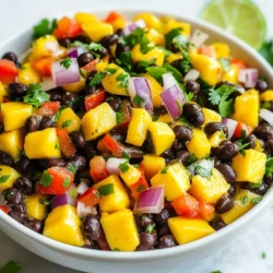 - 1 ripe mango, diced into small cubes - 1 can (15 oz) black beans, thoroughly rinsed and drained - 1 medium red bell pepper, diced finely - 1 small red onion, finely minced - 1 fresh jalape&ntilde;o, seeds removed and diced small - 1/4 cup fresh cilantro leaves, chopped coarsely - Juice from 2 medium limes - 2 tablespoons extra virgin olive oil - Sea salt and freshly cracked black pepper, to taste Mango black bean salsa shines with vibrant flavors. The ripe mango brings sweetness and a tropical vibe. Black beans add protein and heartiness, making this salsa filling. The red bell pepper gives crunch and color, while the red onion adds a sharp bite. Jalape&ntilde;o peppers bring a touch of heat, but you can adjust this to your taste. Fresh cilantro adds a bright, herbal note that pairs well with lime juice. Lime juice adds tang, balancing the sweet and savory notes. Extra virgin olive oil adds richness, while sea salt and black pepper enhance all the flavors. These ingredients work together, creating a fresh and delicious salsa perfect for any occasion. Enjoy this salsa on tortilla chips or as a topping for grilled meats. {{ingredient_image_2}} 1. In a large bowl, combine the diced mango, black beans, red bell pepper, red onion, and jalape&ntilde;o. Stir carefully so you don&rsquo;t mash the mango. 2. Next, add the chopped cilantro. This adds a fresh taste to the salsa. 3. In another bowl, whisk together the lime juice, olive oil, sea salt, and black pepper. This is your zesty dressing. 4. Drizzle the dressing over the other ingredients. Toss gently with a spatula to coat everything well. 5. Taste the salsa and adjust the seasoning. You can add more lime juice, salt, or pepper if needed. Letting the salsa rest is key. This time lets the flavors mix better. I recommend letting it sit for at least 15 minutes. This short wait will make your salsa even more tasty! - Avoid mashing mango: When you mix your ingredients, be gentle. You want those nice, fresh mango cubes to stay intact. Mashing will ruin the texture and look of the salsa. - Taste and adjust seasoning: Always taste your salsa before serving. You may want more lime juice or salt. Each ingredient shines, so adjust to your liking for the best flavor. - Decorative serving ideas: Serve your salsa in a bright bowl. A colorful dish makes your salsa pop. It also invites people to try it! - Garnishes for visual appeal: Add extra cilantro leaves and lime wedges around the bowl. This adds color and makes your salsa look even more delicious. Pair it with crispy tortilla chips for an irresistible treat! Pro Tips Choose Ripe Mangoes: Make sure your mango is ripe for the best flavor. A ripe mango will have a slight give when you press it gently and will emit a sweet aroma near the stem. Customize the Heat: Adjust the amount of jalape&ntilde;o based on your heat preference. For a milder salsa, you can omit the seeds and membranes or use less jalape&ntilde;o. Let it Rest: Allow the salsa to sit for at least 15 minutes before serving. This resting period helps the flavors meld together, resulting in a more harmonious taste. Serve with a Twist: For added flavor, try serving the salsa with lime-flavored tortilla chips or alongside grilled fish or chicken for a delicious pairing. {{image_4}} You can switch up the fruits in your salsa for fun flavors. Try using pineapple or peaches instead of mango. These fruits add sweetness and a different twist. You can also use avocado for creaminess. For legumes, black beans are great, but you can use chickpeas or kidney beans. Each legume brings a unique taste and texture. This way, you can create your own special salsa. Adding spices can elevate your salsa. Consider cumin for a warm, earthy flavor. A pinch of chili powder can add heat if you like spice. Mixing in fresh herbs enhances the taste too. Try adding mint or basil for a refreshing twist. These herbs can brighten the salsa and make it even more delicious. To keep your mango black bean salsa fresh, store it in the fridge. Place the salsa in an airtight container. This will help keep the flavors intact. Make sure to seal it well. If you have extra salsa, you can also use glass jars. They work great for storage. Mango black bean salsa lasts about 3 to 5 days in the fridge. After that, it may start to lose its taste and texture. Signs of spoilage include a change in color, strange smells, or an off taste. If you notice any of these signs, it&rsquo;s best to toss the salsa. Enjoying your salsa fresh will always taste best! Yes, you can make this salsa ahead of time. It tastes even better after sitting for a while. The flavors mix well when you chill it in the fridge. I recommend making it a few hours before serving. You can serve this salsa with many things. It pairs well with crispy tortilla chips. You can also use it as a topping for grilled chicken or fish. It makes a great addition to tacos or burritos too. This salsa has a mild heat. The jalape&ntilde;o adds some spice, but you can adjust it. If you prefer no heat, simply leave out the jalape&ntilde;o. For more spice, add more jalape&ntilde;o or use a hotter pepper. I do not recommend freezing this salsa. The texture of the mango will change when frozen. It may become mushy when thawed. It&rsquo;s best to enjoy this salsa fresh. You now know how to make Mango Black Bean Salsa. We covered main ingredients, step-by-step steps, and expert tips. Remember, letting the salsa rest lets the flavors mix well. Feel free to switch ingredients based on your taste. Lastly, store leftovers in the fridge for fresh snacks later. Enjoy your salsa with chips or on tacos. Making this dish is easy and fun &mdash; share it with friends!