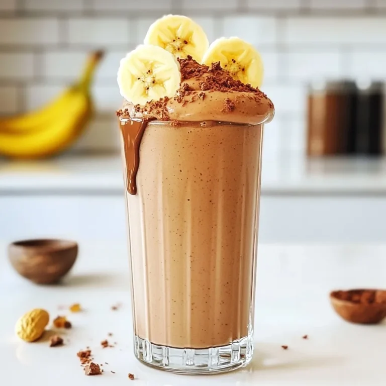To make the Chocolate Peanut Butter Banana Smoothie, gather these items: - 2 ripe bananas, frozen (sliced before freezing for easier blending) - 2 tablespoons creamy peanut butter (or crunchy, for added texture) - 1 cup unsweetened almond milk (or your preferred milk alternative) - 2 tablespoons unsweetened cocoa powder - 1 tablespoon honey or maple syrup (optional, adjust to taste for extra sweetness) - 1/2 teaspoon pure vanilla extract - A pinch of sea salt - Ice cubes (optional, for a thicker and chillier texture) If you need different measurements, here are some conversions: - 2 tablespoons = 1 ounce - 1 cup = 8 fluid ounces - 1 tablespoon = 3 teaspoons These conversions help in scaling the recipe up or down as needed. You can swap some ingredients if needed: - Bananas: Use 1 cup of unsweetened applesauce for a different flavor. - Peanut Butter: Almond butter or sunflower seed butter works too. - Milk: Any milk alternative, like soy or oat milk, is great. - Cocoa Powder: Carob powder can replace cocoa for a unique taste. - Sweetener: Use agave nectar or stevia if you want a low-calorie option. Feel free to mix and match these ingredients to suit your taste or dietary needs! {{ingredient_image_2}} To make a great smoothie, you need good ingredients. Start with ripe bananas. They should be frozen before use. Slice the bananas into smaller pieces before freezing. This makes blending much easier. Use creamy peanut butter for smoothness or crunchy for some texture. You can choose unsweetened almond milk or any milk you like. In a sturdy blender, add the frozen banana slices. Next, spoon in the peanut butter. Pour in the almond milk and add cocoa powder. If you like sweetness, add honey or maple syrup. Don’t forget the vanilla extract and a pinch of sea salt. Blend everything on high speed. Watch as the mix turns smooth and creamy. If your smoothie is too thick, you can fix it. Slowly add a little more almond milk while blending. Keep blending until it reaches your desired thickness. For a cooler, frosty drink, toss in some ice cubes. Blend it again until the ice is gone. Taste your smoothie. If it needs more sweetness, add more honey or maple syrup. Blend again to mix it well. To get a smooth and creamy blend, use frozen bananas. I suggest slicing them before freezing. This helps them blend easily. If the smoothie is too thick, add a splash more almond milk. Blend again until you reach the right texture. Taste your smoothie before serving. If you find it needs more sweetness, add honey or maple syrup. Start with a small amount. You can always add more if you like. Remember, the ripeness of your bananas also affects the sweetness. Store your ripe bananas in the freezer for the best results. You can keep almond milk in your fridge for a long time. If you have leftover smoothie, store it in an airtight container. It will stay fresh for one day in the fridge. Just give it a good stir before enjoying it again. Pro Tips Frozen Bananas are Key: Using frozen bananas not only makes the smoothie creamier but also eliminates the need for ice, keeping the flavors more concentrated. Nut Butter Variations: Experiment with different nut butters like almond or cashew for unique flavor profiles and added nutritional benefits. Sweetness Control: Adjust the sweetness by starting with less honey or maple syrup and adding more as needed, ensuring you achieve your preferred taste. Boost with Add-ins: For extra nutrition, consider adding a scoop of protein powder, spinach, or chia seeds to enhance the health benefits without altering the flavor significantly. {{image_4}} You can easily change up the flavors in your chocolate peanut butter banana smoothie. Here are some fun ideas: - Protein Powder: Add a scoop of your favorite protein powder. This gives your smoothie an extra boost. - Chia Seeds: Toss in a tablespoon of chia seeds for added fiber and omega-3s. - Spinach: A handful of fresh spinach blends well. It adds nutrients without changing the taste. - Coconut: Add shredded coconut for a tropical twist. It gives a nice texture and flavor. Experiment with these options to find your favorite mix! This smoothie is easy to adapt to fit your diet. Here’s how: - Vegan: Use almond milk or any plant-based milk. Skip honey and use maple syrup instead. - Low-Sugar: Use unsweetened cocoa powder and skip the sweeteners. The bananas add natural sweetness. - Nut-Free: Swap peanut butter for sunflower seed butter. This keeps it nut-free and still tasty. These changes make the smoothie fit your needs without losing flavor. Seasonal fruits can give your smoothie a fresh twist. Try these swaps: - Summer: Use fresh strawberries or blueberries. They add a burst of color and flavor. - Fall: Add pumpkin puree and a sprinkle of cinnamon for a cozy autumn vibe. - Winter: Use frozen cherries or a mix of frozen berries. They keep the smoothie cold and yummy. Switching ingredients with the seasons keeps your smoothie exciting and delicious! This smoothie packs a punch with its key ingredients. Each one brings its own special benefits. - Bananas: They give you potassium and vitamins. This helps your heart and muscles. - Peanut Butter: It's high in protein and healthy fats. This keeps you full longer. - Almond Milk: Low in calories and dairy-free. It is also a good source of vitamins. - Cocoa Powder: Rich in iron and magnesium. It adds flavor and health benefits. - Honey or Maple Syrup: These natural sweeteners can offer some vitamins. This smoothie is great for energy. The mix of protein and healthy fats helps you feel full. Bananas give you quick energy. Peanut butter keeps you satisfied longer. When you drink this smoothie, you get a nice balance. You won’t feel hungry right away. This makes it a perfect snack or meal replacement. Cocoa powder is a star in this recipe. It has antioxidants that help fight free radicals. These free radicals can speed up aging and cause illness. Using unsweetened cocoa gives you all the benefits without extra sugar. This makes your smoothie tasty and healthy. Enjoy it knowing you are treating your body well! Yes, you can use fresh bananas. However, frozen bananas make the smoothie creamier and colder. If you use fresh ones, add ice cubes for that chill. Frozen bananas also give a thicker texture. To make this smoothie dairy-free, use almond milk or another plant-based milk. Soy, oat, or coconut milk all work well. Just make sure to choose unsweetened versions for a healthy option. This way, you still enjoy a creamy taste without dairy. You can add many fun ingredients! Try adding spinach for a healthy boost. A scoop of protein powder can help fuel your day. You could also mix in chia seeds for extra texture. If you love spice, a dash of cinnamon adds warmth. In this post, we covered how to make a delicious smoothie. We explored the best ingredients, their measurements, and substitutions. I shared tips on blending and achieving the right consistency. You learned tricks for creaminess and sweetness, along with storage tips. We also discussed variations for different diets and flavors. Lastly, the health benefits highlight the nutrients and energy boosts. Now, go make your smoothie! Enjoy the tasty flavors and great health it brings.