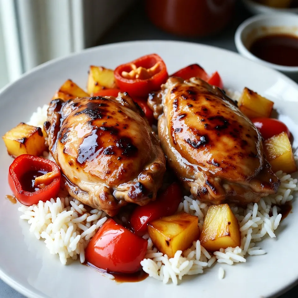 Here’s what you need for Pineapple Teriyaki Chicken: - 4 boneless, skinless chicken thighs - 1 cup fresh pineapple chunks - 1/3 cup teriyaki sauce - 2 tablespoons soy sauce - 1 tablespoon honey - 1 tablespoon freshly grated ginger - 2 cloves garlic, finely minced - 1 tablespoon sesame oil - 1 red bell pepper, thinly sliced - 1 green onion, finely chopped (for garnish) - A sprinkle of sesame seeds (for garnish) - Cooked jasmine rice (for serving) These ingredients make a delicious dish. The chicken thighs are juicy and tender. Fresh pineapple adds a sweet touch. The teriyaki sauce gives a rich flavor. Ginger and garlic add warmth. Sesame oil brings a nutty taste. Red bell pepper adds crunch and color. Green onion and sesame seeds are perfect for garnish. Finally, jasmine rice serves as a great base. You can find these ingredients easily at the store. Opt for ripe pineapple for the best taste. This dish is perfect for a family meal. It’s simple and quick to prepare. Enjoy the vibrant flavors and textures! {{ingredient_image_2}} Preparing the marinade To make the marinade, mix teriyaki sauce, soy sauce, honey, grated ginger, and minced garlic in a bowl. Whisk them together well. This blend gives the chicken a sweet and savory flavor. Marinating time recommendations Place the chicken thighs in the marinade. Make sure each piece is covered. Cover the bowl and let it sit for at least 30 minutes. For better taste, marinate it for up to 2 hours in the fridge. Heating the skillet Heat sesame oil in a large skillet over medium-high heat. Wait until the oil shimmers before adding the chicken. This ensures a nice sear on the meat. Cooking times and temperatures Cook the chicken for about 6-7 minutes on each side. You want it golden brown and cooked through. Check the internal temperature; it should reach 165°F (75°C) for safety. Adding bell pepper and pineapple Once the chicken is cooked, remove it from the skillet and set it aside. In the same skillet, add sliced red bell pepper and fresh pineapple chunks. Sauté these for about 3-4 minutes. The bell pepper should be tender but still crisp. Final heating and combining with chicken Return the chicken to the skillet. Pour in any leftover marinade and stir gently. Heat everything for an additional 2-3 minutes. This allows the sauce to coat the chicken and vegetables nicely. Serve the dish over jasmine rice for a complete meal. Enjoy! For the best flavor, marinate your chicken for at least 30 minutes. If you have time, let it soak for up to 2 hours. This longer time helps the flavors soak in deep. You can also add a splash of orange juice or a dash of chili flakes for extra zest. To get that golden brown color on your chicken, heat the skillet well before adding the chicken. Use medium-high heat for a nice sear. Cook each side for about 6-7 minutes. Always check that the chicken reaches 165°F (75°C) to ensure it is safe to eat. For a beautiful plate, arrange the chicken and veggies artfully over a mound of jasmine rice. Add some fresh pineapple chunks on top for a pop of color. A lime wedge on the side adds a nice touch and flavor contrast. Pair this dish with a simple green salad or steamed broccoli for a balanced meal. Pro Tips Marination Time: Allowing the chicken to marinate for at least 30 minutes, or up to 2 hours, will enhance the flavor profile and tenderness of the meat. Sesame Oil Substitution: If you don't have sesame oil, you can use vegetable oil, but the dish will lack that signature nutty flavor. Cooking Temperature: Ensure that the chicken reaches an internal temperature of 165°F (75°C) for safe consumption and optimal juiciness. Vegetable Variations: Feel free to add other vegetables like snap peas or bok choy for a colorful and nutritious twist. {{image_4}} You can easily switch up the teriyaki sauce. Try using a homemade version. Mix equal parts soy sauce and honey. Add a splash of rice vinegar for tang. If you want to change the veggies, red bell pepper is great, but you can use others too. Zucchini or snap peas work well. Chopped carrots add color and crunch too. Want some heat? Add crushed red pepper flakes or a dash of sriracha. This will give your dish a spicy kick. You can also change the protein. Chicken thighs are juicy, but shrimp or tofu are good choices too. Each option brings a unique taste to the dish. For meal prep, this dish stores well in the fridge. Make a big batch and enjoy it all week. Just reheat it in the microwave for a quick meal. You can also serve it as a salad. Toss the chicken and veggies over fresh greens. Drizzle with extra teriyaki sauce. This makes for a light and tasty lunch option. To store leftovers, place them in an airtight container. This keeps the chicken moist and flavorful. Make sure to cool it to room temperature before sealing. Leftovers stay fresh in the fridge for about 3 to 4 days. If you want to keep it longer, consider freezing. For freezing, let the dish cool completely. Then, place it in a freezer-safe container or bag. Make sure to remove as much air as possible to prevent freezer burn. Pineapple Teriyaki Chicken can last in the freezer for up to 3 months. When you are ready to eat, thaw it overnight in the fridge. Reheat it in a pan over low heat. Stir occasionally until it’s heated through. You can also use a microwave, but be careful not to overcook it. Enjoy your meal anytime! To make Pineapple Teriyaki Chicken gluten-free, you can swap out some ingredients. Use gluten-free teriyaki sauce and soy sauce. Many brands offer gluten-free options. Always check labels to be sure. This way, you keep the dish tasty without gluten. Yes, you can use chicken breast instead of thighs. Chicken breast has less fat and cooks faster. It can be drier compared to thighs, which are juicier and more flavorful. If you choose chicken breast, cook it carefully to keep it moist. Pineapple Teriyaki Chicken pairs well with several sides. Here are some great options: - Jasmine rice - Steamed broccoli - Fried rice - Mixed green salad - Grilled asparagus For drinks, try iced tea or a fruity mocktail. These choices enhance the meal and make it special. This blog post covered all the key steps for making Pineapple Teriyaki Chicken. You learned about the ingredients, marinating the chicken, and cooking it perfectly. I shared tips for serving and storing leftovers. Remember, the right marinade and cooking techniques make a huge difference. Feel free to switch ingredients to suit your taste. Enjoy creating this tasty dish that can impress anyone! With these easy steps, you can cook up a delicious meal any day.