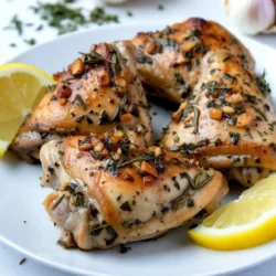To make this tasty dish, you need a few key items: - 4 bone-in, skin-on chicken thighs - 4 cloves garlic, finely minced - 2 tablespoons fresh rosemary, finely chopped - 2 tablespoons fresh thyme, finely chopped - 1 tablespoon fresh parsley, finely chopped - 1 lemon, zested and juiced - 3 tablespoons extra virgin olive oil - Salt and freshly cracked black pepper, to taste These ingredients work together to create a rich flavor that makes your meal shine. You can make this dish your own by adding a few optional items: - Fresh lemon wedges for serving These lemon wedges add a bright touch. They make the dish look great and taste fresh. This dish is not only delicious but also packed with good nutrients. Chicken thighs provide protein and healthy fats. Herbs like rosemary and thyme add antioxidants. The lemon juice brings vitamin C to the table. Each serving is balanced and satisfying, making it a great choice for a wholesome meal. {{ingredient_image_2}} First, heat your oven to 400&deg;F (200&deg;C). This step is crucial. A hot oven helps make the chicken crispy. While the oven warms, gather your ingredients for the marinade. You need garlic, rosemary, thyme, parsley, lemon juice, lemon zest, and olive oil. Mix these in a bowl. Stir them well. Add salt and pepper to taste. This mix will give your chicken a fresh taste. Next, take the chicken thighs and pat them dry using paper towels. This step helps the skin get crispy when cooked. Place the thighs in a large bowl or a resealable plastic bag. Pour the marinade over the chicken. Make sure every piece gets coated. If you use a bag, seal it tightly. Massage the marinade into the chicken gently. Let it sit for at least 30 minutes. If you have time, marinate for up to 2 hours in the fridge. This wait allows the flavors to soak in. Now, it&rsquo;s time to cook! Heat a bit of olive oil in a large ovenproof skillet over medium-high heat. Once the oil is hot, add the chicken thighs, skin side down. Sear them for about 5-7 minutes. The skin should turn golden brown. Flip the thighs over carefully. Place the skillet in the oven. Roast for 20-25 minutes. The chicken is done when it reaches 165&deg;F (75&deg;C) inside. The juices should run clear. After cooking, take the skillet out of the oven and let the chicken rest for 5 minutes before serving. This resting time helps keep the chicken juicy. Marinating chicken is key for flavor. Use fresh herbs for the best taste. I like to mix garlic, rosemary, thyme, and parsley. These herbs bring a bright flavor. Add lemon juice and zest for a citrus twist. Let the chicken soak up the marinade for at least 30 minutes. If you have time, marinate it in the fridge for up to 2 hours. This makes the chicken even tastier. For crispy skin, start with dry chicken thighs. Pat them with paper towels to remove moisture. Searing the chicken on medium-high heat is vital. Cook skin side down for 5-7 minutes until golden brown. This step locks in the juices and makes the skin crispy. Once seared, finish cooking in the oven. This method gives you juicy chicken with a crispy skin. You can boost the flavor of garlic herb chicken in many ways. Consider adding spices like paprika or cayenne for a kick. For a smoky taste, try smoked paprika. A splash of white wine in the marinade can add depth. You can also garnish the dish with fresh herbs before serving. Lemon wedges not only look nice but also add freshness. Experiment with these ideas to make it your own! Pro Tips Marinate for Maximum Flavor: Allowing the chicken to marinate for at least 2 hours, or overnight if possible, enhances the flavor and tenderness of the meat. Ensure Crispy Skin: Patting the chicken thighs dry before applying the marinade helps achieve a crispy skin when seared and roasted. Use a Meat Thermometer: To ensure perfectly cooked chicken, use a meat thermometer to check that the internal temperature reaches 165&deg;F (75&deg;C). Let It Rest: Allow the chicken to rest for about 5 minutes after cooking to let the juices redistribute, resulting in moist and flavorful meat. {{image_4}} You can cook garlic herb chicken thighs in two great ways: the oven or the grill. The oven gives the chicken a nice, even cook. It also makes the skin crispy on the outside. You preheat your oven to 400&deg;F (200&deg;C). Sear the chicken first for a golden crust, then roast it. This method locks in juices and flavors. Grilling adds a smoky taste that many love. The grill gives the chicken a charred flavor that is hard to beat. Just make sure your grill is hot before adding the chicken. Cook each side until it&rsquo;s golden and juicy. Both methods work well, so choose what suits you best! Herbs can change the taste of garlic herb chicken thighs. If you don&rsquo;t have fresh rosemary, use dried rosemary. You can also swap it for sage or oregano. Thyme is versatile, so you can mix in basil or dill for a twist. Parsley adds freshness, but you can try cilantro for a different flavor. Get creative! Use what you have on hand. Fresh herbs work best, but dried herbs can also be great. Just remember, dried herbs are stronger, so use less. Adding citrus can brighten your dish. Use different fruits like lime or orange for a unique taste. Squeeze fresh juice over the chicken or mix it into the marinade. The zest enhances the flavor too. You can also add a bit of honey or mustard for sweetness and depth. This makes the chicken more exciting. Try mixing in chili flakes if you like heat. Each twist you add can turn a simple dish into a gourmet meal! After enjoying your garlic herb chicken thighs, let them cool. Place the chicken in an airtight container. If you have a lot, separate them into smaller portions. Store in the fridge for up to three days. This keeps them fresh and ready for later meals. To reheat your chicken thighs, use the oven. Preheat it to 350&deg;F (175&deg;C). Place the chicken on a baking sheet. Cover with foil to keep moisture in. Heat for about 15-20 minutes or until warm. Check the internal temperature reaches 165&deg;F (75&deg;C). This method keeps the skin crispy and juicy. If you want to save some for later, freezing is a great option. Wrap each thigh in plastic wrap. Then, place them in a freezer bag. Remove as much air as possible. Label the bag with the date. You can freeze them for up to three months. When ready to eat, thaw in the fridge overnight before reheating. You can serve Garlic Herb Chicken Thighs with many tasty sides. Here are some ideas: - Mashed potatoes - Roasted vegetables - Fresh green salad - Quinoa or rice - Garlic bread These sides pair well and add variety to your meal. They also soak up the chicken's flavors. You can mix and match to find your favorite combo. Yes, you can use boneless chicken thighs. They cook faster and are easier to eat. Just adjust the cooking time. Start with about 20 minutes in the oven. Ensure they reach 165&deg;F (75&deg;C) for safety. Boneless thighs absorb the flavors well too. To check if chicken thighs are done, use a meat thermometer. Insert it into the thickest part of the thigh. It should read 165&deg;F (75&deg;C). If you don't have a thermometer, cut into the meat. The juices should run clear, not pink. Let the chicken rest for about 5 minutes after cooking. This helps the juices stay inside and makes it juicy. In this blog post, I covered how to make garlic herb chicken thighs. We looked at essential and optional ingredients, along with the nutrition facts. I shared step-by-step instructions, marinating tips, and methods for crispy skin. I also explained various cooking options and storage tips. Cooking is fun and let&rsquo;s you be creative. Try different herbs or cooking methods. Your chicken can be a hit at any meal. Enjoy every bite!