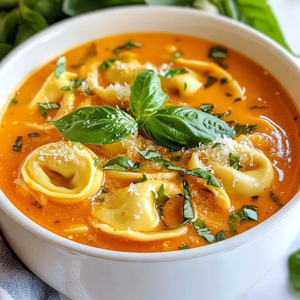 - 2 cups vegetable broth - 1 can (14 oz) crushed tomatoes - 1 cup heavy cream - 1 package (9 oz) cheese tortellini - 1 medium onion, diced - 3 cloves garlic, minced - 2 teaspoons Italian seasoning - 1 tablespoon olive oil - Salt and pepper to taste - Fresh basil leaves, for garnish - Grated Parmesan cheese, for serving (optional) For this creamy tomato tortellini soup, I focus on fresh, simple ingredients. The vegetable broth serves as a rich base. It adds depth and warmth. The crushed tomatoes bring a lovely sweetness and vibrant color. They create a comforting flavor that pairs well with pasta. Next, we have heavy cream, which makes the soup luxuriously creamy. It balances the acidity from the tomatoes. The cheese tortellini adds a delightful bite. You get cheesy goodness in every spoonful. I love using onion and garlic for their aromatic qualities. They enhance the soup's overall flavor. Italian seasoning brings a touch of classic Italian flair. It blends perfectly with the other ingredients. Using olive oil to sauté the onions and garlic adds richness. I season the soup with salt and pepper to enhance the natural flavors. Finally, for the finishing touch, fresh basil leaves and grated Parmesan cheese make each bowl feel special. These garnishes give a fresh taste and a beautiful look. This combination of ingredients creates a warm, inviting bowl of soup. It’s perfect for chilly days or when you need comfort food. {{ingredient_image_2}} - Sauté onion and garlic: Start by warming olive oil in a large pot over medium heat. Once it is hot, add the diced onion. Sauté for about five minutes until it smells good and looks translucent. Then, mix in the minced garlic and sauté for another minute. Keep stirring to avoid burning. - Combine broth and tomatoes: Next, pour in the crushed tomatoes and vegetable broth. Sprinkle in the Italian seasoning. Stir the mix until it is well combined. Bring this mixture to a gentle simmer. - Introduce tortellini: Once the soup simmers, add the cheese tortellini. Cook it according to the package instructions. This usually takes about five to seven minutes. You want the tortellini to be tender and cooked through. - Simmer the soup: Allow the soup to simmer gently. This helps the flavors blend well. Keep an eye on it so it doesn’t boil rapidly. - Stir in heavy cream: After the tortellini is cooked, lower the heat. Stir in the heavy cream slowly. Let the soup heat through for about three to four minutes. Stir occasionally to mix the cream evenly. - Adjust seasoning: Finally, taste your soup. Add salt and pepper to your liking. Adjust the seasoning until it tastes just right. To make your soup taste great, focus on sautéing. Start by heating olive oil in your pot. Add diced onion and cook until soft. This brings out a sweet flavor in the onion. Next, add minced garlic for a minute. Stir it well to avoid burning. Garlic gives your soup a warm aroma. For creaminess, add heavy cream last. Lower your heat before stirring it in. This helps keep the cream from curdling. Let it warm up for a few minutes. Stir gently to mix it in well. This creates a rich and smooth texture that you will love. Garnishes elevate the look of your soup. Fresh basil leaves add color and a hint of freshness. Simply place a few on top before serving. For a touch of elegance, sprinkle grated Parmesan cheese. It adds a nice salty flavor that balances the soup. To enhance presentation, drizzle a bit of olive oil on top. This gives a glossy finish. Serve your soup in generous bowls for a warm, inviting feel. These small touches make your dish more appealing and delicious. Pro Tips Use Fresh Ingredients: Whenever possible, opt for fresh garlic and basil to enhance the flavor of your soup significantly. Fresh ingredients can elevate the dish from good to great! Adjust Creaminess: For a lighter version, substitute half of the heavy cream with low-fat milk or use a dairy-free alternative. This will still provide a creamy texture but with fewer calories. Store Tortellini Separately: If you're planning to have leftovers, store the tortellini separately from the soup. This prevents them from becoming mushy when reheating. Experiment with Spices: Feel free to add a pinch of red pepper flakes for a spicy kick or a dash of smoked paprika for a smoky flavor that complements the tomato base beautifully. {{image_4}} You can change the broth in the soup. Vegetable broth gives a nice flavor. Chicken broth adds a bit more depth. If you prefer a lighter taste, try using water. For a dairy-free option, use coconut cream instead of heavy cream. It adds a nice sweetness. Almond milk or cashew cream also works well. These substitutes keep the soup creamy without dairy. Adding vegetables can boost the soup's nutrition. You could include spinach, kale, or bell peppers. Just chop them small and add them when you mix in the tortellini. Try different seasonings to change the taste. A pinch of red pepper flakes adds heat. You might use fresh herbs like thyme or oregano for a fresh kick. These small changes can make your soup unique each time! To keep your creamy tomato tortellini soup fresh, follow these simple steps: - Refrigeration guidelines: Store the soup in an airtight container. It will last in the fridge for about 3 to 4 days. Make sure it cools down before sealing. This helps keep the soup from getting soggy. - Freezing tips for soup: If you want to freeze the soup, use a freezer-safe container. Leave some space at the top, as the soup expands when frozen. It can stay good for up to 3 months. When you’re ready to eat it, just thaw it in the fridge overnight. When it’s time to enjoy your soup again, reheating properly is key: - Best practices for maintaining texture: Heat the soup gently over low heat. This keeps the cream from curdling and helps the tortellini stay tender. Stir often to make sure it heats evenly. - Suggested reheating methods: You can reheat it on the stovetop or in the microwave. If using the microwave, heat it in short bursts. Stir in between to prevent hot spots and ensure it heats through. Following these tips helps you enjoy your comforting bowl of creamy tomato tortellini soup, even days later! Yes, you can use frozen tortellini. Just add it straight to the soup without thawing. It will cook in the broth and get soft. Follow the package instructions to know how long to cook it. This soup stays good in the fridge for about three to four days. Store it in an airtight container. Make sure to let it cool before placing it in the fridge. No, this recipe is not gluten-free because the tortellini contains wheat. You can find gluten-free tortellini in stores. Just swap it in for a gluten-free option. Yes, you can make this soup in advance. It tastes great after a day in the fridge. Just reheat gently on the stove before serving. Add a little cream if needed for freshness. This blog post shared a simple soup recipe featuring tortellini. We covered the key ingredients, step-by-step cooking methods, and tips to enhance flavor. I also offered helpful storage tips and answered common questions about the recipe. In closing, this soup is easy to make and full of taste. Enjoy customizing it to fit your needs, whether you add extra veggies or try a different broth. Your kitchen will smell amazing, and you’ll have a warm meal ready to share.