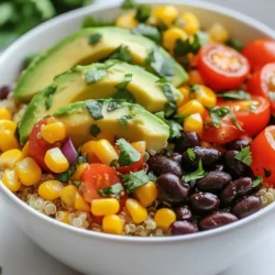 - 1 cup quinoa, thoroughly rinsed - 2 cups vegetable broth - 1 can black beans, drained and rinsed - 1 cup corn (fresh, frozen, or canned) - 1 bell pepper (any color), diced into bite-sized pieces - 1 ripe avocado, sliced - 1 cup cherry tomatoes, halved - &frac12; red onion, finely diced - 1 jalape&ntilde;o, minced (optional for added heat) - Juice of 1 lime - 2 tablespoons extra virgin olive oil - 1 teaspoon ground cumin - 1 teaspoon smoked paprika - Salt and freshly cracked black pepper to taste - Fresh cilantro, chopped (for garnishing) You can change this bowl with many fun options. Try adding cooked chicken or shrimp for protein. Toss in some spinach or kale for greens. If you want more crunch, add chopped radishes or nuts. Use different dressings like tahini or yogurt for a twist. You can also switch the beans; kidney or pinto beans work great too. Quinoa is a super grain. It has protein and all nine essential amino acids. Black beans add fiber and protein, making the dish filling. Corn gives a sweet burst of flavor and adds vitamins. Avocado is rich in healthy fats, which are good for your heart. Tomatoes are low in calories and high in vitamins. Together, these ingredients create a balanced meal. {{ingredient_image_2}} First, bring 2 cups of vegetable broth to a boil in a medium pot. This adds flavor to the quinoa. Once it boils, add 1 cup of rinsed quinoa. Lower the heat to a simmer and cover the pot. Let it cook for about 15 minutes. The quinoa is done when it absorbs all the broth and is tender. After cooking, let it rest for 5 minutes with the lid on. Then fluff it with a fork. This helps keep the grains separate and light. Next, grab a small bowl. In it, mix 2 tablespoons of olive oil and the juice of 1 lime. Add 1 teaspoon of ground cumin and 1 teaspoon of smoked paprika for depth. Season with salt and pepper to taste. Whisk these ingredients together until smooth. Set this dressing aside for later. It will tie all the flavors together. Now, take a large bowl. Add 1 can of drained black beans and 1 cup of corn. You can use fresh, frozen, or canned corn. Next, add 1 diced bell pepper, 1 cup of halved cherry tomatoes, and &frac12; a finely diced red onion. If you like heat, add a minced jalape&ntilde;o. Mix these veggies gently to combine. This vibrant mix adds color and crunch. When the quinoa is ready, add it to the veggie bowl. Pour the dressing over the top. Now, use a spatula to gently toss everything together. This ensures the flavors spread evenly. To serve, scoop the mixture into bowls. Top each bowl with slices of creamy avocado and a sprinkle of fresh cilantro. This adds a bright finish and makes it look inviting. Enjoy this colorful and healthful meal right away! To cook quinoa, start with a good rinse. Rinsing removes bitter saponins. Use two cups of vegetable broth for every cup of quinoa. Bring the broth to a boil, then add the rinsed quinoa. Lower the heat and cover the pot. Let it simmer for about 15 minutes. Once cooked, let it sit for five more minutes, covered. Fluff with a fork to separate the grains. This method gives you light, fluffy quinoa every time. To boost flavor, mix in spices like cumin and smoked paprika. A squeeze of lime juice adds brightness. Consider adding fresh herbs like cilantro for freshness. If you like heat, toss in diced jalape&ntilde;o. You can also try different dressings. A simple vinaigrette with garlic can work wonders. Experiment with flavors to find what you love best. Serve your Fiesta Veggie Quinoa Bowl in colorful bowls. Add sliced avocado on top for creaminess. A sprinkle of fresh cilantro makes it pop. Place bowls on a rustic wooden board for a nice touch. For extra flair, add lime wedges on the side. This makes the dish look inviting and fresh. Enjoy this vibrant meal with friends or family! Pro Tips Rinse the Quinoa: Always rinse quinoa under cold water before cooking to remove its natural coating, called saponin, which can taste bitter. Customize Your Veggies: Feel free to swap in seasonal vegetables or your favorites&mdash;zucchini, spinach, or roasted sweet potatoes are great options! Perfect Avocado Slices: To easily slice an avocado, cut it in half, remove the pit, and use a spoon to scoop out the flesh in one piece for a neat presentation. Make Ahead: This bowl is perfect for meal prep! Cook the quinoa and chop the veggies in advance to save time during the week. {{image_4}} You can easily make this bowl vegetarian or vegan. The base of quinoa and veggies is already plant-based. Make sure to use vegetable broth for cooking the quinoa. This keeps the dish light and healthy. If you want more veggies, add spinach or zucchini. Grilled or roasted vegetables also work well. They add a nice smoky flavor. If you want to boost the protein, consider adding more beans. Chickpeas or kidney beans are great options. You can also add tofu for a protein punch. Just cube it and saut&eacute; until golden. Another choice is tempeh, which adds a nutty taste. For meat lovers, grilled chicken or shrimp can enhance the dish. The lime and olive oil dressing is fresh and tangy. However, you can switch it up! Try a cilantro-lime vinaigrette for extra zest. A tahini dressing can offer a creamy texture. For a spicy kick, mix in some sriracha or chipotle sauce. Experiment with your favorite flavors to find the perfect match for you! To keep your Fiesta Veggie Quinoa Bowl fresh, store leftovers in an airtight container. Make sure the bowl cools down first before sealing it. Place the container in the fridge. It will stay good for about 3 to 5 days. When you want to enjoy your leftovers, reheat them gently. Use the microwave or a pan on low heat. Add a splash of water or broth to keep the quinoa moist. Stir often to heat evenly. Enjoy it warm for the best taste. If you want to save some for later, you can freeze the bowl. Use freezer-safe containers or bags. Leave some space for expansion. It will last up to 2 to 3 months in the freezer. When ready to eat, thaw it overnight in the fridge before reheating. If you need a quinoa substitute, try brown rice or couscous. Both options work well. You can also use farro or barley for a chewy texture. Each choice gives a different taste, so pick what you like. The Fiesta Veggie Quinoa Bowl lasts about 3 to 5 days in the fridge. Make sure to store it in an airtight container. Keeping it sealed helps maintain the flavors. Yes, you can make this bowl ahead of time. It stores well, and the flavors blend nicely if you let it sit. Just prepare the quinoa and mix the veggies. Add avocado just before serving to keep it fresh. Yes, this recipe is gluten-free. All the ingredients, like quinoa and beans, do not contain gluten. It&rsquo;s a great choice for those with gluten sensitivities. Enjoy this tasty and healthful dish without worry! This blog post covered how to create a Fiesta Veggie Quinoa Bowl. We explored important ingredients, along with their health benefits. I walked you through cooking quinoa, making a tasty dressing, and mixing everything together. You learned tips for perfecting your dish, along with variations to try. Remember, leftovers store well, and you can freeze them too. I hope you feel inspired to enjoy this colorful and nutritious meal anytime!