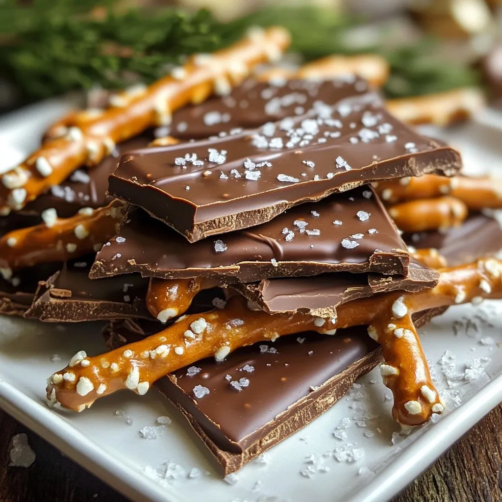 - 2 cups pretzel sticks - 1 cup semisweet chocolate chips - 1 cup caramel bits - 1/4 cup heavy cream - Sea salt, for sprinkling - Baking sheet - Parchment paper - Medium-sized saucepan - Wooden spoon or spatula - Microwave-safe bowl Gathering the right ingredients and tools is key for making salted caramel pretzel bark. You need crunchy pretzel sticks, sweet chocolate chips, and creamy caramel bits for the base. The pretzel sticks give a nice crunch. The chocolate adds rich flavor, while the caramel brings sweetness. For tools, you will want a baking sheet and parchment paper. The paper keeps the bark from sticking. A medium-sized saucepan helps melt the caramel smoothly. A wooden spoon or spatula makes stirring easy. Lastly, a microwave-safe bowl is perfect for melting the chocolate. With these ingredients and tools ready, you can start making your bark. It’s fun and simple! {{ingredient_image_2}} 1. Preheat your oven to 350°F (175°C). This heat helps crisp the pretzels. 2. Line a baking sheet with parchment paper. This step prevents sticking and makes cleanup easy. 3. Arrange pretzel sticks in a single layer on the baking sheet. Make sure they do not overlap for even baking. 1. Combine caramel bits and heavy cream in a medium-sized saucepan. Use low heat to avoid burning the caramel. 2. Stir the mixture continuously with a wooden spoon or spatula. Keep stirring until it melts into a smooth consistency. This may take a few minutes. 1. Pour the melted caramel over the cooled pretzels. Use a spatula to spread it evenly. Each pretzel should be well-coated. 2. Melt the semisweet chocolate chips in a microwave-safe bowl. Heat in 30-second intervals. Stir after each interval until smooth. 3. Drizzle the chocolate over the caramel-coated pretzels. Aim for an even coverage for a nice look. 4. Sprinkle sea salt over the warm chocolate. The salt adds a nice contrast to the sweet caramel. 5. Place the baking sheet in the refrigerator for about 30 minutes. This helps the chocolate set and harden. Once the bark is firm, break it into pieces. Enjoy your tasty treat! To keep pretzels crisp, bake them just right. Bake them for 5-7 minutes until warm. Watch them closely to avoid burning. After baking, let them cool completely on the sheet. This step is key for crunch. For a silky chocolate finish, melt the chocolate gently. Use a microwave-safe bowl. Heat in 30-second bursts, stirring in between. This keeps the chocolate smooth and avoids burning. Drizzle it over the caramel. The warm chocolate will spread easily. Serving and gifting the bark can be fun! Arrange the pieces on a nice platter. Use a colorful plate for a pop of style. You can also fill a clear jar with the bark. Tie a pretty ribbon around it for a lovely gift. For storage, consider decorative tins or boxes. This not only keeps the bark fresh but also makes it look great. Choose containers that are air-tight to keep the bark crunchy. Pro Tips Use Fresh Pretzels: For the best flavor and texture, use fresh or high-quality pretzel sticks. Stale pretzels can result in a less enjoyable bite. Adjust the Salt: Feel free to adjust the amount of sea salt to your taste preference. A little extra salt can enhance the sweet caramel and chocolate flavors! Experiment with Chocolates: Try different types of chocolate, such as dark or white chocolate, for a unique twist on your bark. Each will give a different flavor profile! Storage Tips: Store the pretzel bark in an airtight container at room temperature for up to a week. For longer freshness, keep it in the fridge! {{image_4}} You can change the flavor of your salted caramel pretzel bark easily. Try using milk chocolate or dark chocolate instead of semisweet chocolate. Each type brings a different taste, so pick what you love most. You can also add nuts or dried fruits for more texture. Chopped pecans, almonds, or cranberries work well. They add a nice crunch and flavor burst. Mix and match to create your perfect bark! If you need gluten-free options, look for gluten-free pretzels. Many brands offer these, and they taste great. You can enjoy this treat without worry. For those avoiding dairy, use dairy-free chocolate. There are many brands available that melt nicely. This way, you can still enjoy this sweet treat, even with dietary needs. To keep your Salted Caramel Pretzel Bark fresh, store it in an airtight container. This prevents air from making the bark chewy. A glass jar or a plastic container with a tight lid works great. Be sure to let the bark cool completely before sealing it up. If it’s warm, it can create moisture inside the container, affecting texture. You can freeze Salted Caramel Pretzel Bark for longer storage. To do this, cut the bark into pieces and place them in a single layer on a baking sheet. Freeze until solid, then transfer the pieces to a freezer-safe bag. Remove as much air as possible to prevent freezer burn. The bark can stay frozen for up to three months. When you’re ready to enjoy it, let the bark thaw in the fridge for a few hours. This keeps it tasty and crunchy. You can use soft caramels in place of caramel bits. Just unwrap them and chop them into small pieces. Another option is to make homemade caramel from sugar and cream. This way, you can control the texture and taste. If you want something quick, try using dulce de leche. It works well and has a nice flavor. Yes, you can make this recipe ahead of time. Prepare the bark and store it in an airtight container. It stays fresh for several days. If you want to make it even earlier, you can freeze it. Just wrap the bark tightly in plastic wrap before placing it in the freezer. When ready to eat, let it thaw in the fridge for a few hours. To avoid melting issues, use good quality chocolate. When melting, do it slowly in short bursts. Heat the chocolate in the microwave for 30 seconds at a time, stirring in between. This keeps the chocolate from burning. If it gets too thick, add a little bit of vegetable oil or coconut oil to smooth it out. Salted Caramel Pretzel Bark lasts about a week at room temperature. Keep it in an airtight container to maintain freshness. For longer storage, you can freeze it. It can last up to three months in the freezer. Just remember to let it cool completely before storing. We explored how to make delicious Salted Caramel Pretzel Bark. This treat combines crunchy pretzels, smooth caramel, and rich chocolate for a perfect snack. Remember to use fresh ingredients for the best flavor. Consider different flavors and dietary needs to make it unique. Store leftovers well to enjoy later. Making this bark is simple and fun. This treat is great for sharing or gifting. Use these tips and variations to create your perfect version. Enjoy your sweet creation!