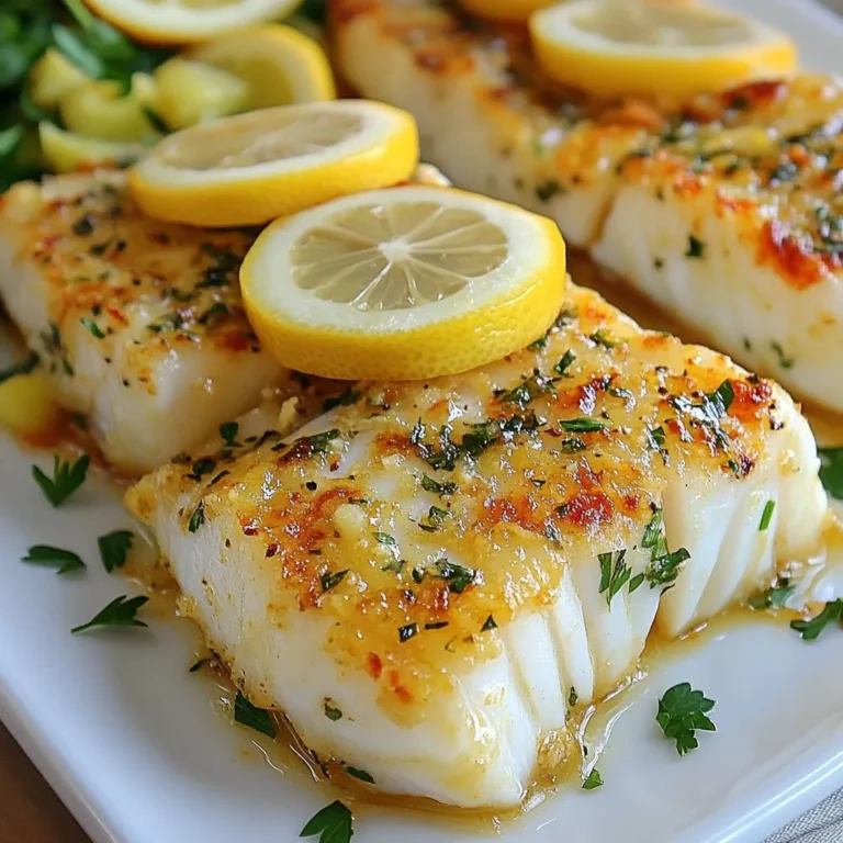 - 4 cod fillets (approximately 6 ounces each) - 2 tablespoons extra virgin olive oil - 2 tablespoons freshly squeezed lemon juice - Zest of 1 juicy lemon - 3 cloves garlic, finely minced - 1 teaspoon dried oregano - 1 teaspoon fresh thyme leaves, chopped - Sea salt and freshly cracked black pepper to taste - Thin lemon slices, for garnish - Fresh parsley, finely chopped (for garnish) When making Lemon Herb Baked Cod, use fresh ingredients for the best taste. Cod fillets are the star here. Aim for fillets around 6 ounces each. They cook evenly and have a nice texture. Next, grab some extra virgin olive oil. This oil adds richness and helps the flavors blend well. Fresh lemon juice and zest brighten the dish. The zest gives a punch of citrus that pairs well with cod. Garlic brings warmth and depth to our marinade. Use three cloves, finely minced, for the best flavor. Dried oregano and fresh thyme deliver herbal notes. They are essential to complement the fish. Don’t forget seasoning! Sea salt and freshly cracked black pepper enhance the dish. Adjust these to your taste. Lastly, for garnishes, use thin lemon slices and fresh parsley. They add color and freshness to your finished dish. This simple list of ingredients makes for a delightful meal that is both fresh and easy to prepare. {{ingredient_image_2}} Start by preheating your oven to 400°F (200°C). This is key to cooking the cod just right. A hot oven helps the fish cook evenly and keeps it tender. In a small bowl, whisk together 2 tablespoons of olive oil, 2 tablespoons of lemon juice, and the zest of one lemon. Add 3 minced garlic cloves, 1 teaspoon of dried oregano, and 1 teaspoon of fresh thyme. Don’t forget a pinch of sea salt and black pepper! This mix creates a tasty herb marinade. Grab a medium baking dish and place 4 cod fillets in a single layer. Make sure the fillets are about 6 ounces each. Pour the herb marinade over the fish. Let every piece get a good coat of flavor. Let the cod marinate for 15-20 minutes at room temperature. This step is important. It allows the fish to soak up all those delicious flavors from the marinade. Cover the baking dish with aluminum foil. This keeps the moisture in while baking. Place the dish in the oven and bake for 15-20 minutes. The cod is done when it flakes easily with a fork. If you want a crispy top, remove the foil for the last 5 minutes. Once the cod is cooked, take it out of the oven. Garnish with thin lemon slices and fresh parsley. This adds fun color and a fresh taste. Enjoy your Lemon Herb Baked Cod! Choose cod that looks bright and moist. The flesh should be white and slightly translucent. Fresh cod has a mild scent, not fishy. If you can, buy from a trusted fishmonger. Always ask for cod fillets that are firm to the touch. This ensures you get the best quality for your dish. A great marinade makes all the difference. Combine olive oil, lemon juice, and zest in a bowl. Add minced garlic, oregano, and thyme for flavor. Make sure to season with salt and pepper. Whisk until well mixed. Let the cod sit in this marinade for 15-20 minutes. This allows the flavors to soak in. Keeping the cod moist is key. Use aluminum foil to cover the baking dish. This traps steam, preventing the fish from drying out. Bake at 400°F for 15-20 minutes. If you want a crispy top, remove the foil for the last five minutes. Check if it flakes easily with a fork. Garnishes add color and flavor. Use thin lemon slices on top of the cod after baking. Fresh parsley sprinkles give a nice touch. Both add a fresh look and a burst of flavor. Serve on a bed of veggies for a beautiful plate. Don't forget to drizzle any leftover marinade over the dish! Pro Tips Marinating Time: Allow the cod to marinate for at least 20 minutes to fully absorb the flavors of the herbs and lemon. Foil Technique: Covering the baking dish with aluminum foil during the initial baking helps retain moisture, ensuring a tender and juicy fillet. Cooking Temperature: Ensure your oven is fully preheated to 400°F (200°C) for even cooking and to achieve the best texture. Serving Suggestions: Pair the baked cod with a light salad or steamed vegetables for a balanced meal that complements the dish. {{image_4}} You can swap cod for other fish. For a similar taste, try haddock or pollock. These fish also bake well and flake nicely. If you want something bolder, use salmon. Salmon offers a richer flavor and a lovely color. For a lighter dish, consider tilapia or sole. Each fish changes the taste but keeps it fresh and simple. Feel free to change the herbs in the marinade. Instead of oregano, try basil or dill. Each herb brings a unique flavor. You can also add a pinch of red pepper flakes for some heat. If you love garlic, increase the amount for a stronger kick. Experimenting with spices makes the dish your own. Pair your Lemon Herb Baked Cod with delicious sides. Steamed green beans or asparagus add a nice crunch. A fresh garden salad complements the fish well. You can also serve it over a bed of quinoa for added texture. Drizzle any leftover herb marinade over your sides for extra flavor. You can store leftover lemon herb baked cod in the fridge. Place it in an airtight container. It stays fresh for up to three days. Keep it cool and avoid heat to maintain flavor. When you want to eat it again, just check for any odd smells or changes in texture. Yes, you can freeze baked cod! First, let it cool completely. Wrap each fillet tightly in plastic wrap. Then place them in a freezer-safe bag. Label the bag with the date. It can last up to three months in the freezer. When ready to use, thaw it overnight in the fridge for best results. To reheat cod, preheat your oven to 350°F (175°C). Place the cod in an oven-safe dish. Cover it with foil to keep moisture. Heat for about 10-15 minutes. You can also reheat in the microwave. Use a microwave-safe dish and heat it for 1-2 minutes. Check that it’s warmed through before serving. Enjoy your flavorful meal again! You should bake cod for 15 to 20 minutes at 400°F (200°C). The fish cooks quickly and becomes flaky. To check if it’s done, use a fork. The flesh should break apart easily. Yes, you can use frozen cod fillets. Just thaw them in the fridge overnight. If you're in a hurry, you can run them under cold water for about 30 minutes. After thawing, follow the same steps in the recipe. Some great sides include: - Steamed vegetables - Garden salad - Quinoa or rice - Roasted potatoes These sides complement the fish well and add color to your plate. To tell when cod is fully cooked, look for the flesh to turn opaque and flake easily with a fork. If it is still translucent or feels tough, it needs more time. Always trust your fork; it’s your best friend in the kitchen! We explored how to make Lemon Herb Baked Cod with fresh ingredients. You learned the key steps, from preheating the oven to garnishing your dish. I shared practical tips to pick the best cod and ensure it stays moist while baking. You also discovered fun ways to customize your meal and important storage tips. Cooking can be simple and enjoyable. With these steps, you're ready to create a tasty and healthy dish for any occasion. Happy cooking!