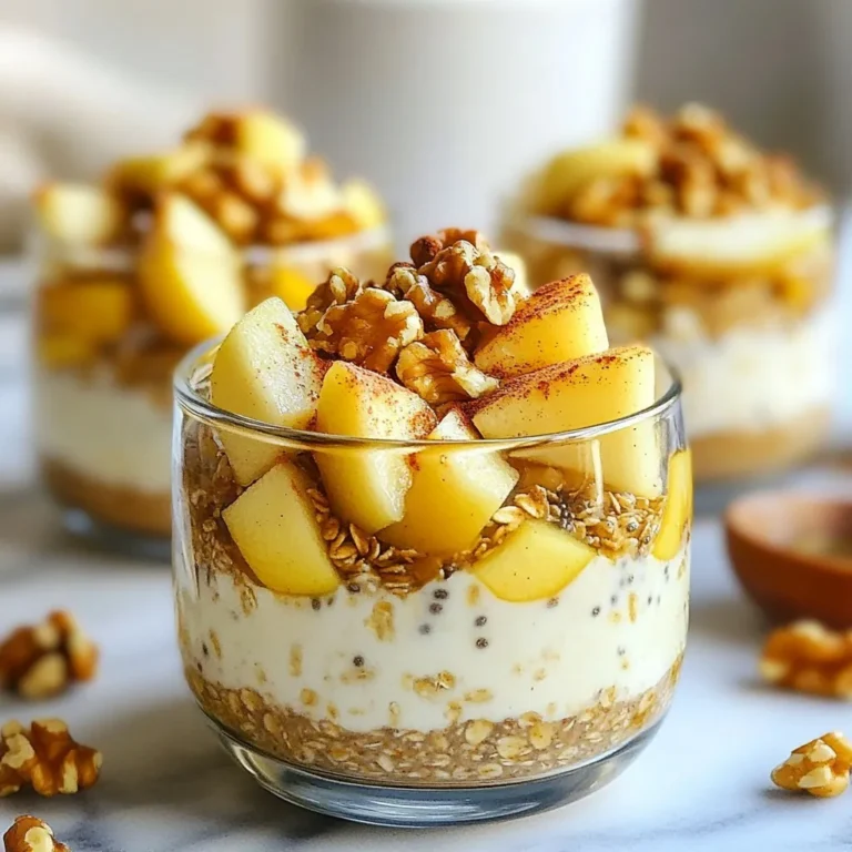 - 1 cup rolled oats - 1 ½ cups almond milk (or preferred milk) - 1 medium apple, peeled and diced - 1 teaspoon ground cinnamon - 1 tablespoon maple syrup (or honey, to taste) - 1 tablespoon chia seeds - ¼ teaspoon ground nutmeg - 2 tablespoons Greek yogurt (optional, for added creaminess) - 2 tablespoons chopped walnuts (for a crunchy topping) - Additional apple slices (for garnish) - A pinch of salt To make Apple Pie Overnight Oats, you need simple, easy items. Rolled oats serve as the base, bringing fiber and texture. Almond milk keeps it creamy and adds flavor. The diced apple gives a fresh taste and sweetness. Cinnamon and nutmeg bring warmth, making it feel like pie. Maple syrup adds a touch of sweetness. Chia seeds help thicken the oats and add nutrients. Greek yogurt makes it rich and creamy. Walnuts give a nice crunch on top. Finally, don’t forget the apple slices for a pretty finish! If you want to switch things up, here are some ideas. Use oats that suit your diet, like gluten-free oats. For milk, try coconut milk or oat milk for a different flavor. Instead of a fresh apple, use applesauce for smoothness. You can also swap maple syrup for agave nectar or brown sugar. Instead of chia seeds, use flaxseeds for a similar effect. If you don’t have Greek yogurt, regular yogurt or a non-dairy option works too. Each serving of Apple Pie Overnight Oats gives you a healthy start to your day. Here’s a rough breakdown: - Calories: 350 - Protein: 10g - Carbs: 55g - Fat: 12g - Fiber: 8g - Sugar: 12g These oats are not just tasty; they also fuel your day with good nutrients. The oats provide energy. Apples offer vitamins. The nuts add healthy fats. This meal keeps you full until lunch. {{ingredient_image_2}} Start by gathering your ingredients. You need rolled oats, almond milk, a diced apple, chia seeds, and spices. In a medium bowl, mix the rolled oats, almond milk, and chia seeds first. Stir well to blend them. Next, add the diced apple, ground cinnamon, nutmeg, maple syrup, and a pinch of salt. Mix these gently until they combine nicely. If you want creaminess, add Greek yogurt now. This step makes a smooth base. Divide the mixture into two jars or bowls. Seal them tightly with lids. Place the jars in the fridge overnight. This soak helps the oats absorb the milk and flavors. The key to great texture is soaking time. Let your oats sit in the fridge for at least eight hours. This allows the oats to soften and swell. If you find the oats too thick in the morning, simply add a splash of almond milk. This helps to create the texture you love. Mixing in the Greek yogurt also adds creaminess, making every bite delightful. You can prep these oats ahead of time. Make them the night before for an easy breakfast. Store them in airtight jars in the fridge for up to three days. This recipe is great for meal prep. If you want to make a larger batch, just double the ingredients. Remember to add toppings like walnuts and apple slices just before serving. This keeps them fresh and crunchy. You can change this recipe to fit your taste. Here are some ideas: - Different Fruits: Swap apples for bananas, berries, or pears. - Sweeteners: Use honey, agave, or stevia instead of maple syrup. - Nut Butters: Try adding almond or peanut butter for a nutty flavor. - Spices: Add ginger or cloves for an extra kick. To make your oats taste even better, try these tips: - Toast Nuts: Lightly toast walnuts in a pan for more flavor. - Infused Milk: Heat almond milk with cinnamon before mixing. This adds warmth and depth. - Vanilla Extract: A splash of vanilla adds sweetness without sugar. - Layering: Create layers in your jar with oats and fruit for a fun look and taste. Avoid these common pitfalls for the best overnight oats: - Too Much Liquid: Start with the right amount of milk to keep oats from being runny. - Skipping Chia Seeds: These help thicken the mixture and add nutrients. - Not Mixing Well: Be sure all ingredients are combined for even flavor. - Forgetting to Stir: Stir before serving to mix flavors and improve texture. Pro Tips Use Fresh Apples: For the best flavor, use fresh, crisp apples like Honeycrisp or Granny Smith, which will maintain their texture after soaking. Customize Sweetness: Taste the mixture before refrigerating and adjust the sweetness by adding more maple syrup or honey based on your preference. Make Ahead in Batches: Prepare multiple jars at once to enjoy quick, healthy breakfasts throughout the week without daily prep. Add Variations: Try adding different spices like ginger or cloves, or mix in dried fruits and seeds for added flavor and nutrition. {{image_4}} You can change up the fruit to keep things exciting. Instead of apples, try ripe bananas. They add a nice sweetness and creaminess. Berries like blueberries or strawberries work well too. They bring a fresh taste and vibrant color. For a tropical twist, add diced mango or pineapple. Each fruit gives a unique flavor to your overnight oats. If you want a vegan option, skip the Greek yogurt. Use coconut yogurt instead for creaminess. You can also use plant-based milk like oat or soy milk. These swaps make the recipe dairy-free while keeping it delicious. Always check labels to ensure no dairy sneaks in. This way, everyone can enjoy the dish. You can adapt this recipe for any season. In fall, add pumpkin puree and spices like ginger. In winter, mix in dried fruits like cranberries or figs. Spring is great for fresh fruits like strawberries or peaches. Summer shines with refreshing fruits like cherries or apricots. These seasonal changes keep your oats fresh and fun all year. You can keep apple pie overnight oats in the fridge for up to five days. This makes them great for meal prep. Just make sure you store them in airtight containers. The flavors will meld together nicely over time, creating a tasty treat. I recommend using glass jars or plastic containers with tight lids. Glass jars work well because they are easy to clean and do not retain odors. Make sure to choose containers that are just the right size for your servings. This way, you can grab a jar and go! You can enjoy apple pie overnight oats cold or warm. If you prefer them warm, simply heat them in the microwave for about 30 seconds. Stir well to ensure even heating. Top with extra chopped walnuts and apple slices for added crunch. A drizzle of maple syrup can also make it extra special! Yes, you can skip the chia seeds. They help thicken the oats. If you leave them out, try adding a bit more rolled oats. This will still give you a nice texture. You can also add yogurt for creaminess if you want. You can use any milk you like. Options include cow's milk, soy milk, or oat milk. Each will give a different flavor, but they all work well. If you want a nut-free choice, go for coconut or rice milk. Absolutely! You can make several jars at once. Just follow the same steps and store them in the fridge. They stay fresh for up to five days. This makes breakfast easy all week long! Apple pie overnight oats are easy to make and tasty. We covered the main ingredients, including alternatives and nutrition facts. I shared step-by-step instructions to help you prepare them perfectly. Plus, I offered tips to customize flavors and avoid mistakes. You can also enjoy many variations, from seasonal fruits to vegan options. Finally, I outlined storage tips to keep your oats fresh. Enjoy making this delicious dish. It’s a simple way to start your day right!