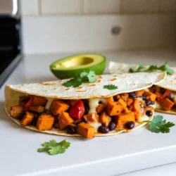- 2 medium sweet potatoes, peeled and cubed - 1 can black beans, rinsed and drained - 1 red bell pepper, diced - 1 small red onion, minced - 2 cloves garlic, chopped - 1 teaspoon ground cumin - 1 teaspoon smoked paprika - Salt and freshly ground pepper to taste - 4 large flour tortillas - 1 cup shredded cheese (sharp cheddar or Monterey Jack) - Fresh cilantro leaves - Sliced avocado (optional) Sweet potato black bean quesadillas shine with color and flavor. You start with sweet potatoes. They are sweet, creamy, and healthy. When cooked, they become soft and delicious. Black beans add protein and heartiness. They also give a nice texture. Next, you add a red bell pepper. It brings a crunchy bite and bright color. A small red onion adds sweetness and depth. Garlic gives a rich aroma that fills your kitchen. Spices like cumin and smoked paprika add warmth. They make each bite exciting. A little salt and pepper enhance all these flavors. For the quesadilla, use large flour tortillas. They hold everything together nicely. Shredded cheese melts to create a gooey center. You can use sharp cheddar or Monterey Jack for a creamy taste. If you want, add fresh cilantro for a pop of color and flavor. Sliced avocado on the side gives a creamy touch. This dish balances nutrition and taste perfectly. {{ingredient_image_2}} - Preheat your oven to 400&deg;F (200&deg;C). - In a bowl, mix sweet potatoes with olive oil, cumin, smoked paprika, salt, and pepper. - Spread the sweet potato cubes evenly on a baking sheet. - Roast them for 20-25 minutes, stirring halfway through for even cooking. - Heat a skillet over medium heat and add the minced red onion. - Saut&eacute; until the onion becomes soft and translucent, about 3-4 minutes. - Add the chopped garlic and diced red bell pepper. Cook for another 2-3 minutes until tender. - To the skillet, add the roasted sweet potatoes and black beans. Stir gently and cook for 2-3 minutes. - Take a tortilla and sprinkle about 1/4 cup of cheese on one half. - Spoon the sweet potato and black bean mixture onto the cheese, then fold the tortilla in half. - Place the quesadilla in a clean skillet over medium heat. - Cook for 3-4 minutes on each side until golden brown and the cheese melts. - Repeat with the remaining tortillas and filling. - Once cooked, slice the quesadillas into wedges. - Garnish with fresh cilantro and optional avocado slices for a creamy touch. - Stir sweet potatoes halfway through roasting. This helps them cook evenly. - Taste the filling mix and adjust the seasoning. Add more salt or spice if needed. - For a nice look, serve quesadilla wedges on a colorful platter. - Pair them with dips like salsa, guacamole, or sour cream for extra flavor. - Use a non-stick skillet for easy cooking and flipping. - A sturdy baking sheet is great for roasting sweet potatoes without sticking. Pro Tips Perfectly Roasted Sweet Potatoes: For optimal caramelization, ensure the sweet potato cubes are evenly spaced on the baking sheet. Overcrowding can lead to steaming rather than roasting. Cheese Choice Matters: Using a mix of cheeses can elevate the flavor. Try combining sharp cheddar for tanginess with creamy Monterey Jack for a smooth melt. Customize Your Heat: If you enjoy a kick, add a pinch of cayenne pepper or some diced jalape&ntilde;os to the filling mix for a spicy twist. Serving Suggestions: Pair your quesadillas with a refreshing salsa or a zesty lime crema to complement the savory flavors and add a bright note. {{image_4}} You can switch out the black beans for pinto or kidney beans. Chickpeas also work well. Want more veggies? Toss in some spinach or zucchini for extra color and nutrition. For cheese, try pepper jack for a kick, or mozzarella for a milder taste. Mixing cheeses can create a fun new flavor, too! If you need gluten-free options, use corn tortillas. They still taste great and hold the filling well. For those who prefer dairy-free, look for vegan cheese that melts nicely. Many brands offer tasty alternatives that fit right into this recipe. Want some heat? Add sliced jalape&ntilde;os or a few drops of hot sauce to the filling. This gives your quesadillas a spicy twist. Fresh herbs like cilantro or parsley can add a burst of flavor. Try adding them right before serving for a fresh taste that brightens each bite. To keep your quesadillas fresh, place them in an airtight container. This helps keep them from drying out. Let them cool to room temperature first. You can store leftovers in the fridge for up to three days. Recommended containers include: - Glass containers with lids - Plastic food storage containers - Reusable silicone bags When you're ready to enjoy leftovers, reheating is key. You can use three main methods: 1. Oven: Preheat to 350&deg;F (175&deg;C). Place quesadillas on a baking sheet for about 10 minutes. 2. Skillet: Heat a non-stick skillet over medium heat. Cook for about 3-4 minutes on each side. 3. Microwave: Place on a microwave-safe plate. Heat in 30-second bursts until warm. To keep quesadillas crispy, avoid the microwave if possible. Use the oven or skillet for the best texture. You can freeze uncooked quesadillas for later. To do this, assemble them but don&rsquo;t cook. Stack them with parchment paper in between. Place in a freezer-safe bag. When you want to cook frozen quesadillas, thaw them in the fridge overnight. For cooking, heat a skillet over medium heat. Cook for 4-5 minutes on each side until golden and hot. Enjoy the convenience of having a tasty meal ready when you need it! You can enjoy a variety of sides with these quesadillas. Here are some tasty options: - Fresh green salad: A simple mix of greens adds crunch and freshness. - Guacamole: Creamy avocado dip complements the flavors well. - Salsa: A zesty tomato salsa adds a nice kick. - Corn on the cob: Sweet corn pairs nicely with the savory quesadillas. - Mexican rice: Fluffy rice with spices rounds out the meal. Yes, you can prep these quesadillas in advance to save time. Here are some tips: - Roast the sweet potatoes: You can roast them a day before and store them in the fridge. - Prepare the filling: Cook the filling and keep it in an airtight container until you are ready. - Assemble when ready: Just fill and cook the quesadillas as you need them. If you want more heat, consider these ideas: - Add jalape&ntilde;os: Chop fresh or pickled jalape&ntilde;os and mix them into the filling. - Use spicy cheese: Look for pepper jack cheese to add a kick. - Hot sauce: Drizzle hot sauce inside before folding the quesadilla. - Chili powder: Add a pinch of chili powder to the filling for an extra layer of heat. Sweet potato black bean quesadillas are tasty and easy to make. We explored the key ingredients, from sweet potatoes and black beans to spices and cheese. The step-by-step guide helps you cook them perfectly. Tips ensure great flavor and serving ideas make them look good, too. Feel free to get creative with variations or dietary needs. These quesadillas are great hot or as leftovers. Enjoy making and sharing this delicious, healthy dish!