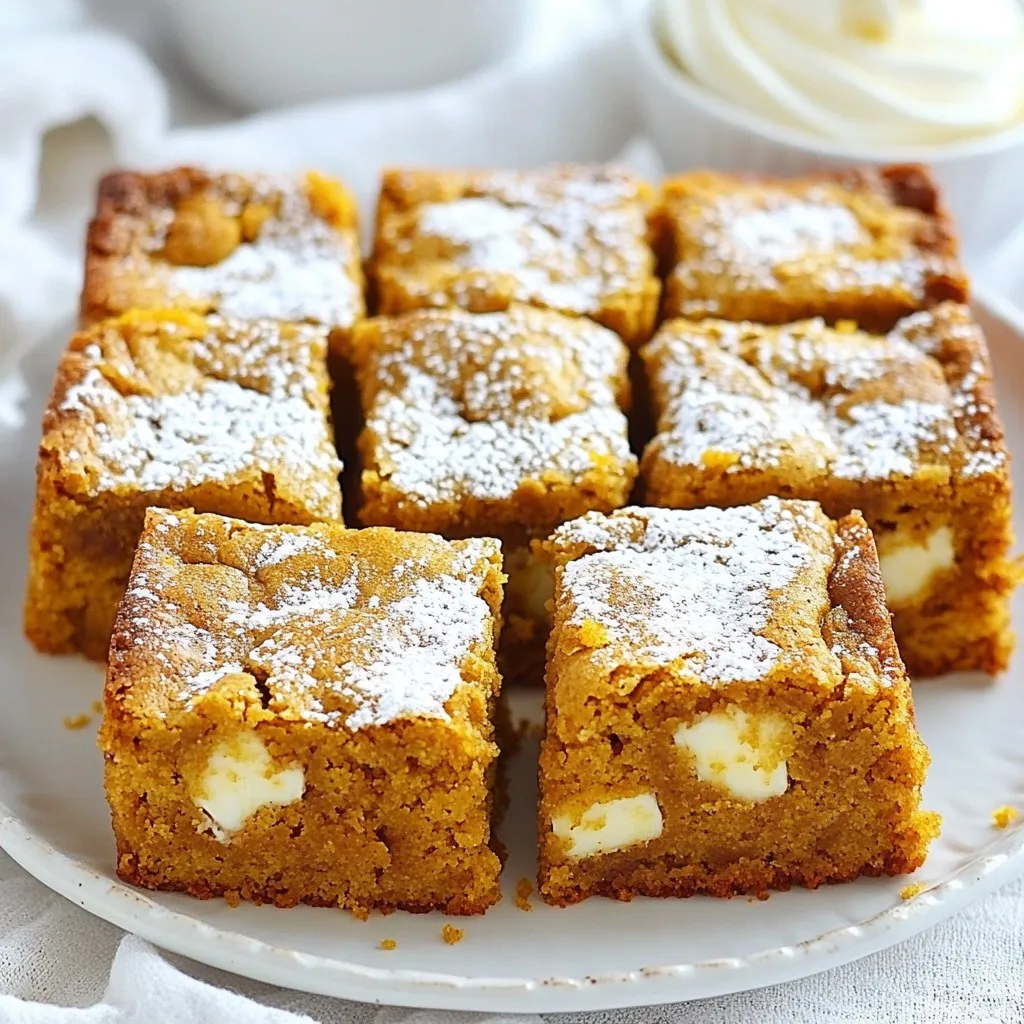 To make these delicious pumpkin spice blondies, gather the following items: - 1 cup packed brown sugar - 1/2 cup unsalted butter, melted - 1 cup pumpkin puree (canned or freshly made) - 2 large eggs - 1 teaspoon vanilla extract - 1 1/2 cups all-purpose flour - 1 teaspoon baking powder - 1 teaspoon ground cinnamon - 1 teaspoon ground ginger - 1/2 teaspoon ground nutmeg - 1/2 teaspoon salt - 1/2 cup white chocolate chips (optional) - 1/2 cup chopped walnuts or pecans (optional) You can make your blondies even better by adding some fun extras. Try these: - White chocolate chips for a sweet bite - Chopped walnuts or pecans for crunch - Dried cranberries for a fruity twist If you need to change an ingredient, here are some ideas: - Use coconut oil instead of butter for a dairy-free option. - Swap out all-purpose flour with gluten-free flour for a gluten-free treat. - Replace brown sugar with coconut sugar for a lower glycemic index. - You can use applesauce instead of eggs for a vegan blondie. {{ingredient_image_2}} First, preheat your oven to 350°F (175°C). Take an 8x8-inch baking pan and grease it lightly. Next, line the pan with parchment paper, leaving a bit hanging over the sides. This will help you lift the blondies out later. In a large bowl, combine 1/2 cup of melted unsalted butter and 1 cup of packed brown sugar. Stir until the mixture is smooth and well mixed. Now, add 1 cup of pumpkin puree, 2 large eggs, and 1 teaspoon of vanilla extract. Whisk this mixture until it is creamy with no lumps. In another bowl, mix 1 1/2 cups of all-purpose flour, 1 teaspoon of baking powder, 1 teaspoon of ground cinnamon, 1 teaspoon of ground ginger, 1/2 teaspoon of ground nutmeg, and 1/2 teaspoon of salt. Whisk these dry ingredients until they are evenly combined. Gradually stir the dry mixture into the wet mixture. Mix until you no longer see any flour streaks. Be careful not to overmix, as this keeps the blondies tender. If you want to add extra flavor, fold in 1/2 cup of white chocolate chips and 1/2 cup of chopped walnuts or pecans. Pour the batter into the prepared baking pan. Use a spatula to smooth the top. Bake the blondies for about 25-30 minutes. Check if they are done by inserting a toothpick in the center; it should come out clean or with a few moist crumbs. After baking, let them cool in the pan for 10 minutes. Use the parchment to lift them out and place them on a wire rack to cool completely. Finally, slice them into squares and enjoy! To get that perfect blondie texture, mix your wet ingredients well. Combine the melted butter and brown sugar until smooth. This step adds air, which helps the blondies rise. When adding dry ingredients, mix until just combined. Overmixing can lead to a dense blondie. Aim for a smooth batter with a few lumps. This keeps your blondies soft and chewy. To keep your blondies fresh, store them in an airtight container. This helps retain moisture. Place a piece of parchment paper between layers if you stack them. For longer storage, you can freeze them. Wrap each blondie in plastic wrap and place them in a freezer bag. They will last up to three months in the freezer. Feel free to get creative with flavors! Add a pinch of sea salt on top for a sweet-salty kick. You can also swap in dark chocolate chips for a richer taste. Try adding a swirl of cream cheese for a unique twist. If you love nuts, experiment with different kinds, like pecans or almonds. Each change can turn your blondies into a new favorite. Pro Tips Store Properly: Keep your blondies in an airtight container at room temperature for up to a week to maintain their moisture and flavor. Mix It Up: Experiment with different mix-ins such as dark chocolate chips, dried cranberries, or even coconut flakes for a unique twist on the classic recipe. Check for Doneness: To ensure your blondies are perfectly baked, start checking for doneness a few minutes before the suggested baking time, as ovens can vary. Chill Before Cutting: For cleaner slices, refrigerate the blondies for about an hour after they cool. This will help them firm up and make cutting easier. {{image_4}} You can make these blondies gluten-free with simple swaps. Use gluten-free all-purpose flour instead of regular flour. Many brands offer a blend that works well in baking. Check to ensure it has xanthan gum to help bind the ingredients. Your blondies will still be soft and tasty! To make these blondies vegan, swap the eggs for flax eggs. Mix 1 tablespoon of ground flaxseed with 3 tablespoons of water for each egg. Let it sit for a few minutes to thicken. You can also use plant-based butter instead of regular butter. This way, everyone can enjoy this fall treat! Personalize your blondies with fun mix-ins. Try adding dark chocolate chips for a rich twist. Dried cranberries or cherries add a fruity touch. You can even add shredded coconut for a tropical vibe. Mix and match until you find your favorite combo! To keep your pumpkin spice blondies fresh, store them in an airtight container. Line the container with parchment paper to absorb moisture. This helps prevent the blondies from getting soggy. You can also separate layers with wax paper. Keep them at room temperature for quick access, but avoid sunny spots. If you want to save some for later, freezing is a great option. First, let the blondies cool completely. Then, wrap each piece tightly in plastic wrap. Place the wrapped blondies in a freezer-safe bag or container. They can last up to three months in the freezer. To thaw, simply take them out and let them sit at room temperature for a few hours. You can also heat them in the oven for a few minutes for a warm treat. When stored properly, pumpkin spice blondies last about a week at room temperature. If you keep them in the fridge, they can last up to ten days. However, for the best flavor and texture, enjoy them fresh! Yes, you can use fresh pumpkin. Make sure to roast and puree it first. Fresh pumpkin adds a vibrant flavor. Canned pumpkin is also great and very convenient. You can use white sugar mixed with molasses. For each cup of brown sugar, mix 1 cup of white sugar with 1 tablespoon of molasses. You can also use coconut sugar for a different taste. To make them more cake-like, add an extra egg. You can also increase the flour by 1/4 cup. This will give you a lighter and fluffier texture. Yes, you can double the recipe. Just use a larger pan, like a 9x13-inch. Keep an eye on baking time; it may take a bit longer. Enjoy your big batch of blondies! This blog post covered everything you need to make delicious blondies. We went over the ingredients, step-by-step baking instructions, and helpful tips for the best texture. You learned about various variations, like gluten-free and vegan options, plus how to store and keep them fresh. Try these recipes and enjoy the joy of baking. With the right ingredients and steps, you'll create treats that everyone will love. Happy baking!