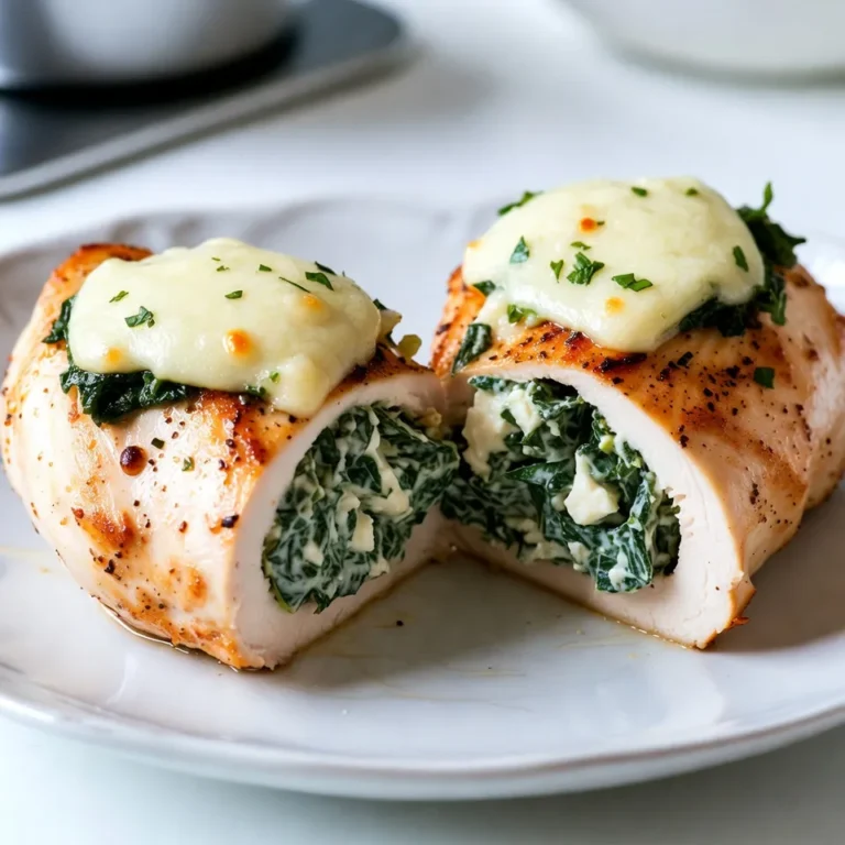 To make Spinach Feta Stuffed Chicken, gather these ingredients: - 4 boneless, skinless chicken breasts - 2 cups fresh spinach, finely chopped - 1 cup feta cheese, crumbled - 1/2 cup cream cheese, softened - 2 cloves garlic, minced - 1/4 teaspoon red pepper flakes (optional) - 1 teaspoon dried oregano - Salt and pepper, to taste - 2 tablespoons olive oil - 1/2 cup shredded mozzarella cheese (for topping) Each serving of this dish is a healthy choice. You get about: - Calories: 350 - Protein: 38g - Carbohydrates: 5g - Fat: 20g - Fiber: 1g This meal offers a good amount of protein and is low in carbs. You can swap out some ingredients if you want to adjust flavors or make it healthier: - Use low-fat cream cheese for a lighter option. - Try goat cheese instead of feta for a different taste. - For a dairy-free version, use cashew cream or tofu. - Use kale or Swiss chard instead of spinach for variety. Feel free to mix and match to suit your taste! {{ingredient_image_2}} To start, mix your filling. In a large bowl, add the finely chopped spinach, crumbled feta cheese, and softened cream cheese. Then, add the minced garlic, red pepper flakes (if you like heat), and dried oregano. Don't forget to sprinkle in some salt and pepper. Mix everything together until it becomes one smooth filling. This step is key for great flavor in your chicken. Next, it’s time to prepare the chicken. Take each chicken breast and slice a pocket into the side. Be careful not to cut all the way through. You want a nice pouch to hold the filling. Once you’ve made the pockets, fill them generously with your spinach and feta mixture. If needed, use toothpicks to close up the openings. This will help keep the filling inside while cooking. Now, let’s cook the chicken. Heat olive oil in a large, oven-safe skillet over medium-high heat. Once it's hot, add the stuffed chicken breasts. Sear them for about 3-4 minutes on each side. Look for a nice golden brown crust. After searing, sprinkle the shredded mozzarella cheese on top of each breast for extra flavor. Finally, transfer the skillet to your preheated oven. Bake for 20-25 minutes until the chicken reaches 165°F (75°C). After cooking, let the chicken rest for a few minutes before slicing to keep it juicy. To keep chicken juicy, start with fresh, high-quality meat. Use a meat thermometer to check the internal temperature. Aim for 165°F (75°C) for safety. A quick sear in the skillet adds a nice crust. This helps lock in moisture. Let the chicken rest after cooking. This step allows juices to redistribute, keeping the meat tender. When stuffing chicken, create a pocket carefully. Use a sharp knife to slice each breast. Avoid cutting all the way through. Fill the pocket generously with the spinach and feta mixture. Don't overstuff; leave some room for the filling to expand. Use toothpicks to secure the openings if needed. This keeps the stuffing intact while cooking. Oven types can change cooking times. For conventional ovens, bake at 375°F (190°C) for 20-25 minutes. If using a convection oven, reduce the time by about 5 minutes. Always check the internal temperature. If it’s not done, return the chicken to the oven for a few more minutes. This will ensure your chicken is fully cooked and safe to eat. Pro Tips Use Fresh Ingredients: Opt for fresh spinach and high-quality feta cheese for the best flavor and texture in your stuffed chicken. Don’t Overstuff: Be careful not to overfill the chicken breasts, as this can cause the filling to spill out during cooking. Let it Rest: Allow the chicken to rest for a few minutes after baking. This helps the juices redistribute, resulting in a more tender and juicy chicken. Add Your Favorite Herbs: Experiment with different herbs like basil or parsley in the filling for an extra layer of flavor. {{image_4}} You can add sun-dried tomatoes for a sweet twist. Chop about a half cup of sun-dried tomatoes and mix them into the filling. These tomatoes bring a rich flavor that pairs nicely with the spinach and feta. You can use oil-packed or dry sun-dried tomatoes. If you use dry ones, soak them in warm water for a few minutes to soften. For a low-carb option, try chicken thighs instead of breasts. They stay moist and add great flavor. You could also use zucchini as a fun alternative. Cut the zucchini in half and scoop out some of the insides. Stuff it just like you do with chicken. Bake the stuffed zucchini for about 20 minutes. This keeps it healthy and tasty. If you want a vegetarian dish, skip the chicken entirely. Use large portobello mushrooms instead. Remove the stems, and fill the caps with the spinach and feta mix. Bake them at 375°F for about 20 minutes. You can also try stuffing bell peppers or eggplants. Both options add color and flavor to your meal. You can store any leftovers in an airtight container. Make sure to let the chicken cool first. Place it in the fridge within two hours of cooking. This helps keep it safe and fresh. Leftovers can last up to three days in the fridge. When you’re ready to eat the leftovers, preheat your oven to 350°F (175°C). Place the stuffed chicken in an oven-safe dish. Cover it with foil to keep it moist. Heat for about 15-20 minutes. Check that it reaches an internal temperature of 165°F (75°C) before serving. This will help keep the flavors rich and the chicken tender. To freeze the stuffed chicken, wrap each piece tightly in plastic wrap. Then, place them in a freezer-safe bag or container. Make sure to label it with the date. You can freeze it for up to three months. When you’re ready to eat, thaw it overnight in the fridge. Reheat it as mentioned above to enjoy a tasty meal later. Yes, you can prepare Spinach Feta Stuffed Chicken in advance. Stuff the chicken breasts and secure them. Cover and store them in the fridge for up to 24 hours. This saves time on busy days. Just bake them when you're ready. You may need to adjust the baking time slightly if they are cold from the fridge. Great sides make your meal complete. Here are some tasty options: - Roasted seasonal vegetables - A fresh garden salad - Quinoa or couscous - Mashed potatoes or sweet potatoes These sides add color and flavor to your table. To check if your chicken is done, use a meat thermometer. The internal temperature should reach 165°F (75°C). If you don’t have a thermometer, cut into the thickest part of the chicken. The juices should run clear, not pink. Proper cooking keeps your meal safe and tasty. This blog post covers how to make stuffed chicken that is tasty and fun. We explored ingredients, from filling to cooking methods. You learned tips for keeping chicken juicy and cooking time. We shared yummy variations like spinach feta and low-carb options. Proper storage and reheating can keep your meals fresh and delicious. In short, stuffed chicken is easy to make and enjoy. Try different fillings to keep it exciting. You’ll impress anyone at your table!
