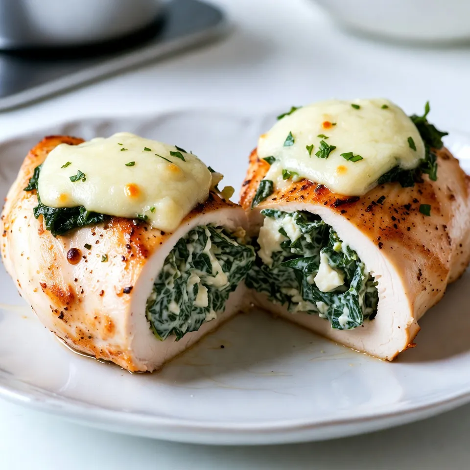 To make Spinach Feta Stuffed Chicken, gather these ingredients: - 4 boneless, skinless chicken breasts - 2 cups fresh spinach, finely chopped - 1 cup feta cheese, crumbled - 1/2 cup cream cheese, softened - 2 cloves garlic, minced - 1/4 teaspoon red pepper flakes (optional) - 1 teaspoon dried oregano - Salt and pepper, to taste - 2 tablespoons olive oil - 1/2 cup shredded mozzarella cheese (for topping) Each serving of this dish is a healthy choice. You get about: - Calories: 350 - Protein: 38g - Carbohydrates: 5g - Fat: 20g - Fiber: 1g This meal offers a good amount of protein and is low in carbs. You can swap out some ingredients if you want to adjust flavors or make it healthier: - Use low-fat cream cheese for a lighter option. - Try goat cheese instead of feta for a different taste. - For a dairy-free version, use cashew cream or tofu. - Use kale or Swiss chard instead of spinach for variety. Feel free to mix and match to suit your taste! {{ingredient_image_2}} To start, mix your filling. In a large bowl, add the finely chopped spinach, crumbled feta cheese, and softened cream cheese. Then, add the minced garlic, red pepper flakes (if you like heat), and dried oregano. Don't forget to sprinkle in some salt and pepper. Mix everything together until it becomes one smooth filling. This step is key for great flavor in your chicken. Next, it’s time to prepare the chicken. Take each chicken breast and slice a pocket into the side. Be careful not to cut all the way through. You want a nice pouch to hold the filling. Once you’ve made the pockets, fill them generously with your spinach and feta mixture. If needed, use toothpicks to close up the openings. This will help keep the filling inside while cooking. Now, let’s cook the chicken. Heat olive oil in a large, oven-safe skillet over medium-high heat. Once it's hot, add the stuffed chicken breasts. Sear them for about 3-4 minutes on each side. Look for a nice golden brown crust. After searing, sprinkle the shredded mozzarella cheese on top of each breast for extra flavor. Finally, transfer the skillet to your preheated oven. Bake for 20-25 minutes until the chicken reaches 165°F (75°C). After cooking, let the chicken rest for a few minutes before slicing to keep it juicy. To keep chicken juicy, start with fresh, high-quality meat. Use a meat thermometer to check the internal temperature. Aim for 165°F (75°C) for safety. A quick sear in the skillet adds a nice crust. This helps lock in moisture. Let the chicken rest after cooking. This step allows juices to redistribute, keeping the meat tender. When stuffing chicken, create a pocket carefully. Use a sharp knife to slice each breast. Avoid cutting all the way through. Fill the pocket generously with the spinach and feta mixture. Don't overstuff; leave some room for the filling to expand. Use toothpicks to secure the openings if needed. This keeps the stuffing intact while cooking. Oven types can change cooking times. For conventional ovens, bake at 375°F (190°C) for 20-25 minutes. If using a convection oven, reduce the time by about 5 minutes. Always check the internal temperature. If it’s not done, return the chicken to the oven for a few more minutes. This will ensure your chicken is fully cooked and safe to eat. Pro Tips Use Fresh Ingredients: Opt for fresh spinach and high-quality feta cheese for the best flavor and texture in your stuffed chicken. Don’t Overstuff: Be careful not to overfill the chicken breasts, as this can cause the filling to spill out during cooking. Let it Rest: Allow the chicken to rest for a few minutes after baking. This helps the juices redistribute, resulting in a more tender and juicy chicken. Add Your Favorite Herbs: Experiment with different herbs like basil or parsley in the filling for an extra layer of flavor. {{image_4}} You can add sun-dried tomatoes for a sweet twist. Chop about a half cup of sun-dried tomatoes and mix them into the filling. These tomatoes bring a rich flavor that pairs nicely with the spinach and feta. You can use oil-packed or dry sun-dried tomatoes. If you use dry ones, soak them in warm water for a few minutes to soften. For a low-carb option, try chicken thighs instead of breasts. They stay moist and add great flavor. You could also use zucchini as a fun alternative. Cut the zucchini in half and scoop out some of the insides. Stuff it just like you do with chicken. Bake the stuffed zucchini for about 20 minutes. This keeps it healthy and tasty. If you want a vegetarian dish, skip the chicken entirely. Use large portobello mushrooms instead. Remove the stems, and fill the caps with the spinach and feta mix. Bake them at 375°F for about 20 minutes. You can also try stuffing bell peppers or eggplants. Both options add color and flavor to your meal. You can store any leftovers in an airtight container. Make sure to let the chicken cool first. Place it in the fridge within two hours of cooking. This helps keep it safe and fresh. Leftovers can last up to three days in the fridge. When you’re ready to eat the leftovers, preheat your oven to 350°F (175°C). Place the stuffed chicken in an oven-safe dish. Cover it with foil to keep it moist. Heat for about 15-20 minutes. Check that it reaches an internal temperature of 165°F (75°C) before serving. This will help keep the flavors rich and the chicken tender. To freeze the stuffed chicken, wrap each piece tightly in plastic wrap. Then, place them in a freezer-safe bag or container. Make sure to label it with the date. You can freeze it for up to three months. When you’re ready to eat, thaw it overnight in the fridge. Reheat it as mentioned above to enjoy a tasty meal later. Yes, you can prepare Spinach Feta Stuffed Chicken in advance. Stuff the chicken breasts and secure them. Cover and store them in the fridge for up to 24 hours. This saves time on busy days. Just bake them when you're ready. You may need to adjust the baking time slightly if they are cold from the fridge. Great sides make your meal complete. Here are some tasty options: - Roasted seasonal vegetables - A fresh garden salad - Quinoa or couscous - Mashed potatoes or sweet potatoes These sides add color and flavor to your table. To check if your chicken is done, use a meat thermometer. The internal temperature should reach 165°F (75°C). If you don’t have a thermometer, cut into the thickest part of the chicken. The juices should run clear, not pink. Proper cooking keeps your meal safe and tasty. This blog post covers how to make stuffed chicken that is tasty and fun. We explored ingredients, from filling to cooking methods. You learned tips for keeping chicken juicy and cooking time. We shared yummy variations like spinach feta and low-carb options. Proper storage and reheating can keep your meals fresh and delicious. In short, stuffed chicken is easy to make and enjoy. Try different fillings to keep it exciting. You’ll impress anyone at your table!