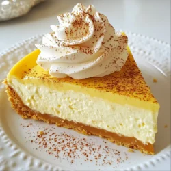 For this eggnog cheesecake, you will need: - 1 &frac12; cups graham cracker crumbs - &frac12; cup unsalted butter, melted - 2 tablespoons granulated sugar - 3 packages (8 ounces each) cream cheese, softened - 1 cup granulated sugar - 3 large eggs, at room temperature - 1 teaspoon pure vanilla extract - 1 teaspoon ground nutmeg - 1 teaspoon ground cinnamon - 1 cup eggnog (store-bought or homemade) - Whipped cream for topping (optional) - Freshly grated nutmeg for garnish (optional) You can switch out some ingredients if needed: - Use cookie crumbs instead of graham cracker crumbs for a different crust flavor. - Coconut oil can replace unsalted butter for a dairy-free option. - If you want a lighter cheesecake, low-fat cream cheese works well. - Almond milk or soy milk can replace eggnog for a non-dairy cheesecake. Choosing fresh ingredients is key for great taste. Here are some tips: - Cream Cheese: Look for blocks of cream cheese instead of spreads. They will give you the best texture. - Eggnog: Check the expiration date on store-bought eggnog. If you make your own, use fresh eggs and whole milk for rich flavor. - Spices: Buy whole spices and grind them fresh for the best flavor. Whole nutmeg is nice and fragrant. - Butter: Choose high-quality unsalted butter for a rich taste. It makes a big difference in your crust. By focusing on fresh, quality ingredients, your eggnog cheesecake will shine! {{ingredient_image_2}} First, we need to preheat your oven to 325&deg;F (160&deg;C). This step is key to getting the right texture for your cheesecake. While the oven heats, grab a 9-inch springform pan. Grease it with butter or cooking spray. This helps the cheesecake come out easily later on. In a medium bowl, mix together 1 &frac12; cups of graham cracker crumbs, &frac12; cup of melted unsalted butter, and 2 tablespoons of granulated sugar. Stir everything until it looks moist. Next, firmly press this mixture into the bottom of your springform pan. This forms a solid base. Bake the crust for 10 minutes in your preheated oven. Once done, take it out and let it cool completely in the pan. Now it&rsquo;s time to make the delicious filling! In a large mixing bowl, use an electric mixer to beat 3 packages of softened cream cheese on medium speed. This should become smooth and creamy. Gradually add in 1 cup of granulated sugar. Mix until it is all combined. Then, add 3 large eggs one at a time. Make sure to mix well after each egg. Next, stir in 1 teaspoon of pure vanilla extract, 1 teaspoon of ground nutmeg, 1 teaspoon of ground cinnamon, and 1 cup of eggnog. Mix gently until just combined. Be careful not to overmix! Carefully pour the cheesecake filling over the cooled crust. Use a spatula to spread it evenly. Place the cheesecake in the oven and bake for 55-60 minutes. The edges should be set, while the center has a slight jiggle. It will firm up as it cools. After baking, turn off the oven. Leave the cheesecake inside with the door slightly ajar for 1 hour. This helps prevent cracks. Once cooled, take it out and let it cool at room temperature. Transfer it to the fridge and chill for at least 4 hours. For the best taste, chill it overnight. Enjoy your festive treat! To get a smooth and creamy cheesecake, start with room temperature cream cheese. Cold cream cheese can create lumps. When mixing, beat on medium speed until the mixture is silky. Add the eggs one by one, mixing after each one. This helps the batter blend well. Be careful not to overmix after adding the eggnog and spices. Overmixing can cause air bubbles, which may lead to cracks. One common mistake is not letting the cheesecake cool slowly. After baking, leave it in the oven with the door ajar. This helps prevent cracks. Another mistake is skipping the chilling time. Chilling for at least four hours, or overnight, is crucial. This allows the flavors to meld and the texture to set. Don&rsquo;t rush this step; it makes a big difference! Eggnog is festive, but spices can make it even better. Ground nutmeg and cinnamon add warmth and depth. You can also try adding a pinch of ground cloves for a unique twist. If you want more spice, mix in some ginger or allspice. These flavors bring out the holiday spirit in every slice! Pro Tips Use Room Temperature Ingredients: Make sure your cream cheese and eggs are at room temperature for a smoother batter, which helps prevent lumps and ensures even baking. Prevent Cracks: Cooling the cheesecake in the oven with the door ajar helps to prevent cracks on the surface by allowing it to set gradually. Chill Overnight: For the best flavor and texture, allow the cheesecake to chill overnight before serving, as this helps all the flavors meld together beautifully. Garnish Wisely: Freshly grated nutmeg not only adds a festive touch but also enhances the eggnog flavor&mdash;use it generously for a delightful finish. {{image_4}} You can change the taste of your eggnog cheesecake by adding different flavorings. Try using almond extract instead of vanilla for a nutty twist. You can also add a splash of rum extract for a more traditional eggnog flavor. Want something unique? Add a bit of orange zest to brighten up the taste. Mixing in chocolate chips can give it a sweet surprise. Experiment and find your favorite combo! If you need a gluten-free version, use gluten-free graham crackers for the crust. You can also make this dessert dairy-free. Substitute cream cheese with a dairy-free cream cheese. Use a non-dairy butter for the crust, and choose a dairy-free eggnog. These swaps keep the flavor without the dairy. Serving your cheesecake can be fun. Top it with whipped cream for a creamy touch. A sprinkle of freshly grated nutmeg adds a nice finish. You can also serve it with a side of warm caramel sauce or chocolate sauce. A scoop of vanilla ice cream pairs well, too. Each bite of this cheesecake can be a new experience! To keep your eggnog cheesecake fresh, store it in the fridge. Place it in an airtight container or cover it tightly with plastic wrap. This helps prevent it from drying out or absorbing other smells. Leftover cheesecake can last for about five days in the refrigerator. If you want to keep it longer, consider freezing it. You can freeze your eggnog cheesecake for up to three months. First, let the cheesecake cool completely. Then, wrap it tightly in plastic wrap. After that, wrap it in aluminum foil for extra protection. Label it with the date to track freshness. When you are ready to enjoy it, thaw it overnight in the refrigerator. You don&rsquo;t need to reheat cheesecake as it tastes best cold. However, if you prefer it warm, place a slice in the microwave for about 10-15 seconds. Check it often to avoid overheating. You can also let it sit at room temperature for about 30 minutes before serving. This way, it softens slightly and enhances the flavor. Yes, you can use low-fat cream cheese. However, the texture may change. Low-fat cream cheese can make the cheesecake less rich and creamy. I recommend full-fat cream cheese for the best flavor and texture. If you choose low-fat, be aware that the cheesecake may not set as well. To prevent cracks, cool the cheesecake slowly. After baking, turn off the oven and leave the door open for an hour. This step allows the temperature to drop gradually. Also, avoid overmixing the batter. Overmixing can introduce more air, leading to cracks. Yes, you can make this cheesecake a day or two ahead. It actually tastes better when chilled overnight. Just cover it well with plastic wrap or foil. Keep it in the fridge until you&rsquo;re ready to serve. This makes it a great choice for holiday gatherings! This blog post covers all you need for a great cheesecake. We explored ingredients, substitutions, and how to choose fresh options. I detailed step-by-step instructions, so you can bake with ease. We discussed tips to achieve the right texture and avoid common mistakes. Variations let you personalize flavors and adjust for diets. Finally, you learned about storage and reheating. Enjoy making your cheesecake masterpiece! Trust the process, and have fun along the way!