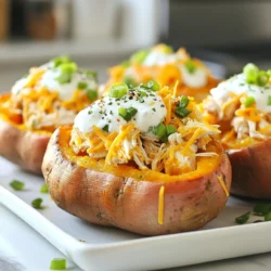 Here&rsquo;s what you need to make Buffalo Chicken Stuffed Sweet Potatoes: - 4 medium sweet potatoes - 2 cups cooked chicken, shredded - 1/2 cup buffalo sauce - 1/2 cup Greek yogurt (or sour cream) - 1 cup shredded cheddar cheese - 1/4 cup green onions, finely chopped - 1/4 cup crumbled blue cheese (optional) - Salt and pepper, to taste - Olive oil for drizzling These ingredients bring together the perfect mix of sweet and spicy. The sweet potatoes serve as a great base. They add natural sweetness and fiber. The cooked chicken brings protein, while the buffalo sauce gives heat. You can adjust the sauce to fit your taste. Greek yogurt or sour cream add creaminess. They balance the heat from the buffalo sauce. Cheddar cheese creates a melty, cheesy top. Green onions add a fresh crunch. Blue cheese, if you choose to add it, gives extra flavor. Use salt and pepper to enhance all the tastes. Drizzling olive oil on the sweet potatoes helps them roast nicely. Gather these ingredients, and you are set to create a delicious meal. Each component plays a role in making this dish tasty and fun to eat. Enjoy the process of cooking and the flavors to come! {{ingredient_image_2}} 1. Start by preheating your oven to 400&deg;F (200&deg;C). This will help cook your sweet potatoes perfectly. 2. Rinse the sweet potatoes under cold water to wash off dirt. Poke several holes in each potato with a fork. This allows steam to escape while they bake. - Drizzle a little olive oil on the sweet potatoes. Sprinkle them with salt for flavor. - Place them on a baking sheet lined with parchment paper. Bake for 45-60 minutes. They are done when a fork can easily pierce them. - While the sweet potatoes bake, take a large bowl. Mix the shredded chicken with buffalo sauce until all the chicken is coated. - When the sweet potatoes are cooked, let them cool for a few minutes. Cut each in half lengthwise. Use a fork to fluff the insides, creating space for the filling. - Spoon the buffalo chicken mixture into each sweet potato half. Make sure the filling is even, so every bite is tasty. - Top each stuffed sweet potato with Greek yogurt (or sour cream), shredded cheddar cheese, and chopped green onions. If you like blue cheese, sprinkle that on as well. - Put the stuffed sweet potatoes back in the oven. Bake for another 10-15 minutes. The cheese should melt and bubble, creating a golden crust. - Once they are ready, take them out and let them cool for a few minutes. Serve warm, and enjoy this delightful meal! Spiciness Adjustments to Buffalo Sauce You can change how spicy your dish is. If you want less heat, use less buffalo sauce. For extra heat, add more sauce or choose a hotter brand. Mixing in some honey can balance the spice a bit. Alternative Toppings and Substitutions Try different toppings to make it your own. Instead of Greek yogurt, use sour cream or avocado. You can skip blue cheese if you don&rsquo;t like it. Add sliced jalape&ntilde;os, diced tomatoes, or fresh cilantro for extra flavor. How to Cook Chicken for Shredding Poaching is a great method for cooking chicken. Simmer chicken breasts in water or broth for about 15-20 minutes. Once cooked, let it cool and shred it with two forks. This method keeps the chicken tender and juicy. Microwave Method for Sweet Potatoes If you're short on time, you can use the microwave. Poke holes in the sweet potatoes, then microwave on high for 5-10 minutes. Check for tenderness by poking with a fork. This method is quick and easy. Adding Vegetables to the Filling Increase the nutrition by adding veggies. Mix in spinach, bell peppers, or carrots with the chicken. These additions add color and nutrients. You can saut&eacute; them before mixing for more flavor. Healthier Sauce Options To make it lighter, look for low-calorie buffalo sauce. You can also mix plain yogurt with hot sauce for a healthy dip. This option keeps the flavor while cutting down on calories. Pro Tips Choose the Right Sweet Potatoes: Opt for medium-sized sweet potatoes for even cooking and easy stuffing. Larger ones may take longer to cook and can be harder to manage. Adjust the Heat: Feel free to modify the amount of buffalo sauce based on your spice tolerance. Start with less and add more if you prefer a stronger kick! Make Ahead: You can prepare the buffalo chicken mixture in advance and store it in the fridge. Just stuff the sweet potatoes and bake them when you're ready to serve. Garnish Creatively: Enhance the presentation by drizzling extra buffalo sauce over the top and adding a sprinkle of fresh herbs or additional cheese for a more vibrant dish. {{image_4}} You can switch up the protein in this dish. Ground turkey works great if you want a leaner choice. Just cook it in a pan with buffalo sauce until it&rsquo;s heated through. Ground beef is another tasty option. It adds a rich flavor to the sweet potatoes. If you prefer a plant-based meal, jackfruit is an excellent choice. Shred the jackfruit and saut&eacute; it with buffalo sauce. This gives you the same texture as chicken, but it's vegan-friendly. Both options keep the dish fun and exciting. You can also play with flavors. For an Asian twist, try using soy sauce and ginger with your chicken. Add some chopped carrots and scallions for crunch. This gives your stuffed sweet potatoes a fresh and unique taste. Another idea is to use BBQ chicken instead of buffalo. Mix shredded chicken with your favorite BBQ sauce. This sweet and smoky flavor pairs well with sweet potatoes, offering a different but delightful experience. When it comes to sauces, you have options. Ranch dressing can replace Greek yogurt. It adds a creamy and tangy flavor that pairs well with the spicy chicken. Hot sauce combinations can also spice things up. Mix different hot sauces for a custom blend. You can use classic hot sauce, sriracha, or even chipotle sauce for a smoky kick. Each choice enhances the dish in its own way, making it fun to try new things. Best Methods for Refrigeration After enjoying your buffalo chicken stuffed sweet potatoes, let them cool. Place leftovers in an airtight container. Store them in the fridge for up to three days. This keeps them fresh and tasty for your next meal. Freezing Options and Tips To freeze leftovers, wrap each stuffed sweet potato in plastic wrap. Then, place them in a freezer-safe bag or container. They can last for about three months in the freezer. When ready to eat, thaw them in the fridge overnight. This way, you&rsquo;ll have a quick meal ready to go. Best Ways to Reheat Stuffed Sweet Potatoes Reheating can bring your stuffed sweet potatoes back to life! The oven is the best choice. Preheat it to 350&deg;F (175&deg;C). Place the stuffed sweet potatoes on a baking sheet and cover them with foil. Heat for about 15-20 minutes until they are warm all the way through. If you're in a hurry, you can also use the microwave. Just place one stuffed sweet potato on a plate and heat for about 2-3 minutes. Enjoy them warm and delicious! Sweet potatoes bake for 45 to 60 minutes at 400&deg;F (200&deg;C). Their size affects the time. Smaller sweet potatoes cook faster, while larger ones need more time. You can test for doneness by piercing them with a fork. If it goes in easily, they are ready! Yes, you can prepare the filling ahead of time. Simply mix the shredded chicken with buffalo sauce and store it in the fridge. This makes it easy to stuff the sweet potatoes later. Just remember to warm it up before using it. Buffalo Chicken Stuffed Sweet Potatoes can be healthy. Sweet potatoes are rich in vitamins, fiber, and antioxidants. The chicken adds protein too. Use Greek yogurt instead of sour cream for a lighter option. Adjust the buffalo sauce for less heat if you prefer. Great side dishes include a fresh salad or roasted vegetables. You could also serve it with coleslaw for a crunchy texture. These sides balance the flavors and make the meal more filling. Yes, you can make this dish ahead. Prepare the stuffed sweet potatoes and store them in the fridge. When ready to serve, simply reheat them in the oven until warmed through. This method saves time on busy days! Buffalo Chicken Stuffed Sweet Potatoes are easy and tasty. You learned about the key ingredients, like sweet potatoes and shredded chicken. We covered simple steps to bake and fill them, along with tips for seasoning and storage. You can customize this dish to match your taste. Try different proteins and sauces for fun flavors. Leftovers heat up nicely, making them great for meals. Embrace your creativity, and enjoy making this delicious dish, knowing it&rsquo;s good for you, too.