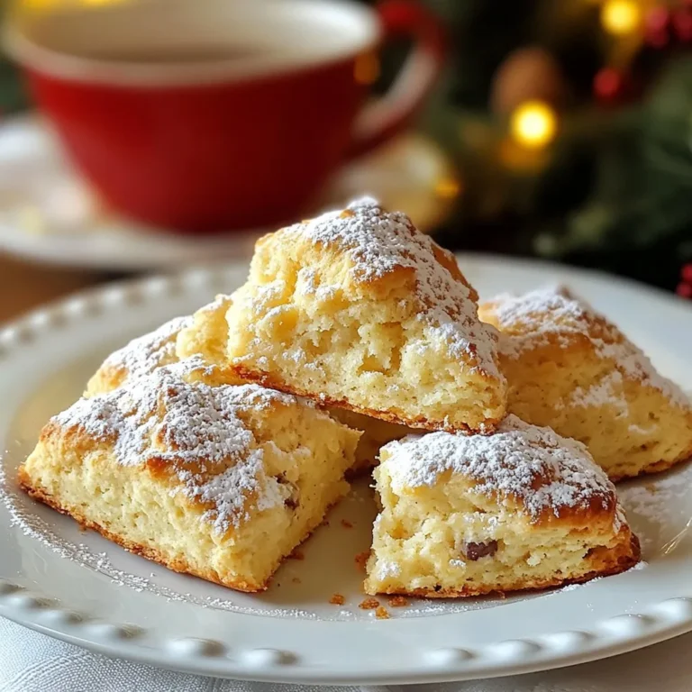 - 2 cups all-purpose flour - 1/3 cup granulated sugar - 1 tablespoon baking powder - 1/2 teaspoon salt - 1/2 teaspoon ground nutmeg - 1/4 teaspoon ground cinnamon - 1/2 cup unsalted butter, cold and cut into small cubes - 1/2 cup eggnog (store-bought or homemade) - 1 large egg, beaten - 1 teaspoon vanilla extract - 1/2 cup mini chocolate chips (optional) - 1/4 cup powdered sugar (for glaze) - 1 tablespoon milk (for glaze) - Nuts (e.g., pecans or walnuts) - Dried cranberries or raisins - Flavorings (e.g., almond extract) When making eggnog scones, the right ingredients make all the difference. Start with all-purpose flour for a fluffy texture. Granulated sugar adds sweetness, while baking powder helps the scones rise. Salt balances flavors, and spices like nutmeg and cinnamon give warmth. Cold butter is key. It creates flaky layers. Eggnog adds rich flavor and moisture. The beaten egg helps bind everything together. Vanilla extract enhances the taste. Want to customize? Add mini chocolate chips for a sweet surprise! You can also mix in nuts for crunch or dried fruit for chewyness. Flavorings like almond extract can give a unique twist. Using these ingredients ensures your eggnog scones are a delightful treat. Enjoy baking! {{ingredient_image_2}} 1. Preheat your oven to 400°F (200°C). 2. Line a baking sheet with parchment paper. This helps prevent sticking. 3. In a large bowl, mix 2 cups of flour, 1/3 cup sugar, 1 tablespoon baking powder, 1/2 teaspoon salt, 1/2 teaspoon nutmeg, and 1/4 teaspoon cinnamon. Whisk them well until combined. 1. Cut 1/2 cup of cold butter into small cubes. 2. Add the butter to the dry mix. Use a pastry cutter or your fingers to blend. The mix should look like coarse crumbs with some butter bits left. 3. In another bowl, whisk together 1/2 cup eggnog, 1 beaten egg, and 1 teaspoon vanilla. Mix until smooth. 4. Pour the wet mix into the dry mix. Stir gently with a spatula until just combined. If you want, fold in 1/2 cup mini chocolate chips for some extra fun. 1. Turn the dough onto a floured surface. Shape it into a disc about 1 inch thick. 2. Cut the disc into 8 wedges, like a pizza. Place them on the baking sheet with space between each. 3. Bake for 15-20 minutes. The tops should be lightly golden. Insert a toothpick in the center. If it comes out clean, they are done. 4. Let the scones cool on a wire rack for about 5 minutes. 5. To make the glaze, mix 1/4 cup powdered sugar with 1 tablespoon milk until smooth. Drizzle it over the warm scones in a fun pattern. To make the best scones, start with cold ingredients. Cold butter keeps the scones flaky. When you mix it, you want small, pea-sized pieces. This creates layers as the scones bake. If the butter is warm, the scones turn dense, which is not what we want. Mixing the dough gently is key. You need to combine the wet and dry ingredients just enough. Overmixing makes the dough tough. Use a spatula or wooden spoon, and stop as soon as you see no dry flour. If you fold in chocolate chips, do it lightly. A good glaze makes scones shine. For a nice finish, drizzle the glaze in a zigzag pattern. Use a fork or spoon for this. It adds a festive touch and looks great on a plate. Pair your scones with drinks for a cozy treat. A warm cup of tea or coffee works well. The flavors of eggnog scones blend nicely with these drinks. You can also serve them with a dollop of whipped cream for extra delight. This makes your holiday table look inviting and fun! Pro Tips Chill the Butter: Keep your butter as cold as possible before mixing. This ensures flaky scones by creating pockets of steam during baking. Don’t Overmix: Mix the dough just until combined to avoid tough scones. The less you handle it, the better the texture. Eggnog Variations: Experiment with different flavors of eggnog, such as spiced or vanilla, to create unique variations of these scones. Serving Suggestions: Serve the scones warm with a side of whipped cream or spiced butter for an extra indulgent treat. {{image_4}} You can switch up flavors for fun twists on classic eggnog scones. Try pumpkin spice eggnog scones. Just add 1 teaspoon of pumpkin spice to the dry mix. This gives a warm, cozy flavor perfect for fall. The spices blend well with the eggnog's creaminess. Another great option is gingerbread eggnog scones. Mix in 1 teaspoon of ground ginger, 1/2 teaspoon of ground cloves, and 1 teaspoon of molasses. These spices bring a festive touch. They make your kitchen smell like the holidays. If you need gluten-free options, use gluten-free flour. Look for a blend that works well in baking. This way, you can still enjoy the scones without the gluten. For vegan substitutes, swap the egg with a flax egg. Mix 1 tablespoon of ground flaxseed with 2.5 tablespoons of water. Let it sit for a few minutes until it thickens. Use almond or soy milk for the eggnog. This makes the scones plant-based and tasty, too! To keep your baked scones fresh at room temperature, place them in an airtight container. This helps prevent them from drying out. They stay good for about 2-3 days. If you want to keep them longer, refrigeration is a great option. Store the scones in the fridge for up to a week. Just make sure they are in a sealed container to avoid absorbing any odors. For freezing, wrap each scone tightly in plastic wrap. Then, place them in a freezer bag. This way, you can enjoy them for up to three months. When you're ready to eat, just thaw them on the counter or overnight in the fridge. To reheat scones and keep their texture, preheat your oven to 350°F (175°C). Place the scones on a baking sheet. Heat them for about 10 minutes. This warms them through and keeps them soft. You can also use a microwave. Just heat each scone for about 15-20 seconds. Be careful not to overheat, as this can make them tough. Enjoy your warm scones with a cup of tea or coffee! Can I substitute eggnog with something else? Yes, you can use milk or cream instead. You can add spices like nutmeg and cinnamon to mimic eggnog's flavor. This will still give you a warm, festive taste. How long do eggnog scones last? Eggnog scones stay fresh for about two days at room temperature. You can store them in an airtight container. For longer storage, keep them in the fridge for up to a week. Can these scones be made ahead of time? Yes, you can make the dough ahead. Shape it into a disc and wrap it tightly. Store it in the fridge for up to 24 hours. When ready, just slice and bake. What to do if scones turn out too dry? If your scones are dry, add a splash of milk or eggnog. Mix gently until the dough feels moist. Avoid overworking the dough, as this can make them tough. How to fix a dough that’s too sticky? If your dough is too sticky, sprinkle in a little flour. Mix it in slowly until the dough is manageable. Remember, a bit of stickiness is normal, but too much can be tricky. You now have everything you need to make delicious eggnog scones. We covered the main ingredients, preparation steps, and tips for perfecting your scones. Remember, using cold ingredients and not overmixing are key. Consider trying seasonal variations or dietary options to suit your taste. Enjoy these scones fresh or as leftovers, following the right storage tips. Baking should be fun, so get creative with toppings and pairings! Enjoy sharing this treat with family and friends.
