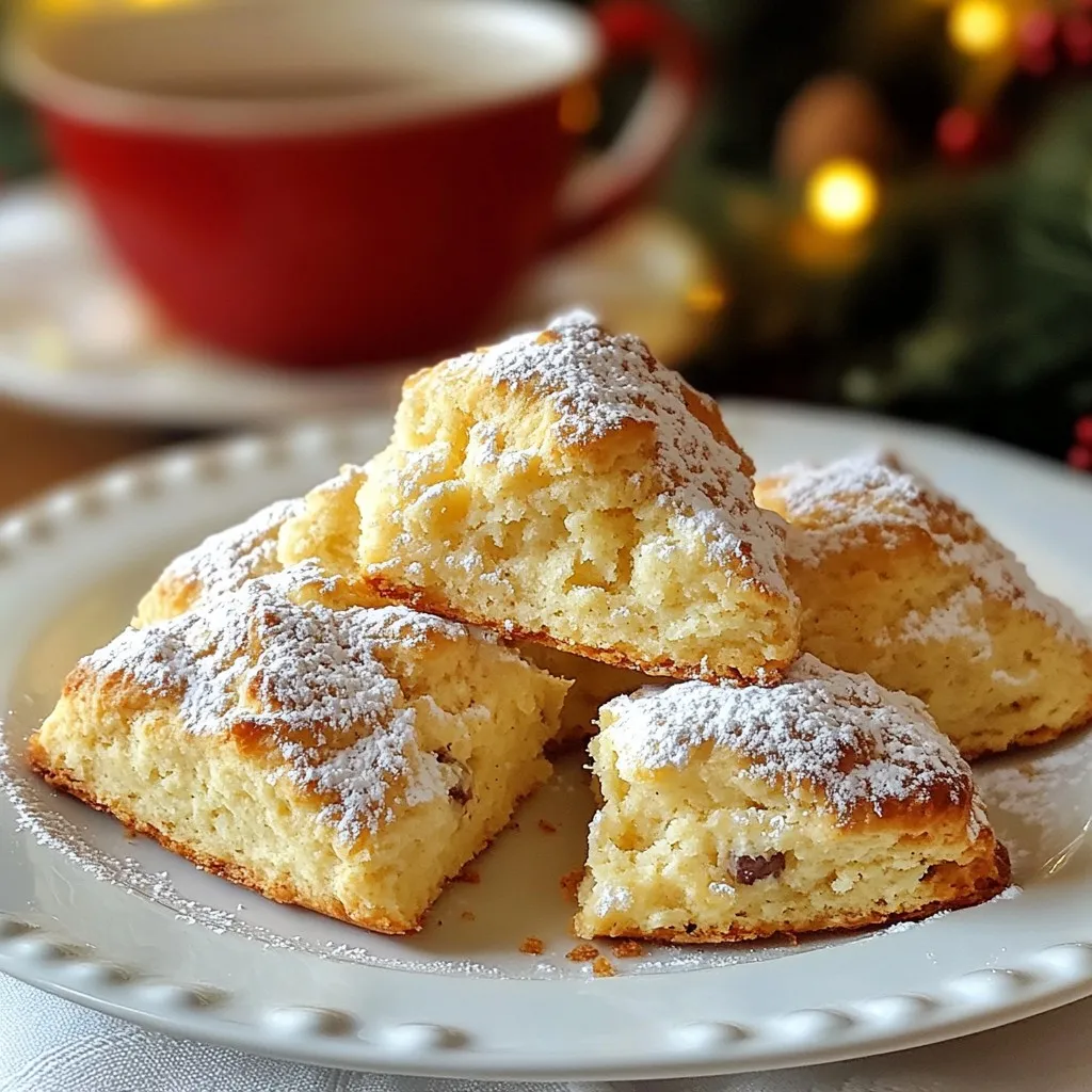 - 2 cups all-purpose flour - 1/3 cup granulated sugar - 1 tablespoon baking powder - 1/2 teaspoon salt - 1/2 teaspoon ground nutmeg - 1/4 teaspoon ground cinnamon - 1/2 cup unsalted butter, cold and cut into small cubes - 1/2 cup eggnog (store-bought or homemade) - 1 large egg, beaten - 1 teaspoon vanilla extract - 1/2 cup mini chocolate chips (optional) - 1/4 cup powdered sugar (for glaze) - 1 tablespoon milk (for glaze) - Nuts (e.g., pecans or walnuts) - Dried cranberries or raisins - Flavorings (e.g., almond extract) When making eggnog scones, the right ingredients make all the difference. Start with all-purpose flour for a fluffy texture. Granulated sugar adds sweetness, while baking powder helps the scones rise. Salt balances flavors, and spices like nutmeg and cinnamon give warmth. Cold butter is key. It creates flaky layers. Eggnog adds rich flavor and moisture. The beaten egg helps bind everything together. Vanilla extract enhances the taste. Want to customize? Add mini chocolate chips for a sweet surprise! You can also mix in nuts for crunch or dried fruit for chewyness. Flavorings like almond extract can give a unique twist. Using these ingredients ensures your eggnog scones are a delightful treat. Enjoy baking! {{ingredient_image_2}} 1. Preheat your oven to 400°F (200°C). 2. Line a baking sheet with parchment paper. This helps prevent sticking. 3. In a large bowl, mix 2 cups of flour, 1/3 cup sugar, 1 tablespoon baking powder, 1/2 teaspoon salt, 1/2 teaspoon nutmeg, and 1/4 teaspoon cinnamon. Whisk them well until combined. 1. Cut 1/2 cup of cold butter into small cubes. 2. Add the butter to the dry mix. Use a pastry cutter or your fingers to blend. The mix should look like coarse crumbs with some butter bits left. 3. In another bowl, whisk together 1/2 cup eggnog, 1 beaten egg, and 1 teaspoon vanilla. Mix until smooth. 4. Pour the wet mix into the dry mix. Stir gently with a spatula until just combined. If you want, fold in 1/2 cup mini chocolate chips for some extra fun. 1. Turn the dough onto a floured surface. Shape it into a disc about 1 inch thick. 2. Cut the disc into 8 wedges, like a pizza. Place them on the baking sheet with space between each. 3. Bake for 15-20 minutes. The tops should be lightly golden. Insert a toothpick in the center. If it comes out clean, they are done. 4. Let the scones cool on a wire rack for about 5 minutes. 5. To make the glaze, mix 1/4 cup powdered sugar with 1 tablespoon milk until smooth. Drizzle it over the warm scones in a fun pattern. To make the best scones, start with cold ingredients. Cold butter keeps the scones flaky. When you mix it, you want small, pea-sized pieces. This creates layers as the scones bake. If the butter is warm, the scones turn dense, which is not what we want. Mixing the dough gently is key. You need to combine the wet and dry ingredients just enough. Overmixing makes the dough tough. Use a spatula or wooden spoon, and stop as soon as you see no dry flour. If you fold in chocolate chips, do it lightly. A good glaze makes scones shine. For a nice finish, drizzle the glaze in a zigzag pattern. Use a fork or spoon for this. It adds a festive touch and looks great on a plate. Pair your scones with drinks for a cozy treat. A warm cup of tea or coffee works well. The flavors of eggnog scones blend nicely with these drinks. You can also serve them with a dollop of whipped cream for extra delight. This makes your holiday table look inviting and fun! Pro Tips Chill the Butter: Keep your butter as cold as possible before mixing. This ensures flaky scones by creating pockets of steam during baking. Don’t Overmix: Mix the dough just until combined to avoid tough scones. The less you handle it, the better the texture. Eggnog Variations: Experiment with different flavors of eggnog, such as spiced or vanilla, to create unique variations of these scones. Serving Suggestions: Serve the scones warm with a side of whipped cream or spiced butter for an extra indulgent treat. {{image_4}} You can switch up flavors for fun twists on classic eggnog scones. Try pumpkin spice eggnog scones. Just add 1 teaspoon of pumpkin spice to the dry mix. This gives a warm, cozy flavor perfect for fall. The spices blend well with the eggnog's creaminess. Another great option is gingerbread eggnog scones. Mix in 1 teaspoon of ground ginger, 1/2 teaspoon of ground cloves, and 1 teaspoon of molasses. These spices bring a festive touch. They make your kitchen smell like the holidays. If you need gluten-free options, use gluten-free flour. Look for a blend that works well in baking. This way, you can still enjoy the scones without the gluten. For vegan substitutes, swap the egg with a flax egg. Mix 1 tablespoon of ground flaxseed with 2.5 tablespoons of water. Let it sit for a few minutes until it thickens. Use almond or soy milk for the eggnog. This makes the scones plant-based and tasty, too! To keep your baked scones fresh at room temperature, place them in an airtight container. This helps prevent them from drying out. They stay good for about 2-3 days. If you want to keep them longer, refrigeration is a great option. Store the scones in the fridge for up to a week. Just make sure they are in a sealed container to avoid absorbing any odors. For freezing, wrap each scone tightly in plastic wrap. Then, place them in a freezer bag. This way, you can enjoy them for up to three months. When you're ready to eat, just thaw them on the counter or overnight in the fridge. To reheat scones and keep their texture, preheat your oven to 350°F (175°C). Place the scones on a baking sheet. Heat them for about 10 minutes. This warms them through and keeps them soft. You can also use a microwave. Just heat each scone for about 15-20 seconds. Be careful not to overheat, as this can make them tough. Enjoy your warm scones with a cup of tea or coffee! Can I substitute eggnog with something else? Yes, you can use milk or cream instead. You can add spices like nutmeg and cinnamon to mimic eggnog's flavor. This will still give you a warm, festive taste. How long do eggnog scones last? Eggnog scones stay fresh for about two days at room temperature. You can store them in an airtight container. For longer storage, keep them in the fridge for up to a week. Can these scones be made ahead of time? Yes, you can make the dough ahead. Shape it into a disc and wrap it tightly. Store it in the fridge for up to 24 hours. When ready, just slice and bake. What to do if scones turn out too dry? If your scones are dry, add a splash of milk or eggnog. Mix gently until the dough feels moist. Avoid overworking the dough, as this can make them tough. How to fix a dough that’s too sticky? If your dough is too sticky, sprinkle in a little flour. Mix it in slowly until the dough is manageable. Remember, a bit of stickiness is normal, but too much can be tricky. You now have everything you need to make delicious eggnog scones. We covered the main ingredients, preparation steps, and tips for perfecting your scones. Remember, using cold ingredients and not overmixing are key. Consider trying seasonal variations or dietary options to suit your taste. Enjoy these scones fresh or as leftovers, following the right storage tips. Baking should be fun, so get creative with toppings and pairings! Enjoy sharing this treat with family and friends.