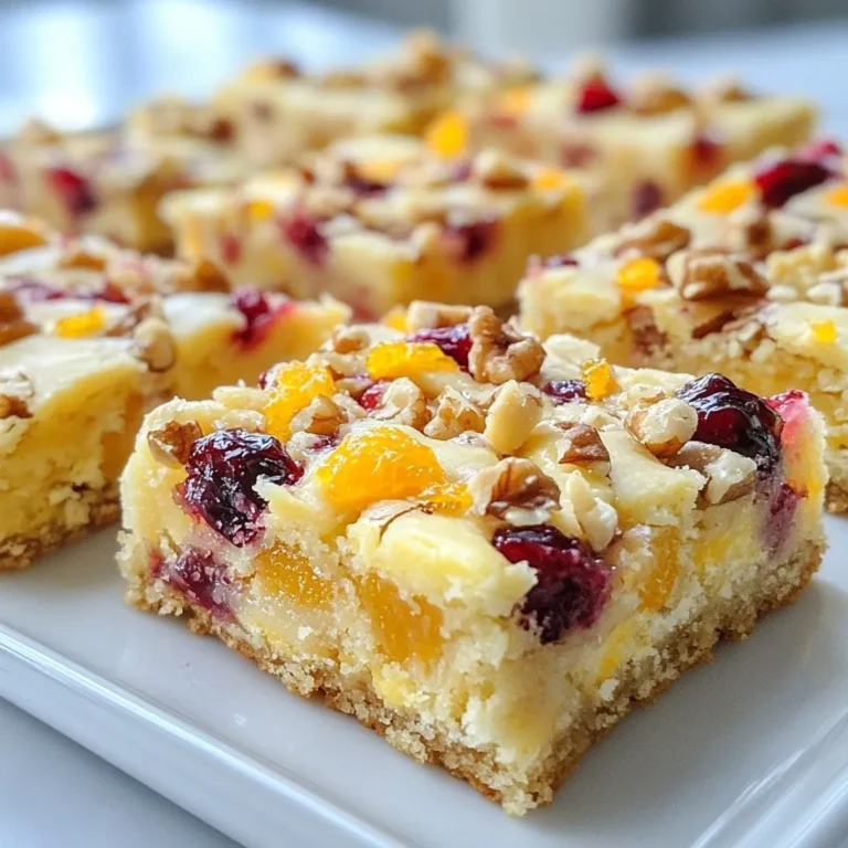 - 1 cup all-purpose flour - ½ cup rolled oats - ½ cup brown sugar, packed - ¼ cup granulated sugar - ½ teaspoon baking powder - ¼ teaspoon salt - ½ cup unsalted butter, melted - 1 large egg, at room temperature - 1 teaspoon vanilla extract - Zest of 1 large orange - 1 cup fresh or frozen cranberries, roughly chopped - ½ cup chopped walnuts (optional) I love the mix of flavors in these bars. The all-purpose flour gives a nice base. The rolled oats add a hearty texture. Brown sugar brings in a rich sweetness, while granulated sugar makes them light. Baking powder helps the bars rise, and salt enhances all the flavors. Using unsalted butter keeps the taste clean. The large egg binds everything together. Vanilla extract adds a warm note, and orange zest brightens the mix. Fresh or frozen cranberries give that tart punch. If you like a crunch, add chopped walnuts; they make the bars even better. This list has everything you need for your Cranberry Orange Bliss Bars. Gather these ingredients, and you're ready to start baking! {{ingredient_image_2}} Set your oven to 350°F (175°C). Grease a 9x9-inch baking dish with butter or spray. Line the bottom with parchment paper for easy removal. In a large bowl, combine: - 1 cup all-purpose flour - ½ cup rolled oats - ½ cup brown sugar, packed - ¼ cup granulated sugar - ½ teaspoon baking powder - ¼ teaspoon salt Use a whisk or fork to mix well. Break up any clumps of brown sugar. In another bowl, whisk together: - ½ cup unsalted butter, melted - 1 large egg - 1 teaspoon vanilla extract - Zest of 1 large orange Make sure the butter cools a bit before mixing. This helps keep the egg from cooking. Pour the wet mix into the dry mix. Stir gently with a spatula. Do not overmix! This keeps your bars light and fluffy. Carefully fold in: - 1 cup fresh or frozen cranberries, roughly chopped - ½ cup chopped walnuts (optional) Make sure they are evenly spread in the batter. This adds great flavor and crunch. Transfer the batter to the prepared baking dish. Use a spatula to spread it out evenly. Smooth the top to help it bake evenly. Place the dish in the oven and bake for 25-30 minutes. Look for a golden brown color. Insert a toothpick into the center; it should come out clean or with a few moist crumbs. Let the bars cool in the pan for about 10 minutes. Lift them out using the parchment paper and place them on a wire rack to cool completely. Once cool, cut into squares. Enjoy your tasty Cranberry Orange Bliss Bars! To get the right texture, mix your dry and wet ingredients carefully. When you combine them, stir just until you see no dry flour. Overmixing can make the bars too dense. I recommend using a spatula for gentle folding. This keeps the batter light and fluffy. You can add more flavor to your bars. Try a pinch of cinnamon or ginger for warmth. You can also add extra orange zest for a bright taste. If you like nuts, a dash of nutmeg works well too. These spices will make your bars even more special! To keep your bars fresh, store them in an airtight container. You can keep them at room temperature for a few days. For longer storage, place them in the fridge. If you want to keep them for more than a week, freeze them. Just wrap each bar in plastic wrap, then place them in a freezer bag. Enjoy your treats later! Pro Tips Use Fresh Ingredients: Whenever possible, opt for fresh cranberries and organic oranges to enhance the flavor profile of your bars. Experiment with Add-Ins: Feel free to substitute walnuts with pecans or add chocolate chips for a different twist on flavor and texture. Check for Doneness: Keep an eye on the baking time, as ovens may vary. The bars are done when they are golden brown and a toothpick comes out clean. Storage Tips: Store leftover bars in an airtight container at room temperature for up to 3 days, or refrigerate for longer freshness. {{image_4}} You can change the fruits or nuts in your bars based on the season. In spring, try fresh strawberries or blueberries. In summer, use peaches or cherries for a juicy flavor. Fall is great for adding apples or pears. Winter calls for nuts like pecans or hazelnuts. Each choice gives a new taste and keeps the bars fresh. If you need a gluten-free option, swap all-purpose flour for almond or oat flour. For a vegan version, use flaxseed meal mixed with water instead of an egg. You can also use coconut oil instead of butter. These changes keep the bars tasty while meeting dietary needs. Serve your bars warm with a scoop of vanilla ice cream. Pair them with a cup of hot tea or coffee for a cozy treat. For a fun twist, drizzle some chocolate or caramel sauce on top. You can also sprinkle powdered sugar for a sweet finish. Presenting them on a colorful plate can make your dessert pop. Each serving of Cranberry Orange Bliss Bars has about: - Calories: 180 - Total Fat: 8g - Saturated Fat: 5g - Carbohydrates: 25g - Sugars: 10g These bars offer a nice balance of flavors and nutrients. They contain healthy fats from the walnuts and a burst of natural sweetness from the cranberries and orange zest. Cranberries are rich in vitamins and antioxidants. They can help boost your immune system and support heart health. Walnuts provide healthy fats, protein, and fiber. They are great for brain health and may lower cholesterol levels. Together, they make these bars not just tasty but also nutritious. You can easily lighten up these bars. Here are a few ideas: - Reduce Sugars: Cut down the brown and granulated sugar by ¼ cup total. - Use Applesauce: Replace half of the butter with unsweetened applesauce. This will keep the bars moist while cutting down on fat. - Choose Whole Wheat Flour: Swap half of the all-purpose flour for whole wheat flour. This adds fiber and nutrients. These simple swaps can help you enjoy a healthier treat without losing flavor! Yes, you can make these bars a day or two ahead. Here are some tips for prepping in advance: - Bake and Cool: Bake the bars as directed. Allow them to cool completely before storing. - Wrap Properly: Wrap the cooled bars in plastic wrap or foil to keep them fresh. - Refrigerate: Store them in the fridge for longer freshness. You can enjoy them cold or at room temperature. - Freeze for Later: You can also freeze the bars. Cut them into squares, wrap each piece, and place them in a freezer bag. If you don’t have cranberries, here are some alternatives you can use: - Chopped Dried Cherries: These add a nice sweetness. - Raisins or Sultanas: Use these for a classic flavor twist. - Chopped Apples: Fresh apples can bring a juicy crunch. - Blueberries: These work well for a different fruity flavor. To check for doneness, follow these signs: - Golden Brown Color: The top should look golden brown. - Toothpick Test: Insert a toothpick into the center. It should come out clean or with a few moist crumbs. - Firm to Touch: The bars should feel firm when you gently press the top. These tips will help you bake perfect Cranberry Orange Bliss Bars every time! This recipe brings joy with each step from mixing to baking. You’ve learned about the key ingredients, clear instructions, and helpful tips. Seasonal twists and dietary changes can make this treat fit any occasion. With the right storage, these bars stay fresh and tasty. Remember, these cranberry bars are not just a snack; they’re a way to share happiness. Embrace this recipe and enjoy the sweet results!