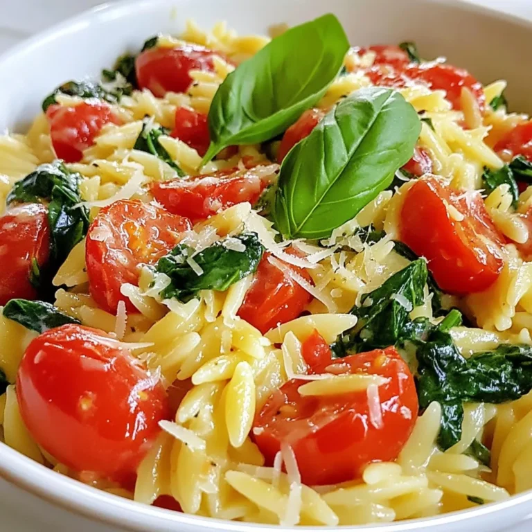 - 1 cup orzo pasta - 2 cups vegetable broth - 1 cup cherry tomatoes, halved - 2 cups fresh spinach, chopped - 1/2 cup heavy cream or coconut cream - 1/4 cup grated Parmesan cheese or nutritional yeast - 2 cloves garlic, minced - 1 tablespoon olive oil - Salt and pepper to taste - Fresh basil leaves for garnish Each ingredient brings its own taste and texture to this dish. Orzo pasta gives a nice bite. Vegetable broth adds depth, while cherry tomatoes offer a sweet burst of flavor. Fresh spinach not only enhances nutrition but also brings a lovely color. The cream makes the dish rich and smooth, perfect for any weeknight meal. Garlic adds a savory note that pairs well with the tomatoes. Olive oil helps cook the garlic and gives a nice finish. Salt and pepper enhance all the flavors, and fresh basil adds a bright touch at the end. This mix of ingredients makes Creamy Tomato Spinach Orzo a quick, flavorful meal. You can adjust the recipe based on what you have at home. Try adding more greens or different cheeses to suit your taste! {{ingredient_image_2}} 1. Start by boiling the vegetable broth in a medium pot. 2. Once it boils, add 1 cup of orzo pasta. 3. Cook the orzo for 8 to 10 minutes. Stir it often until it feels firm but tender. 1. While the orzo cooks, heat 1 tablespoon of olive oil in a large skillet. 2. Add 2 cloves of minced garlic. Sauté the garlic for 1 to 2 minutes. It should smell good and turn slightly golden. 3. Now, toss in 1 cup of halved cherry tomatoes. Cook for about 5 minutes. Stir them occasionally until they soften and release their juices. 1. Once the orzo is ready, drain any excess broth. Then, add the orzo to the skillet with the tomatoes. 2. Gently mix in 2 cups of chopped spinach. Let it wilt for 2 to 3 minutes. 3. Pour in 1/2 cup of heavy cream and add 1/4 cup of grated Parmesan cheese. Stir until everything blends well. 4. Adjust the taste with salt and pepper. This dish comes together quickly and offers rich flavors. Enjoy it as a weeknight meal! - Achieving perfect al dente orzo: To cook orzo just right, watch the clock. Boil it for 8-10 minutes until it feels firm but not hard. Stir it as it cooks. This keeps it from sticking together. If you cook it too long, it will get mushy. - Sautéing garlic without burning: Heat your olive oil over medium heat. Add minced garlic and stir it for 1-2 minutes. Watch for a light golden color. If it turns brown, it will taste bitter. Remove it from the heat as soon as it smells good. - Best serving suggestions: For a lovely look, serve the orzo in shallow bowls. This allows the creamy sauce to shine. Add a nice scoop of the orzo mix in the center. - Garnishing ideas: Finish with fresh basil leaves on top. You can also sprinkle extra Parmesan cheese or nutritional yeast. This makes the dish pop with color and flavor. Pro Tips Use Fresh Ingredients: Opt for fresh spinach and ripe cherry tomatoes to enhance the flavor and nutritional value of your dish. Perfectly Cooked Orzo: Keep an eye on the orzo while cooking to avoid overcooking; it should be al dente for the best texture. Adjust Creaminess: For a creamier dish, feel free to add more heavy cream or coconut cream to suit your taste. Garnish Wisely: Adding fresh basil not only enhances the presentation but also adds a burst of fresh flavor; consider adding a drizzle of olive oil for extra richness. {{image_4}} Vegan substitutions You can easily make this dish vegan. Simply swap the heavy cream for coconut cream. Use nutritional yeast instead of Parmesan cheese. This keeps the dish creamy and adds a nice cheesy flavor. Gluten-free options For a gluten-free version, replace the orzo pasta with gluten-free orzo or another gluten-free pasta. Always check that your broth is gluten-free. This ensures everyone can enjoy this meal without worry. Additional vegetables to add Feel free to add other vegetables for more flavor. Zucchini, bell peppers, or mushrooms work great. Just chop them small and add them when you cook the tomatoes. They will blend nicely with the creamy sauce. Herbs and spices for extra flavor You can spice it up! Add a pinch of red pepper flakes for heat. Fresh herbs like thyme or oregano can boost the taste too. Experiment with what you like to make this dish your own. To keep your creamy tomato spinach orzo fresh, place it in an airtight container. This helps prevent drying out. It works best to refrigerate leftovers within two hours of cooking. In the fridge, it lasts about three to four days. Always check for any off smells before eating. When reheating, use gentle heat to keep the texture nice. You can heat it on the stove with a splash of broth or cream. Stir often to avoid sticking. If you prefer the microwave, use a microwave-safe bowl. Heat in short bursts, stirring in between. For freezing, let the dish cool completely. Then, transfer it to a freezer-safe container. It can last up to three months in the freezer. To reheat frozen orzo, thaw it in the fridge overnight. Then, follow the reheating tips above for the best results. Yes, you can make this creamy tomato spinach orzo ahead of time. Cook the orzo and prepare the sauce as usual. Before serving, store the dish in the fridge for up to three days. When you're ready to eat, gently reheat it on the stove. You might need to add a splash of broth or cream to keep it creamy. If you don’t have orzo, you can use other small pasta shapes. Try ditalini, or small shells. You can even use rice or quinoa for a gluten-free option. Just adjust the cooking time based on what you choose. To add some heat, try adding red pepper flakes while sautéing the garlic. You can also mix in some diced jalapeños or a dash of hot sauce. Adjust the spice level to your taste. Enjoy the kick! This recipe for creamy orzo with spinach blends tasty ingredients like orzo pasta, fresh tomatoes, and garlic. You learned how to cook the orzo perfectly, prepare a delicious sauce, and combine it all for a delightful dish. With tips on storing and serving, you can enjoy it multiple ways. Experiment with flavors and adapt it to fit your diet. Keep enjoying your cooking adventures, and don’t hesitate to share this dish with friends!