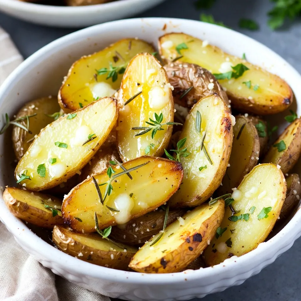 - 1.5 pounds fingerling potatoes, halved lengthwise - 1/4 cup extra virgin olive oil - 1/2 cup freshly grated Parmesan cheese Fingerling potatoes are small and creamy. They roast well and have a great taste. Cutting them in half helps them cook evenly. Extra virgin olive oil adds richness and a lovely flavor. Always use freshly grated Parmesan cheese. It melts better and gives a nice crust. - 2 teaspoons garlic powder - 1 teaspoon onion powder - 1 tablespoon fresh rosemary, finely chopped - 1 tablespoon fresh thyme, finely chopped Garlic powder gives a strong, savory kick. Onion powder adds sweetness and depth. Fresh rosemary and thyme bring bright, herbal notes. Chopping them finely helps release their flavors. - Salt and freshly cracked black pepper, to taste - Fresh parsley, chopped (for garnish) Salt and pepper are key for enhancing all the tastes. They make each bite pop. Fresh parsley adds a touch of color and freshness to the dish. It’s a great finish before serving. This combination of ingredients creates a warm and comforting dish. You will love the crispy, cheesy potatoes that come from this recipe. {{ingredient_image_2}} First, preheat your oven to 425°F (220°C). This hot temperature helps the potatoes cook evenly and become crispy. While the oven warms up, halve the fingerling potatoes lengthwise. This step ensures they cook faster and absorb more flavor. Gather the rest of your ingredients so you’re ready to go. In a large mixing bowl, combine the halved fingerling potatoes with 1/4 cup of extra virgin olive oil. Add in 2 teaspoons of garlic powder and 1 teaspoon of onion powder. Next, toss in 1 tablespoon of fresh rosemary and 1 tablespoon of fresh thyme. Season with salt and freshly cracked black pepper to taste. Mix everything well until the potatoes are coated with the aromatic blend. This step is key for delivering big flavor in every bite. Now, line a baking sheet with parchment paper. Spread the coated potatoes in a single layer on the sheet. Make sure they are not crowded; this helps them roast evenly. Place the baking sheet in your preheated oven. Roast the potatoes for about 25 minutes, watching for a lovely golden brown color. After 25 minutes, take the baking sheet out and sprinkle 1/2 cup of freshly grated Parmesan cheese over the hot potatoes. This will give them a cheesy, savory kick. Return the baking sheet to the oven and roast for another 10-15 minutes. Look for the cheese to melt and bubble, while the potatoes stay tender when pierced with a fork. Once done, let them cool slightly. Garnish with chopped fresh parsley before serving. This adds a vibrant touch and fresh flavor. When roasting fingerling potatoes, space is key. Make sure the potatoes are in a single layer on the baking sheet. This helps them cook evenly. If you crowd the pan, they can steam instead of roast. Monitor the cooking time closely. The potatoes should turn golden brown and crispy on the outside. This usually takes about 25 minutes, but keep an eye on them. To boost the flavor, you can add more herbs. Try using fresh basil or oregano for a new twist. You can also mix in some smoked paprika for a smoky taste. Don’t be afraid to adjust the seasoning. If you love garlic, add more garlic powder. If you prefer a lighter touch, reduce the amount of rosemary or thyme. Presentation makes a big difference! Serve the roasted potatoes in a rustic wooden bowl or a bright platter. This draws attention and makes your dish inviting. For added freshness, garnish with chopped parsley. A sprig of rosemary on top adds a nice touch. The colors and aromas will make everyone eager to dig in! Pro Tips Use Uniform Size Potatoes: Ensuring your fingerling potatoes are of similar size helps them cook evenly, resulting in perfectly roasted potatoes every time. Don’t Skip the Parchment Paper: Lining your baking sheet with parchment paper not only aids in cleanup but also prevents sticking, allowing the potatoes to crisp up beautifully. Experiment with Herbs: Feel free to mix and match different herbs like thyme, rosemary, or even oregano to customize the flavor profile according to your preference. Serve Immediately: For the best texture and flavor, serve the roasted potatoes right after they come out of the oven while they are still hot and crispy. {{image_4}} You can try other cheeses instead of Parmesan. Grated Pecorino Romano adds a sharp bite. If you prefer a milder flavor, use Asiago cheese. Mixing cheeses can create unique tastes. For instance, blend Parmesan with a bit of mozzarella for a creamy texture. Explore different herbs to brighten the dish. Dill or sage can offer fresh notes. If you have dried herbs, they work too. Combine dried herbs with fresh ones for more flavor depth. For example, use dried oregano along with fresh thyme. Want to make it more colorful? Add bell peppers or carrots to the mix. They roast nicely with the potatoes. If you need more servings, double the recipe. This way, everyone gets to enjoy these tasty bites. To store your leftover Parmesan herb roasted fingerling potatoes, place them in an airtight container. Make sure the container is cool before sealing it. Store in the refrigerator for up to four days. When ready to enjoy again, reheat the potatoes in the oven at 350°F (175°C) for about 10-15 minutes. This keeps them crispy and tasty. You can also use a microwave, but they may lose some crunch. If you want to freeze your roasted potatoes, let them cool completely first. Spread them in a single layer on a baking sheet to freeze for an hour. Once they are firm, transfer them to a freezer-safe bag or container. Remove as much air as possible to prevent freezer burn. They can last up to three months in the freezer. To thaw, place them in the fridge overnight or use the microwave on defrost. Reheat them in the oven for the best texture. Leftover Parmesan herb roasted fingerling potatoes can be kept for up to four days in the fridge. Signs that your stored potatoes have spoiled include a sour smell, changes in color, or a slimy texture. If you notice any of these signs, it’s best to throw them away. Yes, you can prep these potatoes ahead of time. Cut and season the potatoes. Place them in a bowl and cover. Store in the fridge for up to 24 hours. When ready, roast them in the oven as usual. This keeps the flavors fresh and tasty. If you have leftovers, just reheat them in the oven for a crispy finish. These potatoes pair well with many dishes. Try serving them with grilled chicken or fish. They also complement steak nicely. A fresh salad on the side adds a nice touch. If you want a vegetarian meal, serve with roasted veggies or a hearty grain dish. If you lack fingerling potatoes, use baby potatoes or small red potatoes. You may need to adjust the cooking time. Larger potatoes take longer to roast. Just cut them into smaller pieces to mimic the fingerling size. The herbs and cheese will still taste great! This article covered making Parmesan Herb Roasted Fingerling Potatoes. We explored key ingredients, like fingerling potatoes and Parmesan cheese. I shared step-by-step instructions for preparation, roasting, and tips for perfect flavor. You found ideas for variations and storage tips to keep leftovers fresh. In the end, these roasted potatoes are simple yet delicious. Experiment with different cheeses and herbs for your own twist. Enjoy this dish with your favorite main course!