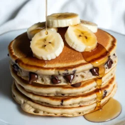 - 1 cup all-purpose flour - 1 tablespoon baking powder - 1/2 teaspoon salt - 1 tablespoon granulated sugar - 1 large ripe banana, well-mashed - 1 cup milk (dairy or your choice of non-dairy) - 1 large egg - 2 tablespoons melted butter (or substitute with coconut oil) - 1/2 cup semi-sweet chocolate chips - Additional banana slices for garnish - Pure maple syrup for drizzling You can swap the all-purpose flour with a gluten-free blend. For a dairy-free option, use almond milk or oat milk. If you want to skip the egg, try using &frac14; cup of applesauce. Coconut oil can replace butter for a dairy-free version. Each serving has about 200 calories. It contains 5 grams of protein, 30 grams of carbs, and 8 grams of fat. The fiber content is around 2 grams, which comes from the banana and flour. This makes it a filling option for breakfast. The chocolate chips add a little extra sugar, but they also bring joy! {{ingredient_image_2}} Start by gathering your dry ingredients. You will need: - 1 cup all-purpose flour - 1 tablespoon baking powder - 1/2 teaspoon salt - 1 tablespoon granulated sugar In a large mixing bowl, combine the flour, baking powder, salt, and sugar. Whisk them together well. Make sure there are no lumps. Mixing them evenly helps the pancakes rise and taste great. Next, let's focus on the wet ingredients. You will need: - 1 large ripe banana, well-mashed - 1 cup milk (dairy or your choice of non-dairy) - 1 large egg - 2 tablespoons melted butter (or substitute with coconut oil) Take a separate bowl and mash the ripe banana with a fork. Aim for a smooth texture. Then, add the milk, egg, and melted butter or coconut oil. Whisk until everything is well mixed. This step is key for a smooth batter. Now it's time to cook the pancakes. Heat a non-stick skillet or griddle over medium heat. Lightly coat it with oil or butter to keep pancakes from sticking. Using a measuring cup, pour about 1/4 cup of batter onto the skillet for each pancake. Cook for 2-3 minutes. Look for bubbles on the surface and edges that look set. Then, flip the pancakes carefully with a spatula. Cook for another 2-3 minutes until they turn golden brown. Once done, remove the pancakes and keep them warm on a plate. Cover them with a clean kitchen towel. Repeat with the rest of the batter. To serve, stack the pancakes on plates. Add extra banana slices on top and drizzle with pure maple syrup. Enjoy your delicious pancakes warm! To get fluffy pancakes, use fresh baking powder. Make sure it&rsquo;s not expired. Mix your dry ingredients first. They should be light and well combined. When you add the wet ingredients, do it gently. Do not stir too much. A few lumps are okay; they help keep the pancakes airy. Mixing too much can make pancakes tough. Once you combine wet and dry ingredients, stop stirring. Use a spatula or wooden spoon. Just fold the batter until you no longer see dry flour. Remember, it's fine to have small lumps. They will disappear as the pancakes cook. For the best pancakes, use a non-stick skillet or griddle. This helps to cook evenly without sticking. A good spatula is key for flipping. I also recommend a measuring cup for portioning the batter. This keeps the pancakes uniform in size. Lastly, a whisk will help mix your dry ingredients well. Pro Tips Use Overripe Bananas: The riper the banana, the sweeter and more flavorful your pancakes will be. Look for bananas with brown spots for the best results. Don&rsquo;t Overmix the Batter: Mixing too much can lead to tough pancakes. Stir until just combined; it&rsquo;s okay if there are a few lumps. Keep Pancakes Warm: As you cook the pancakes, place them on a plate and cover with a clean kitchen towel to keep them warm and fluffy until serving. Experiment with Toppings: Try adding nuts, berries, or a dollop of yogurt on top for added texture and flavor beyond just syrup! {{image_4}} You can make these pancakes gluten-free. Swap the all-purpose flour with gluten-free flour. Look for a blend that works well in baking. Make sure it has xanthan gum in it. This helps the pancakes hold together. The rest of the recipe stays the same. You will still enjoy those sweet banana and chocolate flavors! To make vegan banana chocolate chip pancakes, we can replace a few key ingredients. Use a flax egg instead of a regular egg. Mix 1 tablespoon of ground flaxseed with 2.5 tablespoons of water. Let it sit for 5 minutes to thicken. Instead of milk, use almond milk or oat milk. You can also switch melted butter with coconut oil. These swaps keep the recipe tasty and friendly for vegan diets. Want to spice up your pancakes? Add a pinch of cinnamon for warmth. You could also mix in some chopped nuts for crunch. Walnuts or pecans work great! Or try adding a handful of berries, like blueberries or raspberries, for a fruity twist. For chocolate lovers, add more chocolate chips or even chocolate chunks. Each of these options adds a new layer of flavor. Enjoy experimenting with what you love! Store leftover pancakes in an airtight container. Place a piece of parchment paper between each pancake. This prevents them from sticking together. Keep the container in the fridge for up to three days. To reheat pancakes, use a microwave or a skillet. For the microwave, place a pancake on a plate and cover it with a damp paper towel. Heat for about 20-30 seconds. For a skillet, warm it over low heat. Flip the pancake after one minute. This keeps the pancake soft and tasty. To freeze pancakes, let them cool completely. Place them in a single layer on a baking sheet. Once frozen, transfer them to a freezer bag. They can stay in the freezer for about two months. When ready to eat, reheat them as described above. Enjoy your pancakes anytime! Yes, you can use frozen bananas. Just thaw them first. Once thawed, mash them until smooth. This will keep your pancakes tasty and moist. The flavor will stay sweet and rich. It&rsquo;s a great way to avoid waste too! You can replace eggs with several options. A common choice is one mashed banana. You can also use 1/4 cup of unsweetened applesauce. Another option is a flax egg. To make a flax egg, mix one tablespoon of ground flaxseed with three tablespoons of water. Let it sit for a few minutes until it thickens. To boost the chocolate flavor, add more chocolate chips. Try using 3/4 cup instead of 1/2 cup. You can also mix in cocoa powder. Adding 2 tablespoons will give it a rich taste. For a fun twist, use chocolate chunks or dark chocolate chips. This makes the pancakes even more delicious! In this post, we covered the essential ingredients, tips, and variations for perfect pancakes. You learned how to prepare dry and wet ingredients, cook pancakes, and store leftovers. Use the tricks for fluffy texture and avoid overmixing for the best results. Experiment with gluten-free and vegan options to suit your taste. Remember, pancakes can be fun and flexible. Enjoy trying these ideas, and let your pancake creativity shine!