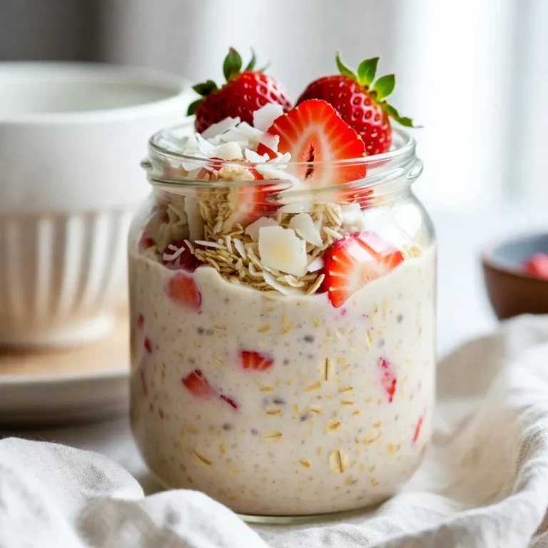 - 1 cup rolled oats - 1 cup coconut milk - 1/2 cup Greek yogurt - 1 cup fresh strawberries - 2 tablespoons shredded coconut - 1 tablespoon honey or maple syrup - 1/2 teaspoon vanilla extract - A pinch of salt You need simple ingredients to make Strawberry Coconut Overnight Oats. Each ingredient adds flavor and texture. Rolled oats are the base. They soak up flavors and become soft overnight. Coconut milk gives a creamy texture. You can use canned or carton coconut milk. Greek yogurt adds protein and tanginess. Fresh strawberries bring sweetness and freshness. Shredded coconut adds a delightful crunch. Honey or maple syrup is optional for sweetness. A dash of vanilla extract enhances the taste. Lastly, a pinch of salt balances all the flavors. - Extra strawberries - Shredded coconut - Mint leaves Toppings elevate your dish. You can add extra strawberries for more fruitiness. Shredded coconut adds even more texture. Fresh mint leaves can bring a refreshing touch. Feel free to get creative with your toppings! Each choice makes your breakfast feel special and bright. {{ingredient_image_2}} Start by taking a medium bowl. Add 1 cup of rolled oats. Next, pour in 1 cup of coconut milk. Then, add 1/2 cup of Greek yogurt. If you like some sweetness, mix in 1 tablespoon of honey or maple syrup. Now, add 1/2 teaspoon of pure vanilla extract and a pinch of salt. Stir everything well until the oats are fully coated. Now it’s time for the strawberries. Take 1 cup of fresh strawberries and slice them. Gently fold the sliced strawberries into the oat mixture. Make sure they spread evenly. This way, you get strawberry goodness in every bite. Grab two mason jars or airtight containers. Divide the oat mixture into the jars. As you fill them, press down a bit to make it compact. Finally, sprinkle 2 tablespoons of shredded coconut on top of each jar. This adds a nice crunch! Seal each jar tightly. Place them in the fridge overnight. If you’re in a hurry, let them sit for at least 4 hours. This waiting time lets the oats soak up the coconut milk and become soft. When you wake up, take the jars out of the fridge. Give the oats a good stir. If you want them creamier, add a splash of coconut milk. For a lovely finish, top with extra sliced strawberries and a sprinkle of shredded coconut. Enjoy your tasty breakfast! To get the perfect creamy texture, adjust the amount of coconut milk. If you like it thicker, add less milk. For a thinner mix, just add more. Let your oats sit longer for the best absorption. A full night in the fridge works wonders! You can play with different sweeteners. Try maple syrup for a unique taste. You might also want to use flavored yogurt. Coconut-flavored yogurt adds a tropical vibe that fits perfectly with the dish. Serve your oats in mason jars for a cute look. You can also use stylish bowls for a more elegant touch. Add mint leaves on top for a pop of color and freshness. This simple garnish makes your breakfast feel special. Pro Tips Use Quality Ingredients: Opt for fresh, ripe strawberries for the best flavor. The quality of your ingredients directly impacts the taste of your overnight oats. Experiment with Flavors: Feel free to mix in different fruits or nuts according to your preference. Bananas, blueberries, or almonds can elevate the dish to a whole new level. Make It Vegan: Substitute Greek yogurt with a plant-based yogurt alternative to make this recipe fully vegan while still enjoying the creamy texture. Prep in Batches: Double or triple the recipe and store in multiple jars for an easy grab-and-go breakfast throughout the week. {{image_4}} You can switch out strawberries for other fruits. Blueberries add a nice pop of color and flavor. Bananas bring a creamy sweetness. If you want a tropical twist, try mango or pineapple. These fruits mix well with coconut and oats. If you prefer non-dairy, you have options. Almond milk or oat milk can replace coconut milk. They provide a light flavor, making your oats smooth. For yogurt, use non-dairy varieties. Coconut yogurt keeps that tropical vibe while being vegan. Boost the nutrition of your oats easily. Chia seeds or flaxseeds add fiber and omega-3s. They help you feel full longer. You can also mix in nuts or seeds for crunch. Almonds or pumpkin seeds add nice texture and flavor. You should eat your strawberry coconut overnight oats within 3 days. This keeps them fresh and tasty. To help with flavor and texture, always keep the jars sealed. If you open them, the oats may dry out or lose their yummy taste. You can freeze your overnight oats for longer storage. They will stay good for up to 2 months. When you're ready to enjoy them, just thaw the jars in the refrigerator overnight. This makes sure they stay smooth and delicious when you eat them! Yes, you can make these overnight oats the night before. You can even prepare them for multiple days ahead. Simply store them in the fridge, and they will stay fresh. This makes breakfast easy and quick. You can use quick oats, but they may change the texture. Quick oats absorb liquid faster, so the oats may be softer. If you prefer a chewier bite, stick with rolled oats. To adjust the sweetness, change the amount of honey or use a different sweetener. You can use less honey for a less sweet taste or more for a sweeter dish. Try maple syrup or a sugar substitute if you like. Serve these overnight oats chilled for a quick breakfast. You can also enjoy them as a snack. Top with extra strawberries and coconut for added flavor and a nice look. You now have a simple guide to making delicious overnight oats. We covered the key ingredients, step-by-step instructions, and tips for the perfect texture and flavor. Feel free to try different fruits and toppings to suit your taste. Remember to adjust the sweetness and enjoy your creation within three days. Whether you store them in the fridge or freeze for later, these oats are a great choice. So, grab your ingredients and make your mornings easier and tastier!