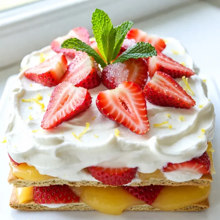 To make your Strawberry Lemon Icebox Cake, gather these fresh ingredients: - 2 cups fresh strawberries, hulls removed and sliced - 1 cup tangy lemon curd - 2 cups heavy whipping cream - 1/2 cup powdered sugar (plus an extra tablespoon for strawberries) - 1 teaspoon pure vanilla extract - Zest of 1 lemon (about 1 tablespoon) - Fresh mint leaves for garnish These ingredients bring bright flavors and textures to your cake. The strawberries add sweetness, while the lemon curd brings a nice zing. You will need some basic kitchen tools: - A medium mixing bowl - A large mixing bowl - An electric mixer - A serving platter - A spatula - Plastic wrap These tools help you mix, whip, layer, and serve your cake with ease. Not all ingredients need to be set in stone. Here are a few ideas for swaps: - Use other berries like blueberries or raspberries for a different flavor. - Try using whipped coconut cream for a dairy-free option. - If you don’t have lemon curd, make a simple lemon mousse instead. These substitutions can change the taste or make it fit your needs, while still keeping it delicious! {{ingredient_image_2}} Start by slicing the fresh strawberries. Remove the hulls first. Place them in a bowl. Add one tablespoon of powdered sugar. Gently toss the strawberries to coat them. This helps bring out their sweetness. Let them sit for 10-15 minutes. You will see a lovely syrup form at the bottom. This syrup adds flavor to your cake. In a large bowl, pour in the heavy whipping cream. Add the remaining half cup of powdered sugar. Next, add the vanilla extract and lemon zest. Using an electric mixer, whip the mixture on high speed. It takes about 2-3 minutes to reach stiff peaks. Be careful not to over-whip. If you do, the cream may become grainy. On a serving platter, lay out a single layer of graham crackers. Ensure they cover the bottom completely. Next, spread a layer of lemon curd on top of the crackers. Use a spatula to smooth it out evenly. Then, add a generous layer of the whipped cream mixture. Spread it evenly across the surface. Now, take half of the macerated strawberries. Arrange them over the whipped cream layer. Let some syrup puddle for added flavor. Repeat the layering. Add another layer of graham crackers, followed by lemon curd and whipped cream. Top this with the remaining strawberries. Finally, add a last layer of whipped cream on top. Smooth it out nicely. You can create peaks for a fancy look. Cover the cake with plastic wrap. Chill it in the fridge for at least four hours. If you can, chill it overnight. This helps the graham crackers soften and absorb moisture. To make good whipped cream, start cold. Chill your mixing bowl and beaters before use. Use heavy whipping cream for the best results. Add powdered sugar and vanilla for flavor. Beat until stiff peaks form, which takes about 2-3 minutes. Avoid over-whipping, or it may turn grainy. Perfect whipped cream makes a big difference in your cake. Lemon zest is a game-changer for this cake. Use a microplane to grate the lemon peel, avoiding the bitter white pith. The zest adds a bright, fresh taste that pairs well with strawberries. Mix the zest into your whipped cream for an extra zing. It enhances the lemon curd too, making flavors pop. Presentation matters for your icebox cake. After chilling, smooth the top layer of whipped cream. Create peaks for a fun look. Scatter fresh mint leaves on top for color and aroma. A sprinkle of lemon zest adds a nice touch. Cut neat slices for serving, showing off those beautiful layers. These steps will impress your guests! Pro Tips Perfect Whipped Cream: To achieve the best whipped cream, make sure your mixing bowl and beaters are chilled. This helps the cream whip faster and increases volume. Macerating Strawberries: Allowing the strawberries to sit with sugar for longer than 15 minutes can enhance the syrupiness. You can macerate them for up to an hour for a richer flavor. Layering Technique: For a more visually appealing cake, alternate your layering by spreading lemon curd and whipped cream in a zig-zag pattern. This adds a beautiful marbled effect to each slice. Chilling Time: If possible, chill the cake overnight. This not only allows the flavors to meld together beautifully but also ensures that the graham crackers soften perfectly. {{image_4}} You can switch up the strawberries in this cake. Use any fresh fruit you like. Blueberries, raspberries, or peaches work great. Each fruit adds its own flavor. Mix and match to find your favorite. If using other berries, be sure to adjust the sugar. Some fruits are sweeter, while others need a bit more sugar. Try different combos for a fun twist! If you want a lighter version, use Greek yogurt instead of heavy cream. It gives a nice tang and cuts some fat. You can also use coconut cream for a dairy-free option. Just chill it well before whipping. This makes it fluffy and creamy like the original. No matter what you choose, the cake stays delicious and fresh. For a gluten-free option, you can find gluten-free graham crackers at many stores. They taste similar to regular ones. If you can’t find them, crush gluten-free cookies to use instead. Just make sure they are sweet and firm. This way, you can enjoy this tasty dessert without worry. Your guests will love it! To keep your Strawberry Lemon Icebox Cake fresh, store it in the fridge. Cover it well with plastic wrap. This helps to keep the moisture in and prevents other odors from the fridge from affecting the cake. It can stay fresh for up to three days in the fridge. You can freeze your Strawberry Lemon Icebox Cake if you want to enjoy it later. First, cut the cake into slices. Wrap each slice in plastic wrap tightly. Then put the wrapped slices in an airtight container or a freezer bag. The cake can last up to two months in the freezer. Just remember to thaw it in the fridge before serving. For any leftover cake, follow the same refrigeration guidelines. Place any uneaten pieces in a container with a lid. Be sure to enjoy your leftovers within three days for the best taste and texture. If you freeze leftovers, label the container with the date to keep track of freshness. Yes, you can use store-bought lemon curd. It saves time and is tasty. Just make sure it is fresh and of good quality. This helps your cake taste great without extra effort. Also, if you want, you can try making your own lemon curd. It’s simple and lets you control the flavors. The cake lasts about 3 to 5 days in the fridge. Make sure to cover it well with plastic wrap. The graham crackers will soften, making it easier to cut and serve. This dessert stays fresh and delicious, so enjoy it within that time! Yes, you can make this dessert ahead of time! It is best to prepare it a day before you plan to serve it. This allows the flavors to blend well. Plus, the graham crackers will have time to soak up the moisture. Just remember to chill it for at least 4 hours before serving. This blog post covered everything you need for a delicious dessert. We talked about fresh ingredients, the right tools, and smart swaps. Next, I shared easy steps for preparing strawberries, whipping cream, and layering the cake. You learned tips for perfect textures, flavor boosts, and great looks. I also explored fun variations and how to store leftovers. In closing, making this treat can be simple and fun. Try it out to impress family and friends!