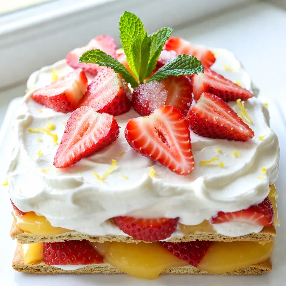 To make your Strawberry Lemon Icebox Cake, gather these fresh ingredients: - 2 cups fresh strawberries, hulls removed and sliced - 1 cup tangy lemon curd - 2 cups heavy whipping cream - 1/2 cup powdered sugar (plus an extra tablespoon for strawberries) - 1 teaspoon pure vanilla extract - Zest of 1 lemon (about 1 tablespoon) - Fresh mint leaves for garnish These ingredients bring bright flavors and textures to your cake. The strawberries add sweetness, while the lemon curd brings a nice zing. You will need some basic kitchen tools: - A medium mixing bowl - A large mixing bowl - An electric mixer - A serving platter - A spatula - Plastic wrap These tools help you mix, whip, layer, and serve your cake with ease. Not all ingredients need to be set in stone. Here are a few ideas for swaps: - Use other berries like blueberries or raspberries for a different flavor. - Try using whipped coconut cream for a dairy-free option. - If you don’t have lemon curd, make a simple lemon mousse instead. These substitutions can change the taste or make it fit your needs, while still keeping it delicious! {{ingredient_image_2}} Start by slicing the fresh strawberries. Remove the hulls first. Place them in a bowl. Add one tablespoon of powdered sugar. Gently toss the strawberries to coat them. This helps bring out their sweetness. Let them sit for 10-15 minutes. You will see a lovely syrup form at the bottom. This syrup adds flavor to your cake. In a large bowl, pour in the heavy whipping cream. Add the remaining half cup of powdered sugar. Next, add the vanilla extract and lemon zest. Using an electric mixer, whip the mixture on high speed. It takes about 2-3 minutes to reach stiff peaks. Be careful not to over-whip. If you do, the cream may become grainy. On a serving platter, lay out a single layer of graham crackers. Ensure they cover the bottom completely. Next, spread a layer of lemon curd on top of the crackers. Use a spatula to smooth it out evenly. Then, add a generous layer of the whipped cream mixture. Spread it evenly across the surface. Now, take half of the macerated strawberries. Arrange them over the whipped cream layer. Let some syrup puddle for added flavor. Repeat the layering. Add another layer of graham crackers, followed by lemon curd and whipped cream. Top this with the remaining strawberries. Finally, add a last layer of whipped cream on top. Smooth it out nicely. You can create peaks for a fancy look. Cover the cake with plastic wrap. Chill it in the fridge for at least four hours. If you can, chill it overnight. This helps the graham crackers soften and absorb moisture. To make good whipped cream, start cold. Chill your mixing bowl and beaters before use. Use heavy whipping cream for the best results. Add powdered sugar and vanilla for flavor. Beat until stiff peaks form, which takes about 2-3 minutes. Avoid over-whipping, or it may turn grainy. Perfect whipped cream makes a big difference in your cake. Lemon zest is a game-changer for this cake. Use a microplane to grate the lemon peel, avoiding the bitter white pith. The zest adds a bright, fresh taste that pairs well with strawberries. Mix the zest into your whipped cream for an extra zing. It enhances the lemon curd too, making flavors pop. Presentation matters for your icebox cake. After chilling, smooth the top layer of whipped cream. Create peaks for a fun look. Scatter fresh mint leaves on top for color and aroma. A sprinkle of lemon zest adds a nice touch. Cut neat slices for serving, showing off those beautiful layers. These steps will impress your guests! Pro Tips Perfect Whipped Cream: To achieve the best whipped cream, make sure your mixing bowl and beaters are chilled. This helps the cream whip faster and increases volume. Macerating Strawberries: Allowing the strawberries to sit with sugar for longer than 15 minutes can enhance the syrupiness. You can macerate them for up to an hour for a richer flavor. Layering Technique: For a more visually appealing cake, alternate your layering by spreading lemon curd and whipped cream in a zig-zag pattern. This adds a beautiful marbled effect to each slice. Chilling Time: If possible, chill the cake overnight. This not only allows the flavors to meld together beautifully but also ensures that the graham crackers soften perfectly. {{image_4}} You can switch up the strawberries in this cake. Use any fresh fruit you like. Blueberries, raspberries, or peaches work great. Each fruit adds its own flavor. Mix and match to find your favorite. If using other berries, be sure to adjust the sugar. Some fruits are sweeter, while others need a bit more sugar. Try different combos for a fun twist! If you want a lighter version, use Greek yogurt instead of heavy cream. It gives a nice tang and cuts some fat. You can also use coconut cream for a dairy-free option. Just chill it well before whipping. This makes it fluffy and creamy like the original. No matter what you choose, the cake stays delicious and fresh. For a gluten-free option, you can find gluten-free graham crackers at many stores. They taste similar to regular ones. If you can’t find them, crush gluten-free cookies to use instead. Just make sure they are sweet and firm. This way, you can enjoy this tasty dessert without worry. Your guests will love it! To keep your Strawberry Lemon Icebox Cake fresh, store it in the fridge. Cover it well with plastic wrap. This helps to keep the moisture in and prevents other odors from the fridge from affecting the cake. It can stay fresh for up to three days in the fridge. You can freeze your Strawberry Lemon Icebox Cake if you want to enjoy it later. First, cut the cake into slices. Wrap each slice in plastic wrap tightly. Then put the wrapped slices in an airtight container or a freezer bag. The cake can last up to two months in the freezer. Just remember to thaw it in the fridge before serving. For any leftover cake, follow the same refrigeration guidelines. Place any uneaten pieces in a container with a lid. Be sure to enjoy your leftovers within three days for the best taste and texture. If you freeze leftovers, label the container with the date to keep track of freshness. Yes, you can use store-bought lemon curd. It saves time and is tasty. Just make sure it is fresh and of good quality. This helps your cake taste great without extra effort. Also, if you want, you can try making your own lemon curd. It’s simple and lets you control the flavors. The cake lasts about 3 to 5 days in the fridge. Make sure to cover it well with plastic wrap. The graham crackers will soften, making it easier to cut and serve. This dessert stays fresh and delicious, so enjoy it within that time! Yes, you can make this dessert ahead of time! It is best to prepare it a day before you plan to serve it. This allows the flavors to blend well. Plus, the graham crackers will have time to soak up the moisture. Just remember to chill it for at least 4 hours before serving. This blog post covered everything you need for a delicious dessert. We talked about fresh ingredients, the right tools, and smart swaps. Next, I shared easy steps for preparing strawberries, whipping cream, and layering the cake. You learned tips for perfect textures, flavor boosts, and great looks. I also explored fun variations and how to store leftovers. In closing, making this treat can be simple and fun. Try it out to impress family and friends!