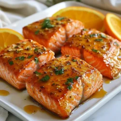 - 4 salmon fillets (6 oz each) - 1/2 cup freshly squeezed orange juice - Zest of 1 large orange - 2 tablespoons low-sodium soy sauce - 1 tablespoon honey - 1 tablespoon extra virgin olive oil - 1 teaspoon fresh ginger, finely grated - 2 cloves garlic, minced - Salt and freshly ground black pepper to taste These ingredients will create a tasty and vibrant glaze for your salmon. Fresh orange juice and zest provide a bright flavor. Honey adds a hint of sweetness, while ginger and garlic bring warmth. The soy sauce gives depth and umami to the dish. - Fresh cilantro or parsley, finely chopped, for garnish - Thinly sliced orange rounds, for garnish - Steamed vegetables or a light salad as a side - A sprinkle of sesame seeds for added crunch Garnishing your dish will make it look even better. Fresh herbs add color and flavor, while orange rounds enhance the citrus note. For sides, steamed veggies or salad keep the meal light and fresh. - Calories: 320 - Protein: 30g - Fat: 15g - Carbohydrates: 10g - Fiber: 1g - Sugar: 6g This dish is not only delicious but also packed with nutrients. Salmon provides healthy fats and protein. The orange juice adds vitamins, making this meal both tasty and good for you. {{ingredient_image_2}} To make the orange glaze, I start with a medium bowl. I add 1/2 cup of freshly squeezed orange juice. Then, I include the zest of one large orange. Next, I pour in 2 tablespoons of low-sodium soy sauce. This adds a nice salty flavor. I then mix in 1 tablespoon of honey for sweetness. After that, I add 1 tablespoon of extra virgin olive oil for richness. Now, I grate 1 teaspoon of fresh ginger and add it to the bowl. Finally, I mince 2 cloves of garlic and toss them in too. I whisk everything until it is smooth and well mixed. I take 4 salmon fillets and place them in a shallow dish. I sprinkle salt and freshly ground black pepper on both sides. I want each fillet to be well-seasoned. Next, I pour half of the orange glaze over the salmon. It’s important to coat each piece evenly. I cover the dish and place it in the fridge. I let it marinate for at least 15 minutes. This step adds great flavor to the fish. While the salmon marinates, I preheat my oven to 400°F (200°C). I prepare a baking sheet by lining it with parchment paper. This helps prevent sticking. After marinating, I take the salmon out of the fridge. I place the fillets skin side down on the baking sheet. I generously brush the top of each fillet with the remaining orange glaze. This will create a yummy topping as it cooks. Next, I put the baking sheet in the preheated oven. I bake the salmon for about 12 to 15 minutes. I know it’s done when it flakes easily with a fork. For an extra touch, I switch the oven to broil for the last 2-3 minutes. I watch it closely to avoid burning. After baking, I let the salmon rest for a few minutes. This helps keep it juicy. Then, I serve the salmon on plates. I garnish it with fresh cilantro or parsley and thinly sliced orange rounds. I drizzle any leftover glaze over the top for more flavor. When picking salmon, look for vibrant color. Fresh salmon should have a bright pink or orange hue. The flesh should feel firm and spring back when you press it. Avoid any fillets with a dull color or brown spots. Check for a clean, fresh smell. It should smell like the ocean, not fishy. If possible, buy wild-caught salmon for better taste and health benefits. One common mistake is overcooking the salmon. Salmon cooks quickly, so watch it closely. Stick to 12-15 minutes in the oven. You can check if it’s done by using a fork to see if it flakes easily. Another mistake is not seasoning enough. A little salt and pepper enhance its flavor. Don’t skip marinating; it adds depth to the dish. To get a great glaze, mix the ingredients well. Combine fresh orange juice, zest, soy sauce, honey, olive oil, ginger, and garlic. Let it marinate with the salmon for at least 15 minutes. This allows the flavors to soak in. When baking, brush the salmon with glaze for a shiny finish. For an extra caramelized look, broil it for a few minutes at the end. Pro Tips Marinate for Maximum Flavor: Allow the salmon to marinate for at least 30 minutes if time permits. This will enhance the flavors of the orange glaze and make the salmon more tender. Choose Fresh Ingredients: For the best taste, use freshly squeezed orange juice and fresh ginger. The vibrant flavors will elevate your dish significantly. Check for Doneness: To ensure your salmon is perfectly cooked, use a fork to check if it flakes easily. Overcooking can dry out the salmon, so keep an eye on it! Experiment with Garnishes: Feel free to add other garnishes like chopped nuts or a sprinkle of chili flakes for a bit of heat. This can add both texture and flavor to your dish. {{image_4}} You can switch up the glaze for a fresh twist. Try using lime juice instead of orange juice. This gives your salmon a different tang. If you want a spicy kick, add a pinch of red pepper flakes. You can also swap honey with maple syrup for a unique flavor. Grilling is a fun way to cook salmon. It adds a smoky taste and nice grill marks. To grill, preheat your grill and cook the fillets for about 6-8 minutes on each side. If you prefer pan-searing, heat olive oil in a skillet. Cook the salmon skin-side down for 4-5 minutes, then flip and cook for another 4-5 minutes. Both methods enhance the glaze. For sides, consider steamed broccoli or roasted asparagus. These veggies complement the glaze well. A light salad with mixed greens, avocado, and a citrus vinaigrette is refreshing. You can also add quinoa or brown rice for a filling meal. These pairings balance the sweet and savory notes of the salmon. After enjoying your orange glazed salmon, store leftovers in an airtight container. Make sure to let the salmon cool down before sealing it. Place it in the fridge. Use it within two days for the best taste and safety. If you see any signs of spoilage, don’t eat it. To reheat the salmon, use an oven or microwave. If using an oven, preheat it to 275°F (135°C). Place the salmon on a baking sheet and cover it with foil. Heat for about 15 minutes. If using a microwave, put the salmon on a microwave-safe plate. Heat it for 30 seconds at a time until warm. Avoid overheating, as it can dry out the fish. You can freeze orange glazed salmon if you want to save it for later. Wrap each fillet tightly in plastic wrap. Then, place them in a freezer bag or container. Make sure to remove as much air as possible. Label the bag with the date. Use the salmon within three months for the best flavor. To thaw, place it in the fridge overnight before reheating or cooking. Yes, you can use frozen salmon. Just make sure to thaw it first. Place it in the fridge overnight or let it sit in cold water for 30 minutes. Once thawed, pat the salmon dry with a paper towel. This helps the glaze stick better. If you want to swap out honey, try maple syrup or agave nectar. Both options add sweetness without changing the flavor too much. You can also use brown sugar dissolved in a bit of warm water. Remember to adjust the amount to taste. To check if salmon is done, look for a few signs. The fish should flake easily with a fork. The color should change from bright pink to a more opaque shade. The internal temperature should reach 145°F (63°C). Use a food thermometer for accuracy. This blog covered how to make delicious orange glazed salmon. We talked about key ingredients, marinating, and baking. I shared tips for picking fresh salmon and avoiding common mistakes. You learned about different cooking methods and pairing ideas. I also included storage tips and answered common questions. Enjoy preparing this dish that brings flavor and nutrition to your table! Simple steps lead to great meals. Dive into cooking with confidence!