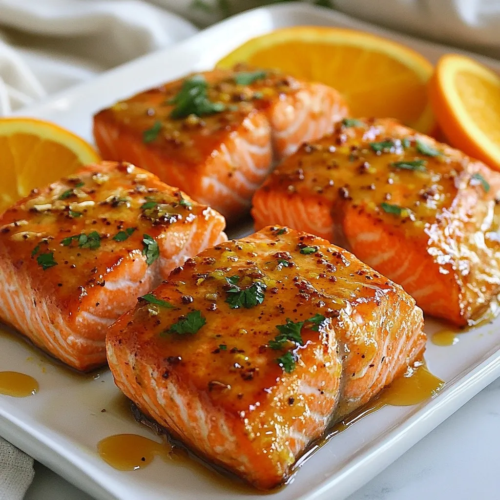 - 4 salmon fillets (6 oz each) - 1/2 cup freshly squeezed orange juice - Zest of 1 large orange - 2 tablespoons low-sodium soy sauce - 1 tablespoon honey - 1 tablespoon extra virgin olive oil - 1 teaspoon fresh ginger, finely grated - 2 cloves garlic, minced - Salt and freshly ground black pepper to taste These ingredients will create a tasty and vibrant glaze for your salmon. Fresh orange juice and zest provide a bright flavor. Honey adds a hint of sweetness, while ginger and garlic bring warmth. The soy sauce gives depth and umami to the dish. - Fresh cilantro or parsley, finely chopped, for garnish - Thinly sliced orange rounds, for garnish - Steamed vegetables or a light salad as a side - A sprinkle of sesame seeds for added crunch Garnishing your dish will make it look even better. Fresh herbs add color and flavor, while orange rounds enhance the citrus note. For sides, steamed veggies or salad keep the meal light and fresh. - Calories: 320 - Protein: 30g - Fat: 15g - Carbohydrates: 10g - Fiber: 1g - Sugar: 6g This dish is not only delicious but also packed with nutrients. Salmon provides healthy fats and protein. The orange juice adds vitamins, making this meal both tasty and good for you. {{ingredient_image_2}} To make the orange glaze, I start with a medium bowl. I add 1/2 cup of freshly squeezed orange juice. Then, I include the zest of one large orange. Next, I pour in 2 tablespoons of low-sodium soy sauce. This adds a nice salty flavor. I then mix in 1 tablespoon of honey for sweetness. After that, I add 1 tablespoon of extra virgin olive oil for richness. Now, I grate 1 teaspoon of fresh ginger and add it to the bowl. Finally, I mince 2 cloves of garlic and toss them in too. I whisk everything until it is smooth and well mixed. I take 4 salmon fillets and place them in a shallow dish. I sprinkle salt and freshly ground black pepper on both sides. I want each fillet to be well-seasoned. Next, I pour half of the orange glaze over the salmon. It’s important to coat each piece evenly. I cover the dish and place it in the fridge. I let it marinate for at least 15 minutes. This step adds great flavor to the fish. While the salmon marinates, I preheat my oven to 400°F (200°C). I prepare a baking sheet by lining it with parchment paper. This helps prevent sticking. After marinating, I take the salmon out of the fridge. I place the fillets skin side down on the baking sheet. I generously brush the top of each fillet with the remaining orange glaze. This will create a yummy topping as it cooks. Next, I put the baking sheet in the preheated oven. I bake the salmon for about 12 to 15 minutes. I know it’s done when it flakes easily with a fork. For an extra touch, I switch the oven to broil for the last 2-3 minutes. I watch it closely to avoid burning. After baking, I let the salmon rest for a few minutes. This helps keep it juicy. Then, I serve the salmon on plates. I garnish it with fresh cilantro or parsley and thinly sliced orange rounds. I drizzle any leftover glaze over the top for more flavor. When picking salmon, look for vibrant color. Fresh salmon should have a bright pink or orange hue. The flesh should feel firm and spring back when you press it. Avoid any fillets with a dull color or brown spots. Check for a clean, fresh smell. It should smell like the ocean, not fishy. If possible, buy wild-caught salmon for better taste and health benefits. One common mistake is overcooking the salmon. Salmon cooks quickly, so watch it closely. Stick to 12-15 minutes in the oven. You can check if it’s done by using a fork to see if it flakes easily. Another mistake is not seasoning enough. A little salt and pepper enhance its flavor. Don’t skip marinating; it adds depth to the dish. To get a great glaze, mix the ingredients well. Combine fresh orange juice, zest, soy sauce, honey, olive oil, ginger, and garlic. Let it marinate with the salmon for at least 15 minutes. This allows the flavors to soak in. When baking, brush the salmon with glaze for a shiny finish. For an extra caramelized look, broil it for a few minutes at the end. Pro Tips Marinate for Maximum Flavor: Allow the salmon to marinate for at least 30 minutes if time permits. This will enhance the flavors of the orange glaze and make the salmon more tender. Choose Fresh Ingredients: For the best taste, use freshly squeezed orange juice and fresh ginger. The vibrant flavors will elevate your dish significantly. Check for Doneness: To ensure your salmon is perfectly cooked, use a fork to check if it flakes easily. Overcooking can dry out the salmon, so keep an eye on it! Experiment with Garnishes: Feel free to add other garnishes like chopped nuts or a sprinkle of chili flakes for a bit of heat. This can add both texture and flavor to your dish. {{image_4}} You can switch up the glaze for a fresh twist. Try using lime juice instead of orange juice. This gives your salmon a different tang. If you want a spicy kick, add a pinch of red pepper flakes. You can also swap honey with maple syrup for a unique flavor. Grilling is a fun way to cook salmon. It adds a smoky taste and nice grill marks. To grill, preheat your grill and cook the fillets for about 6-8 minutes on each side. If you prefer pan-searing, heat olive oil in a skillet. Cook the salmon skin-side down for 4-5 minutes, then flip and cook for another 4-5 minutes. Both methods enhance the glaze. For sides, consider steamed broccoli or roasted asparagus. These veggies complement the glaze well. A light salad with mixed greens, avocado, and a citrus vinaigrette is refreshing. You can also add quinoa or brown rice for a filling meal. These pairings balance the sweet and savory notes of the salmon. After enjoying your orange glazed salmon, store leftovers in an airtight container. Make sure to let the salmon cool down before sealing it. Place it in the fridge. Use it within two days for the best taste and safety. If you see any signs of spoilage, don’t eat it. To reheat the salmon, use an oven or microwave. If using an oven, preheat it to 275°F (135°C). Place the salmon on a baking sheet and cover it with foil. Heat for about 15 minutes. If using a microwave, put the salmon on a microwave-safe plate. Heat it for 30 seconds at a time until warm. Avoid overheating, as it can dry out the fish. You can freeze orange glazed salmon if you want to save it for later. Wrap each fillet tightly in plastic wrap. Then, place them in a freezer bag or container. Make sure to remove as much air as possible. Label the bag with the date. Use the salmon within three months for the best flavor. To thaw, place it in the fridge overnight before reheating or cooking. Yes, you can use frozen salmon. Just make sure to thaw it first. Place it in the fridge overnight or let it sit in cold water for 30 minutes. Once thawed, pat the salmon dry with a paper towel. This helps the glaze stick better. If you want to swap out honey, try maple syrup or agave nectar. Both options add sweetness without changing the flavor too much. You can also use brown sugar dissolved in a bit of warm water. Remember to adjust the amount to taste. To check if salmon is done, look for a few signs. The fish should flake easily with a fork. The color should change from bright pink to a more opaque shade. The internal temperature should reach 145°F (63°C). Use a food thermometer for accuracy. This blog covered how to make delicious orange glazed salmon. We talked about key ingredients, marinating, and baking. I shared tips for picking fresh salmon and avoiding common mistakes. You learned about different cooking methods and pairing ideas. I also included storage tips and answered common questions. Enjoy preparing this dish that brings flavor and nutrition to your table! Simple steps lead to great meals. Dive into cooking with confidence!