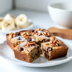 - 2 ripe bananas, thoroughly mashed - 1/2 cup unsalted butter, melted and slightly cooled - 1 cup firmly packed brown sugar - 1 large egg, at room temperature - 1 teaspoon pure vanilla extract - 1 cup all-purpose flour, sifted - 1/2 teaspoon baking soda - 1/4 teaspoon fine salt The key to great banana bread blondies is ripe bananas. They bring natural sweetness and moisture. I always mash them well for a smooth mixture. Next, I use unsalted butter. It adds richness without extra salt. Brown sugar gives the blondies a soft texture and a deep flavor. The egg adds structure and binds everything together. For extra flavor, I add pure vanilla extract. It makes a big difference. I sift the flour, baking soda, and salt together. This step helps the blondies rise nicely and stay soft. - 1/2 cup chopped walnuts (optional for added crunch) - 1/2 cup semi-sweet chocolate chips You can add chopped walnuts for a nice crunch. They pair well with the soft blondies. If you love chocolate, semi-sweet chocolate chips are a must. They melt slightly in the oven and add a sweet touch. You can mix and match these ingredients based on your taste! {{ingredient_image_2}} First, preheat your oven to 350&deg;F. This is key for even baking. Next, grab an 8x8 inch baking dish. Grease it lightly or line it with parchment paper. This helps to release the blondies later. In a large bowl, add the melted butter and mashed bananas. Use a fork or whisk to mix them well. Once smooth, add the brown sugar. Stir until it blends nicely. Now, add the egg and vanilla extract. Mix until everything is well combined. In another bowl, sift the all-purpose flour, baking soda, and salt. Sifting helps to mix the dry ingredients well. Next, fold the dry mix into the wet ingredients. Use a spatula and mix gently. Be careful not to overmix; this keeps the blondies soft. If you like, fold in chopped walnuts and chocolate chips now. This adds flavor and texture. Make sure they are spread evenly throughout the batter. Pour the batter into the greased baking dish. Use a spatula to spread it out evenly. Bake in the preheated oven for 25-30 minutes. To check if they are done, insert a toothpick in the center. It should come out clean or with a few moist crumbs. After baking, take the blondies out of the oven. Let them cool in the pan for about 15 minutes. This helps them set. Then, transfer them to a wire rack to cool completely. Once cooled, cut them into squares. Enjoy these tasty treats! To make the best banana bread blondies, focus on a few key areas. - Avoiding overmixing: When you mix the wet and dry ingredients, do it gently. Use a spatula and fold the batter just until it is mixed. Overmixing makes the blondies tough, not soft. - Ensuring even baking: Spread the batter evenly in the baking dish. This helps them cook at the same rate. Keep an eye on your oven temperature. An oven thermometer can help if your oven runs hot or cold. Sometimes, baking can throw surprises. Here&rsquo;s how to handle common problems. - Solving undercooked blondies: If your blondies are gooey in the center, bake them a few more minutes. Check with a toothpick. It should come out clean or with a few moist crumbs. - Preventing dry blondies: Dry blondies can happen if you bake too long. Always set a timer for 25 minutes. If they look golden brown, check them early. You want them soft and chewy, not dry. Pro Tips Use Very Ripe Bananas: The riper the bananas, the sweeter and more flavorful your blondies will be. Look for bananas that are heavily speckled or almost brown for the best results. Don&rsquo;t Overmix the Batter: To achieve a chewy texture, mix the ingredients just until combined. Overmixing can make the blondies tough and dense. Check for Doneness Early: Ovens can vary, so start checking your blondies a few minutes before the recommended baking time. They should be set around the edges but slightly soft in the center. Experiment with Mix-Ins: Feel free to customize your blondies by adding different mix-ins like dried fruits, nuts, or even swirls of peanut butter for added flavor! {{image_4}} Adding spices can elevate your banana bread blondies. A sprinkle of cinnamon gives warmth and depth. Nutmeg also adds a nice twist. If you enjoy a sweeter treat, consider swapping semi-sweet chocolate chips for white chocolate. This change makes the blondies richer and creamier. If you need gluten-free options, use almond flour or a gluten-free blend. Both will work well in this recipe. For a vegan version, replace the egg with a flax egg. Simply mix one tablespoon of ground flaxseed with three tablespoons of water. Let it sit for a few minutes until it thickens. You can also use coconut oil instead of butter for a dairy-free option. These swaps keep the blondies tasty while fitting various diets. To keep your banana bread blondies fresh, store them in an airtight container. If you keep them at room temperature, they stay soft for up to four days. Just make sure they are cool before you seal them up. If you live in a hot climate, you might want to refrigerate them. This keeps the blondies from getting too warm and sticky. Just remember, the texture may change slightly in the fridge. Freezing is a great way to enjoy blondies later. To freeze them, first cut the blondies into squares. Wrap each piece in plastic wrap. Then, place them in a freezer bag or container. This keeps them safe from freezer burn. They can stay good for up to three months. When you are ready to eat them, just take a piece out. Let it thaw in the fridge overnight or at room temperature for a few hours. You can also warm them in the microwave for a quick treat! If you want to skip eggs, you can use different options. Applesauce is a great choice. Use 1/4 cup of unsweetened applesauce for one egg. You can also use mashed banana, about 1/4 cup. This will keep the banana flavor strong. Another option is ground flaxseed. Mix 1 tablespoon of flaxseed with 2.5 tablespoons of water. Let it sit for a few minutes until it thickens. This mix works well in many baked goods. All these substitutes keep your blondies moist and tasty. To check if your blondies are ready, use the toothpick test. Insert a toothpick into the center of the blondies. If it comes out clean or with a few moist crumbs, they are done. If it has wet batter, they need more time. Keep an eye on them as they bake. Usually, this takes about 25 to 30 minutes. Overbaking can make them dry, so check early! Yes, you can make the blondies ahead of time. They taste great after resting a day. Bake them and let them cool completely. Then, store them in an airtight container. You can keep them at room temperature for about three days. If you want to store them longer, freeze them! Cut the blondies into squares and wrap them well. They can stay in the freezer for up to three months. When you're ready, thaw them overnight in the fridge or at room temperature. Enjoy! In this article, we explored making delicious banana bread blondies. We covered essential and optional ingredients, step-by-step baking instructions, and helpful tips. I shared ways to customize flavors and ingredients to fit your needs. Proper storage methods ensure your blondies stay fresh. Remember, baking can be fun and easy. With these steps, you can enjoy tasty blondies every time. Happy baking!