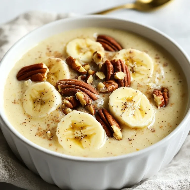 - 1 frozen banana - 1 cup unsweetened almond milk - 1/2 cup Greek yogurt These three items form the base of the eggnog smoothie bowl. The frozen banana adds a creamy texture. Unsweetened almond milk keeps it light. Greek yogurt gives a rich taste and protein boost. - 1 teaspoon pure vanilla extract - 1/2 teaspoon ground nutmeg - 1/4 teaspoon ground cinnamon These flavors make the smoothie feel festive. Pure vanilla extract adds warmth. Ground nutmeg and cinnamon bring that classic eggnog taste. Each spice enhances the creamy base for a delightful experience. - 1 tablespoon maple syrup - 1/4 cup old-fashioned oats - Suggested toppings: sliced bananas, chopped pecans, granola, nutmeg Maple syrup sweetens the bowl naturally. Old-fashioned oats add heartiness. You can top with sliced bananas, chopped pecans, or granola for crunch. A sprinkle of nutmeg on top finishes the look and flavor. {{ingredient_image_2}} To start, gather your ingredients. In a high-speed blender, combine: - 1 frozen banana - 1 cup unsweetened almond milk - 1/2 cup Greek yogurt - 1 teaspoon pure vanilla extract - 1/2 teaspoon ground nutmeg - 1/4 teaspoon ground cinnamon - 1 tablespoon maple syrup - 1/4 cup old-fashioned oats Blend these ingredients on high speed. This will help create a smooth and creamy base. If you want it thinner, add more almond milk. Blend until it reaches the thickness you like. Next, it’s time to taste your smoothie. If you want it sweeter, add more maple syrup. Blend briefly to mix in any extra sweetness. This step is key for getting the flavor just right. Now for the fun part! Carefully pour your smoothie into a serving bowl. Use a spatula to help scrape out every bit. This will make sure you don’t waste any deliciousness. For the final touch, arrange your toppings. Use: - Sliced bananas - Chopped pecans - Granola Sprinkle a little extra nutmeg on top for that festive flair. Enjoy your eggnog smoothie bowl! To get the best texture, start with the right liquid. Use less almond milk for a thicker bowl. If you want it thinner, just add more milk slowly until you like it. When blending, set your blender to high speed. This helps mix everything into a creamy delight. Blend until smooth and check for lumps. If you see any, blend a bit longer. If you want different sweetness, try honey or agave instead of maple syrup. Each sweetener brings a unique taste. Adjust to your liking, but remember to add it little by little. Seasoning with spices also helps balance flavors. Adding a pinch of extra nutmeg or cinnamon can brighten the taste. Always taste as you go to find your perfect mix. Make your smoothie bowl shine with creative toppings. Layer sliced bananas, chopped pecans, and granola in fun patterns. Arrange them like a work of art. For extra visual appeal, sprinkle some nutmeg on top. This adds a festive touch and invites people to dig in. Remember, we eat with our eyes first, so get creative! Pro Tips Use Ripe Bananas: The riper the banana, the sweeter and creamier your smoothie bowl will be. Look for bananas with brown spots for optimal flavor. Chill Your Ingredients: For an extra refreshing smoothie bowl, chill your almond milk and Greek yogurt before blending. This keeps your smoothie cool and creamy. Experiment with Spices: Don’t hesitate to adjust the spices to your liking. A pinch of ginger or cloves can add a warm, festive twist to your eggnog smoothie bowl. Make it Vegan: To keep it vegan, simply substitute Greek yogurt with a plant-based yogurt alternative. This keeps the creamy texture without the dairy. {{image_4}} You can change the fruits in your eggnog smoothie bowl. Try using frozen peaches or mangoes for a different taste. Berries like strawberries or blueberries add a nice color and flavor too. You can also switch the Greek yogurt for regular yogurt or plant-based yogurt. Each option brings a new twist to the dish. If you want a dairy-free smoothie bowl, use coconut milk or oat milk instead of almond milk. Both options taste great and keep it creamy. For yogurt, look for vegan yogurt made from almonds or coconuts. These swaps keep your smoothie bowl tasty and dairy-free. Make your eggnog smoothie bowl festive with holiday-themed toppings. Try adding pomegranate seeds or crushed peppermint for a seasonal kick. You can also mix in protein powders for a boost. Consider vanilla or chocolate flavors to enhance the taste even more. These twists make your smoothie bowl special for any occasion. You can store any leftover eggnog smoothie bowl in the fridge. Use an airtight container to keep it fresh. Smoothies will stay good in the fridge for about one day. After that, the texture may change, and it may not taste as great. If you want to save the smoothie bowl mixture for later, you can freeze it. Pour the mixture into ice cube trays for easy portions. When you’re ready to eat, thaw the cubes in the fridge overnight. You can also blend them again for a smooth texture. To save time, you can prep some ingredients in advance. For example, you can slice bananas or measure out oats the night before. This way, making your smoothie bowl in the morning becomes quick and easy. Meal prepping helps you enjoy a tasty breakfast without stress. An Eggnog Smoothie Bowl is a creamy treat perfect for any season. It blends a frozen banana, almond milk, and Greek yogurt. You also use vanilla, nutmeg, and cinnamon for the classic eggnog flavor. Maple syrup adds a touch of sweetness. Old-fashioned oats give it a nice texture. Top it with sliced bananas, pecans, and granola for a festive look. Each spoonful tastes like a cozy holiday drink in a bowl. Yes, this recipe has many healthy ingredients. The frozen banana adds potassium and fiber. Almond milk is low in calories and dairy-free. Greek yogurt gives you protein and probiotics, which are great for gut health. Oats add more fiber and help keep you full. Spices like cinnamon and nutmeg have antioxidant properties. Overall, this smoothie bowl is a tasty and nutritious option. You can easily make this smoothie bowl vegan! Just swap Greek yogurt for a plant-based yogurt. You can also use coconut milk or oat milk instead of almond milk. The maple syrup is already vegan, so you can keep it. This way, you enjoy the same creamy texture and flavor while keeping it plant-friendly. This blog post covered how to make a delicious Eggnog Smoothie Bowl. You learned about essential ingredients like frozen banana, Greek yogurt, and almond milk. I shared steps to prepare your base and tips for adjusting flavor. Variations help you switch up fruits and dairy alternatives for your tastes. For storage, I gave advice on keeping leftovers fresh. Remember, you can mix, match, and create your perfect smoothie bowl! Enjoy your tasty creations.