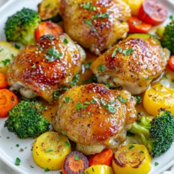 - 4 chicken thighs, skin-on and bone-in - 2 large carrots, sliced into thin rounds - 1 zucchini, cut into half-moons - 1 red bell pepper, sliced into strips - 1 cup broccoli florets - 3 tablespoons honey - 3 tablespoons Dijon mustard - 2 tablespoons extra virgin olive oil - 2 cloves garlic, minced finely - 1 teaspoon dried thyme - Salt and freshly cracked pepper, to taste I love using chicken thighs for this recipe. They stay juicy and tender while roasting. Fresh veggies add color and crunch. I prefer carrots, zucchini, red bell pepper, and broccoli for their great taste and texture. The honey mustard marinade is the star of the dish. I blend honey and Dijon for a sweet and tangy flavor. Adding olive oil helps the marinade stick to the chicken. Garlic gives it a savory kick, while dried thyme adds depth. Finally, salt and pepper enhance the taste of each bite. Make sure to mix the marinade well. This ensures even flavor throughout the chicken and veggies. Each ingredient plays a role, creating a dish that is both delicious and satisfying. {{ingredient_image_2}} 1. Preheat the Oven: Start by setting your oven to 400&deg;F (200&deg;C). This makes sure your chicken cooks evenly. 2. Prepare the Baking Sheet: Line a large baking sheet with parchment paper. This helps with easy cleanup later. 3. Make the Honey Mustard Marinade: In a medium bowl, mix together 3 tablespoons of honey, 3 tablespoons of Dijon mustard, 2 tablespoons of olive oil, 2 minced garlic cloves, 1 teaspoon of dried thyme, and salt and pepper. Whisk until smooth. 1. Arrange the Chicken Thighs: Place the chicken thighs on the baking sheet. Make sure they have space between them. Brush half of the honey mustard marinade over the chicken. This adds great flavor. 2. Coat the Vegetables: In another bowl, combine sliced carrots, zucchini, red bell pepper strips, and broccoli florets. Pour the remaining honey mustard marinade over the vegetables. Toss them well to coat completely. 1. Bake Chicken and Veggies: Put the baking sheet in the oven. Bake for 30-35 minutes. The chicken should reach 165&deg;F (75&deg;C). The veggies will be soft and slightly caramelized. 2. Broil for a Crispy Finish: For extra crunch, switch the oven to broil for 2-3 minutes. Keep a close eye on it to avoid burning. Enjoy this colorful and tasty dish, packed with sweet and tangy flavors! To marinate chicken well, start with fresh thighs. Skin-on and bone-in thighs keep the meat juicy. Mix honey, Dijon mustard, olive oil, garlic, thyme, salt, and pepper for a great marinade. For best results, coat the chicken and let it sit for at least 30 minutes. If you have more time, marinate for up to 4 hours in the fridge. This extra time helps the flavors soak in. Choosing the right veggies is key. Carrots, zucchini, red bell pepper, and broccoli work great together. They bring color and taste. Cut the carrots into thin rounds for quick cooking. Slice the zucchini into half-moons. This shape helps it cook evenly. Cut the bell pepper into strips, and keep broccoli florets small. This way, all the veggies cook at the same rate and taste amazing. Presentation matters! Serve the dish on a big platter to showcase the colors. Drizzle any leftover marinade over the chicken and veggies for added flavor. Fresh parsley makes a great garnish. It adds a pop of green and freshness. For sides, consider a light salad or fluffy rice. These pair well and balance the sweet and tangy flavors of the dish. Pro Tips Marinate for More Flavor: For an even richer taste, marinate the chicken thighs in the honey mustard mixture for a few hours or overnight in the refrigerator before cooking. Veggie Variations: Feel free to swap out the vegetables based on what you have on hand. Asparagus, Brussels sprouts, and sweet potatoes also work beautifully in this dish. Check Chicken Temperature: Always use a meat thermometer to ensure the chicken reaches an internal temperature of 165&deg;F (75&deg;C) for safe consumption. Rest Before Serving: Let the dish rest for about 5 minutes after removing it from the oven to allow the juices to redistribute, keeping the chicken moist. {{image_4}} You can change the flavor of your honey mustard sheet pan chicken with ease. Try using different marinades like teriyaki or barbecue. Both add unique tastes that excite your palate. You can also add herbs or spices to the mix. Smoked paprika gives a nice smoky flavor. Fresh rosemary adds a fragrant touch that brightens the dish. Mix and match until you find your favorite! Switch up the veggies based on what&rsquo;s fresh. Seasonal options like asparagus or Brussels sprouts work well. These veggies can add new flavors and textures to your meal. If you want convenience, use frozen vegetables. They are quick to prepare and still taste great. Just make sure to thaw them before cooking for even results. You don&rsquo;t have to stick to thighs. You can use chicken breasts or drumsticks for variety. Each cut has its own texture and flavor, making the dish feel fresh every time. If you want a meatless option, try tofu or shrimp. Tofu absorbs flavors well and is a great protein source. Shrimp cooks fast and adds a delicious seafood twist to the dish. To keep your Honey Mustard Sheet Pan Chicken & Veggies fresh, refrigerate leftovers within two hours. Use airtight containers to prevent moisture loss. Glass or BPA-free plastic containers work best. Label them with the date, so you know when to use them. This helps you enjoy your meal later without any worries. When reheating, avoid drying out the chicken and veggies. The best method is to use an oven or toaster oven. Preheat to 350&deg;F (175&deg;C). Place the leftovers on a baking sheet, cover with foil to keep moisture in. Heat for about 15-20 minutes or until hot. You can also use a microwave, but check every minute to avoid overcooking. Freezing is a great way to save leftovers. First, let the dish cool completely. Then, place portions in freezer-safe bags or containers. Remove as much air as you can to avoid freezer burn. Label with the date. For best quality, use within three months. When ready to eat, thaw in the fridge overnight before reheating. How long do leftovers last in the fridge? Leftovers from this dish can last up to three days in the fridge. Store them in an airtight container for the best freshness. Can I prepare this recipe ahead of time? Yes, you can prepare this recipe ahead of time. Marinate the chicken and veggies a few hours before cooking. This helps the flavors blend well. What can I use instead of Dijon mustard? You can use yellow mustard or honey mustard if you prefer a milder flavor. Each gives a unique taste to the dish, so try what you like! Is it safe to eat chicken that isn't completely browned? Yes, it is safe as long as the chicken reaches an internal temperature of 165&deg;F (75&deg;C). Color can vary, but always check with a meat thermometer for safety. This dish uses chicken thighs, fresh veggies, and a tasty honey mustard marinade. I walked you through easy steps to prepare, cook, and store your meal. Don&rsquo;t forget tips for choosing the best ingredients and serving ideas. Feel free to experiment with different flavors and veggies or even swap the chicken for other proteins. These variations can keep your meals fresh and exciting. Enjoy this healthy and delicious dinner option!
