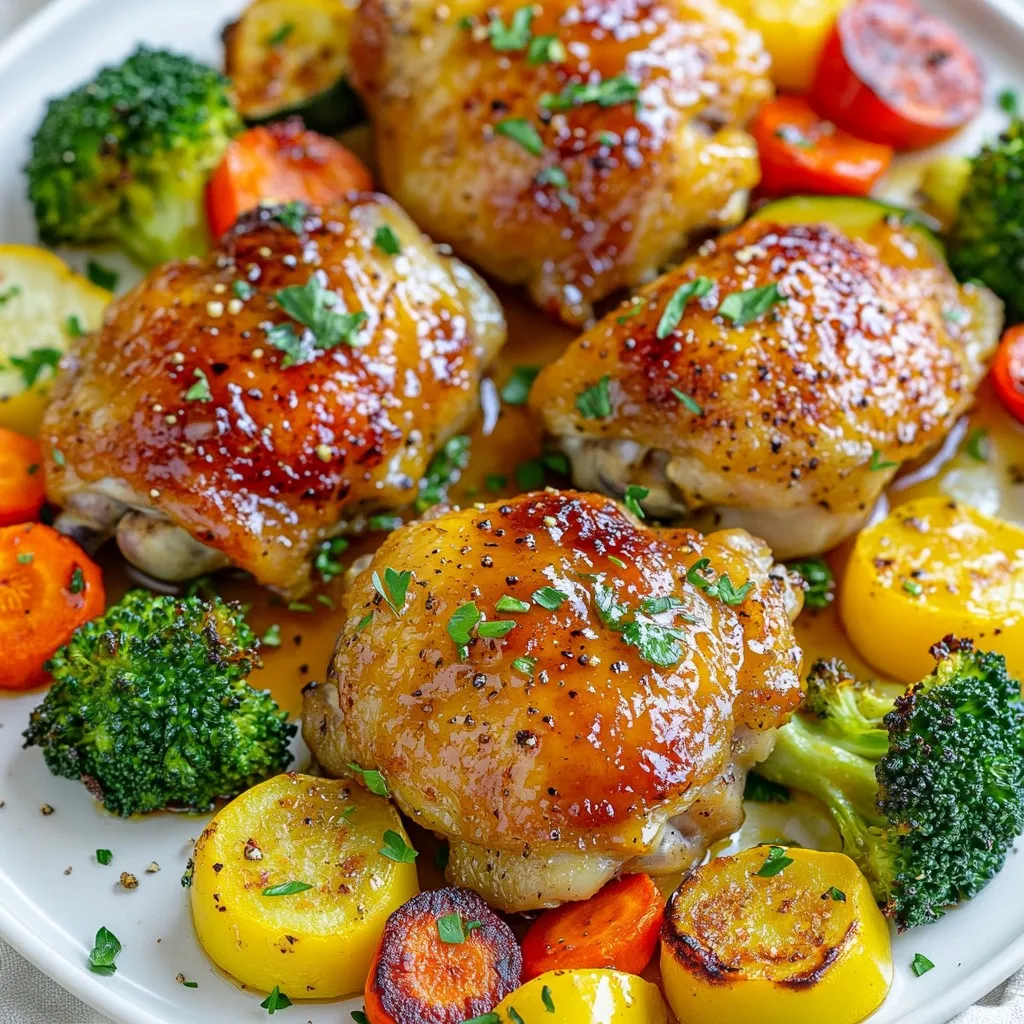 - 4 chicken thighs, skin-on and bone-in - 2 large carrots, sliced into thin rounds - 1 zucchini, cut into half-moons - 1 red bell pepper, sliced into strips - 1 cup broccoli florets - 3 tablespoons honey - 3 tablespoons Dijon mustard - 2 tablespoons extra virgin olive oil - 2 cloves garlic, minced finely - 1 teaspoon dried thyme - Salt and freshly cracked pepper, to taste I love using chicken thighs for this recipe. They stay juicy and tender while roasting. Fresh veggies add color and crunch. I prefer carrots, zucchini, red bell pepper, and broccoli for their great taste and texture. The honey mustard marinade is the star of the dish. I blend honey and Dijon for a sweet and tangy flavor. Adding olive oil helps the marinade stick to the chicken. Garlic gives it a savory kick, while dried thyme adds depth. Finally, salt and pepper enhance the taste of each bite. Make sure to mix the marinade well. This ensures even flavor throughout the chicken and veggies. Each ingredient plays a role, creating a dish that is both delicious and satisfying. {{ingredient_image_2}} 1. Preheat the Oven: Start by setting your oven to 400°F (200°C). This makes sure your chicken cooks evenly. 2. Prepare the Baking Sheet: Line a large baking sheet with parchment paper. This helps with easy cleanup later. 3. Make the Honey Mustard Marinade: In a medium bowl, mix together 3 tablespoons of honey, 3 tablespoons of Dijon mustard, 2 tablespoons of olive oil, 2 minced garlic cloves, 1 teaspoon of dried thyme, and salt and pepper. Whisk until smooth. 1. Arrange the Chicken Thighs: Place the chicken thighs on the baking sheet. Make sure they have space between them. Brush half of the honey mustard marinade over the chicken. This adds great flavor. 2. Coat the Vegetables: In another bowl, combine sliced carrots, zucchini, red bell pepper strips, and broccoli florets. Pour the remaining honey mustard marinade over the vegetables. Toss them well to coat completely. 1. Bake Chicken and Veggies: Put the baking sheet in the oven. Bake for 30-35 minutes. The chicken should reach 165°F (75°C). The veggies will be soft and slightly caramelized. 2. Broil for a Crispy Finish: For extra crunch, switch the oven to broil for 2-3 minutes. Keep a close eye on it to avoid burning. Enjoy this colorful and tasty dish, packed with sweet and tangy flavors! To marinate chicken well, start with fresh thighs. Skin-on and bone-in thighs keep the meat juicy. Mix honey, Dijon mustard, olive oil, garlic, thyme, salt, and pepper for a great marinade. For best results, coat the chicken and let it sit for at least 30 minutes. If you have more time, marinate for up to 4 hours in the fridge. This extra time helps the flavors soak in. Choosing the right veggies is key. Carrots, zucchini, red bell pepper, and broccoli work great together. They bring color and taste. Cut the carrots into thin rounds for quick cooking. Slice the zucchini into half-moons. This shape helps it cook evenly. Cut the bell pepper into strips, and keep broccoli florets small. This way, all the veggies cook at the same rate and taste amazing. Presentation matters! Serve the dish on a big platter to showcase the colors. Drizzle any leftover marinade over the chicken and veggies for added flavor. Fresh parsley makes a great garnish. It adds a pop of green and freshness. For sides, consider a light salad or fluffy rice. These pair well and balance the sweet and tangy flavors of the dish. Pro Tips Marinate for More Flavor: For an even richer taste, marinate the chicken thighs in the honey mustard mixture for a few hours or overnight in the refrigerator before cooking. Veggie Variations: Feel free to swap out the vegetables based on what you have on hand. Asparagus, Brussels sprouts, and sweet potatoes also work beautifully in this dish. Check Chicken Temperature: Always use a meat thermometer to ensure the chicken reaches an internal temperature of 165°F (75°C) for safe consumption. Rest Before Serving: Let the dish rest for about 5 minutes after removing it from the oven to allow the juices to redistribute, keeping the chicken moist. {{image_4}} You can change the flavor of your honey mustard sheet pan chicken with ease. Try using different marinades like teriyaki or barbecue. Both add unique tastes that excite your palate. You can also add herbs or spices to the mix. Smoked paprika gives a nice smoky flavor. Fresh rosemary adds a fragrant touch that brightens the dish. Mix and match until you find your favorite! Switch up the veggies based on what’s fresh. Seasonal options like asparagus or Brussels sprouts work well. These veggies can add new flavors and textures to your meal. If you want convenience, use frozen vegetables. They are quick to prepare and still taste great. Just make sure to thaw them before cooking for even results. You don’t have to stick to thighs. You can use chicken breasts or drumsticks for variety. Each cut has its own texture and flavor, making the dish feel fresh every time. If you want a meatless option, try tofu or shrimp. Tofu absorbs flavors well and is a great protein source. Shrimp cooks fast and adds a delicious seafood twist to the dish. To keep your Honey Mustard Sheet Pan Chicken & Veggies fresh, refrigerate leftovers within two hours. Use airtight containers to prevent moisture loss. Glass or BPA-free plastic containers work best. Label them with the date, so you know when to use them. This helps you enjoy your meal later without any worries. When reheating, avoid drying out the chicken and veggies. The best method is to use an oven or toaster oven. Preheat to 350°F (175°C). Place the leftovers on a baking sheet, cover with foil to keep moisture in. Heat for about 15-20 minutes or until hot. You can also use a microwave, but check every minute to avoid overcooking. Freezing is a great way to save leftovers. First, let the dish cool completely. Then, place portions in freezer-safe bags or containers. Remove as much air as you can to avoid freezer burn. Label with the date. For best quality, use within three months. When ready to eat, thaw in the fridge overnight before reheating. How long do leftovers last in the fridge? Leftovers from this dish can last up to three days in the fridge. Store them in an airtight container for the best freshness. Can I prepare this recipe ahead of time? Yes, you can prepare this recipe ahead of time. Marinate the chicken and veggies a few hours before cooking. This helps the flavors blend well. What can I use instead of Dijon mustard? You can use yellow mustard or honey mustard if you prefer a milder flavor. Each gives a unique taste to the dish, so try what you like! Is it safe to eat chicken that isn't completely browned? Yes, it is safe as long as the chicken reaches an internal temperature of 165°F (75°C). Color can vary, but always check with a meat thermometer for safety. This dish uses chicken thighs, fresh veggies, and a tasty honey mustard marinade. I walked you through easy steps to prepare, cook, and store your meal. Don’t forget tips for choosing the best ingredients and serving ideas. Feel free to experiment with different flavors and veggies or even swap the chicken for other proteins. These variations can keep your meals fresh and exciting. Enjoy this healthy and delicious dinner option!