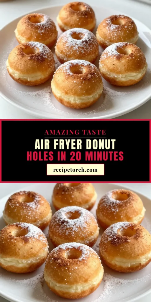 Satisfy your sweet tooth with these irresistible air fryer donut holes! This easy donut holes recipe combines simple ingredients for deliciously homemade donut holes that are perfect for any occasion. Toss them in cinnamon sugar for an added treat. These air fryer desserts are a family favorite! Try this quick recipe today and enjoy warm, fluffy indulgence. Save and share for a delightful dessert! #AirFryerDonutHoles #EasyDonutHolesRecipe #HomemadeDonutHoles #AirFryerDesserts