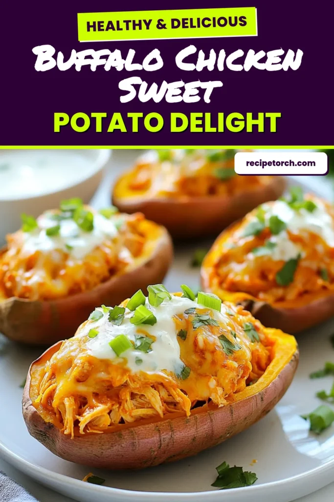 Discover the deliciously satisfying Buffalo Chicken Stuffed Sweet Potatoes, a perfect fusion of flavors for your next meal. This healthy Buffalo Chicken recipe combines tender sweet potatoes with zesty buffalo chicken filling topped with gooey cheddar. Ideal as a Sweet Potato dinner idea, this stuffed sweet potatoes recipe is a crowd-pleaser. Try it today and impress your loved ones! Save this recipe now! #BuffaloChickenSweetPotatoes #StuffedSweetPotatoesRecipe #HealthyBuffaloChickenRecipe #CheesyBuffaloChickenBake
