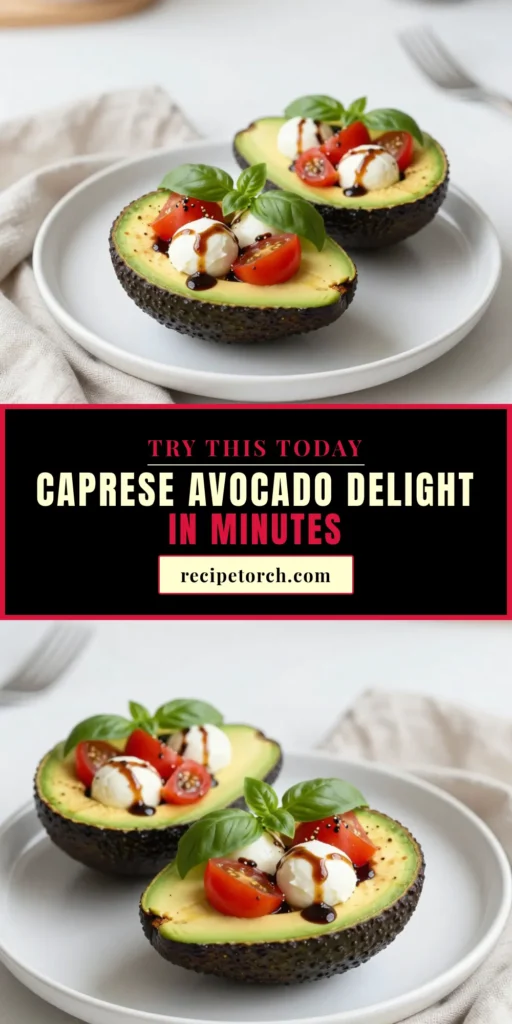 Discover the perfect combination of flavors with these Caprese stuffed avocados! This healthy appetizer recipe features fresh mozzarella, juicy cherry tomatoes, and fragrant basil, all drizzled with tangy balsamic glaze. It's an easy and delicious way to elevate your avocado recipes. Enjoy this vibrant mozzarella tomato salad as a nutritious bite for any occasion. Save this recipe to bring freshness to your table! #CapreseStuffedAvocados #AvocadoRecipes #HealthyAppetizerRecipes #BalsamicGlazeRecipes