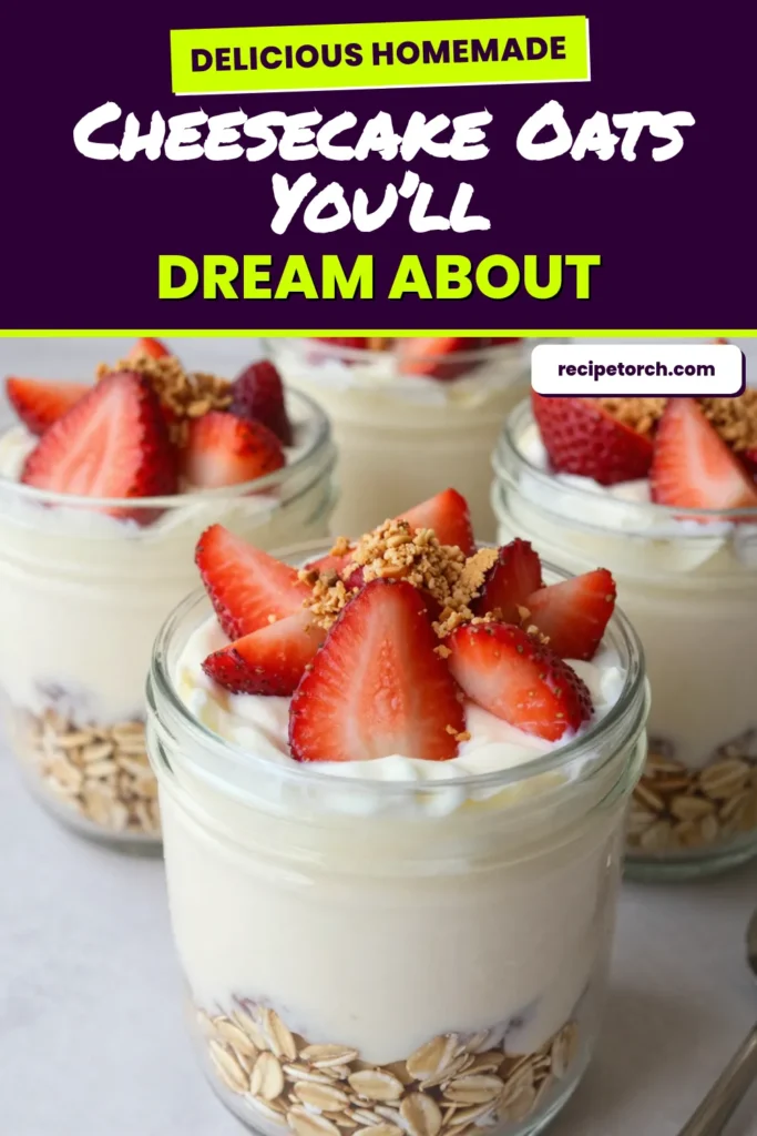 Start your day deliciously with Strawberry Cheesecake Overnight Oats! This easy overnight oats recipe combines rolled oats, Greek yogurt, and fresh strawberries for a healthy breakfast idea you&rsquo;ll love. Perfect as a no-cook breakfast recipe, this dish is both nutritious and satisfying. Simply mix, refrigerate, and enjoy! Don&rsquo;t miss out on this easy strawberry recipe that will transform your mornings. Save it for later! #HealthyBreakfast #OvernightOats #StrawberryRecipe #NoCookRecipes