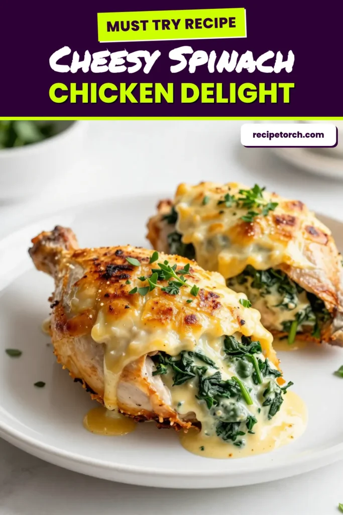 Indulge in this Cheesy Spinach Stuffed Chicken that combines tender chicken breast with a creamy spinach filling for a deliciously healthy chicken dinner. This easy stuffed chicken recipe is packed with flavor, featuring cream cheese, mozzarella, and Parmesan. Perfect for weeknight meals, this spinach stuffed chicken breast is sure to impress! Try it today and elevate your dinner game! Save this recipe now! #CheesySpinachStuffedChicken #HealthyDinner #EasyChickenRecipe #StuffedChicken