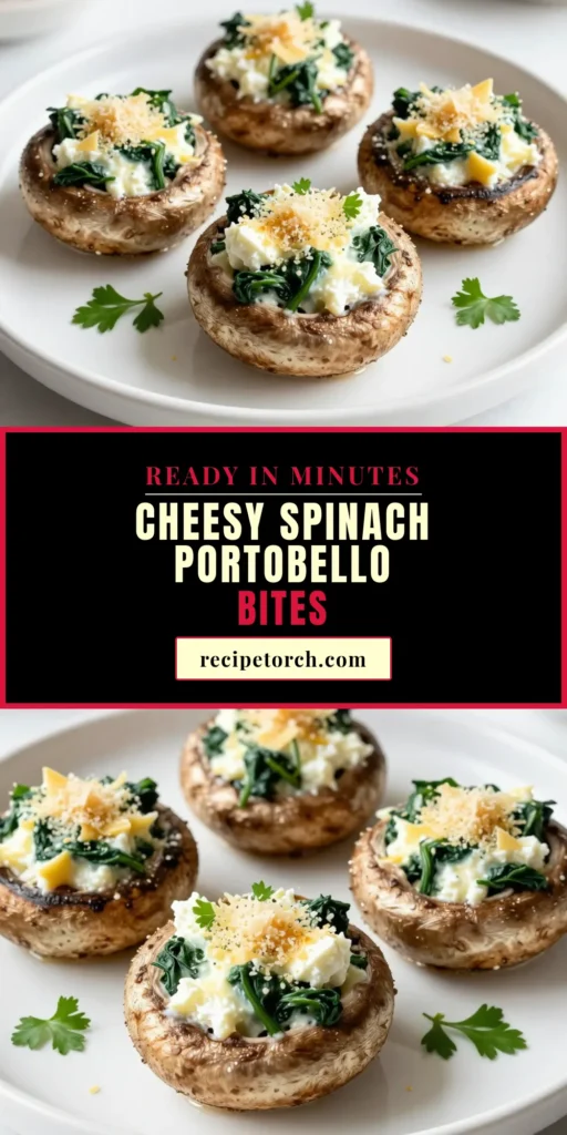 Indulge in these Cheesy Spinach Stuffed Portobello Mushrooms&mdash;a perfect addition to your collection of stuffed mushroom recipes. This vegetarian appetizer features a creamy spinach and cheese dish that will wow your guests. With simple oven-baked mushroom recipes like this, entertaining is a breeze. Save this recipe for your next gathering and bring a burst of flavor to your table! #CheesyMushrooms #VegetarianAppetizers #MushroomRecipes #OvenBakedVegetables