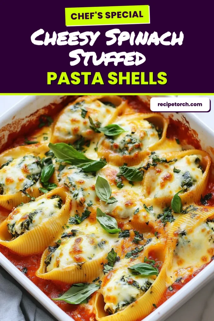 Savor the delightful flavors of spinach ricotta stuffed shells, a perfect vegetarian pasta bake that&rsquo;s both comforting and easy to make! This jumbo pasta shells recipe combines fresh spinach and creamy ricotta for a delicious and satisfying meal that your family will love. Elevate your dinner with this easy pasta recipe that&rsquo;s sure to impress. Try it today and save for later! #PastaRecipes #VegetarianDinner #StuffedShells #EasyCooking