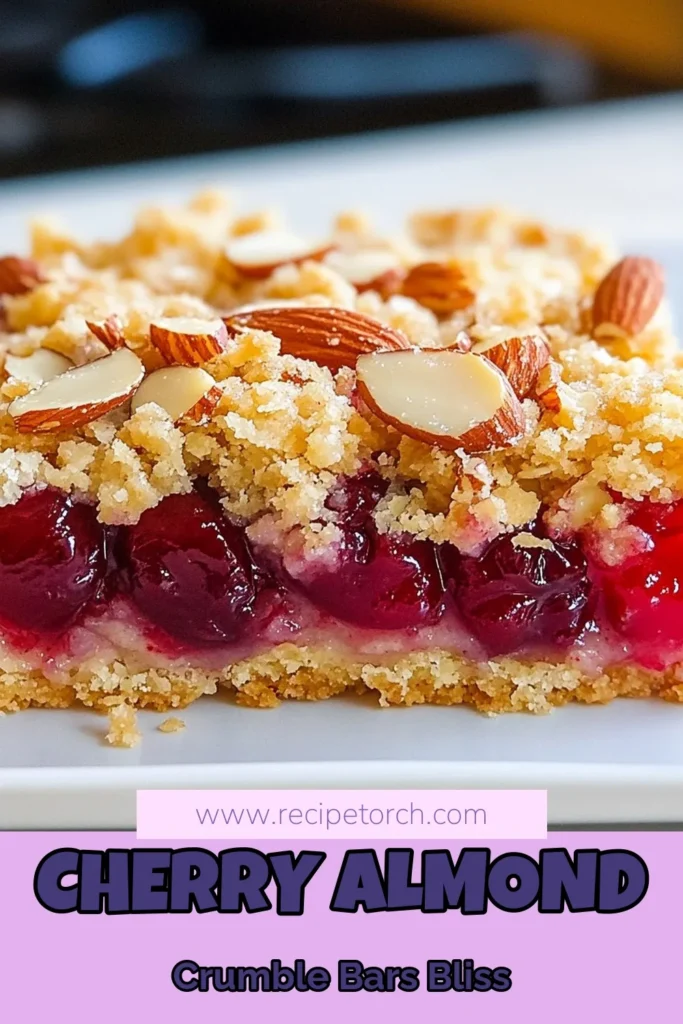 Indulge in these delicious cherry almond crumble bars, the perfect addition to your cherry dessert recipes collection! This easy fruit crumble recipe combines fresh or frozen cherries with almond flour for a delightful treat. Bake a batch of these scrumptious almond flour bars, topped with crunchy sliced almonds, and enjoy baked cherry treats that everyone will love. Try this simple recipe today and save for later! #CherryAlmondCrumbleBars #CherryDessertRecipes #EasyFruitCrumble #BakedCherryTreats
