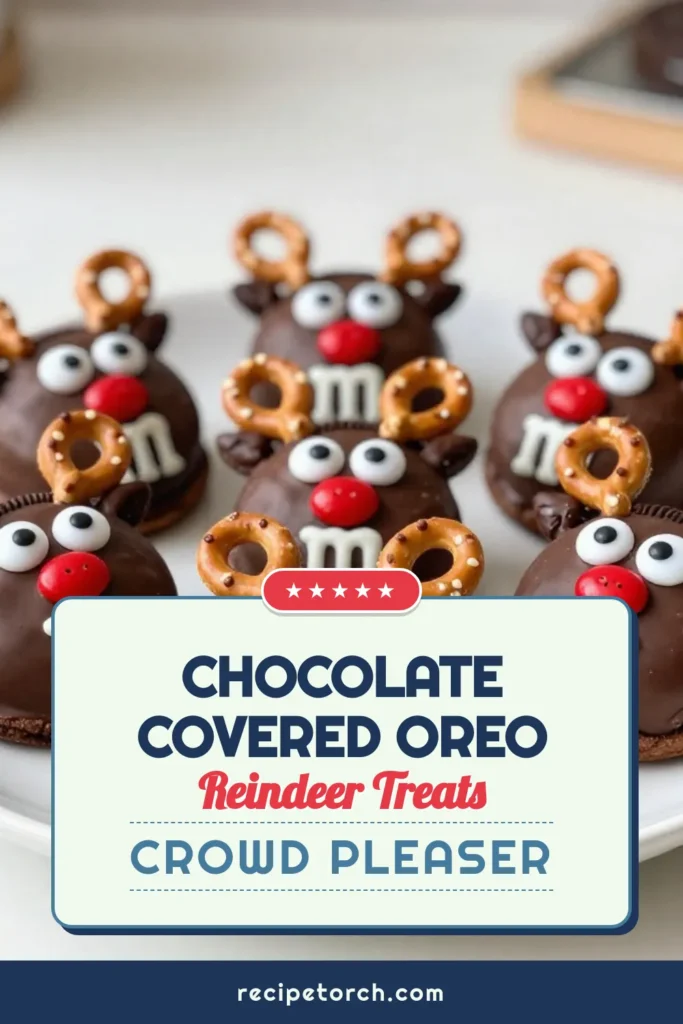 Create delightful Holiday Treats with this easy Reindeer Cookies Recipe! These Chocolate Covered Oreos transform into adorable reindeer, making them perfect Christmas Desserts. With just a few simple ingredients, you'll whip up festive snacks that impress friends and family. Don&rsquo;t miss out on this fun holiday activity! Save now and bring some joy to your celebrations! #ChocolateCoveredOreos #ReindeerCookies #HolidayTreats #ChristmasDesserts